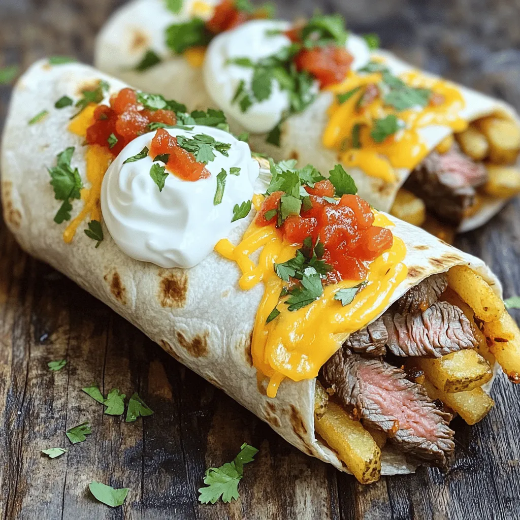 - 1 lb flank steak, thinly sliced - 2 large potatoes, peeled and cut into fry shapes - 1 cup shredded cheddar cheese - 4 large flour tortillas - 1 teaspoon garlic powder - 1 teaspoon paprika - 1 teaspoon onion powder - Fresh cilantro, chopped (for garnish) - 1/2 cup sour cream - 1/4 cup salsa - Oil for frying - Salt and pepper to taste When making Steak & Cheese Dirty Fry Burritos, the right ingredients matter. You start with flank steak, which gives a rich flavor. Potatoes make crispy fries that add a nice crunch. The cheddar cheese melts beautifully, tying everything together. Flour tortillas hold it all in and make the burrito easy to eat. For seasoning, garlic powder, paprika, and onion powder bring depth to the meat. Fresh cilantro adds a bright touch when you serve. Sour cream and salsa give a creamy and tangy finish. Use oil for frying to get those fries just right. Don't forget salt and pepper to enhance all the tastes. The full recipe walks you through every step. It’s simple and rewarding. Enjoy these burritos with friends or family for a fun meal! To start, heat oil in a deep frying pan. Set the heat to medium-high. When the oil reaches 350°F (175°C), it’s time to fry. Carefully add the cut potatoes to the hot oil. Fry them in small batches to keep them crispy. Cook for about 5-7 minutes or until golden brown. Use a slotted spoon to take them out. Place the fries on paper towels to drain. While they are warm, sprinkle them with salt. Next, grab a large skillet and add a tablespoon of oil. Heat it over medium-high heat. In a bowl, mix the flank steak with garlic powder, paprika, onion powder, salt, and pepper. Make sure each piece is coated well. Add the steak to the skillet. Sear it for about 4-5 minutes, stirring often. Cook until the meat is brown and done to your liking. Once cooked, remove it from heat and set it aside. Now it's time to build the burritos. Take a large flour tortilla and lay it flat. In the center, add a good amount of the cooked steak. Next, add a handful of crispy fries. Top it with shredded cheddar cheese. Then, add a dollop of sour cream and a spoonful of salsa. These layers bring great flavor! To roll the burrito, fold the sides of the tortilla in. Starting from the bottom, roll it tightly upward. Tuck in the edges as you roll to keep everything inside. For a crispy finish, heat the same skillet again. Lightly grease it with oil. Place the rolled burritos seam-side down in the skillet. Fry for about 2-3 minutes on each side. You want them golden brown and crispy. This step makes your burrito a crunchy treat. After frying, slice the burritos in half for an appealing look. Garnish with freshly chopped cilantro. Serve with extra sour cream and salsa on the side for dipping. Follow these steps closely for a delicious meal. For the full recipe, check the complete instructions above. - Ensure oil is at the correct temperature. This means heating it to 350°F (175°C). If the oil is too cold, the fries will soak up too much oil. If too hot, they can burn. - Avoid overcrowding the pan. Fry in small batches to keep the oil hot. This gives you crispy fries that are golden and delicious. - Tuck in edges to prevent spilling. This helps keep all the tasty fillings inside the burrito. - Use a light hand when rolling. Too tight can squish the burrito, while too loose may let it fall apart. Aim for a snug fit that keeps everything secure. - Add hot sauce for heat. A few drops can really amp up the flavor and spice. - Experiment with different cheeses. Try pepper jack, mozzarella, or even a blend. Each cheese brings its own unique taste and creaminess to the burrito. For the full details on making these tasty burritos, check out the Full Recipe. {{image_4}} You can make a tasty vegetarian version of this dish. Just substitute the steak with grilled vegetables. Bell peppers, zucchini, and onions work well. For a vegan option, use plant-based cheese. This way, everyone can enjoy the deliciousness. Feel free to swap out some ingredients for fun twists. Try sweet potatoes instead of regular fries. The sweetness adds a nice flavor. You can also use different types of cheese. Pepper jack gives a spicy kick that many love. You can add a bit of flair to your burrito. Try adding jalapeños for a Southwestern twist. They bring heat and flavor. Another fun idea is to incorporate BBQ sauce. This gives the dish a unique taste that surprises your taste buds. You need to keep leftover burritos in an airtight container in the fridge. This method helps maintain their flavor and texture. Enjoy them within 3-4 days for the best taste. To freeze your burritos, wrap them individually in foil. This keeps them fresh and avoids freezer burn. You can freeze them for up to 3 months. When you want one, just take it out and reheat! For the best texture, I recommend reheating in the microwave or oven. If you prefer skillet frying leftover burritos, add a little oil. This step helps make them crisp again, enhancing your meal experience. To make these burritos, start by frying the potatoes. Here’s how: - Ingredients: - 1 lb flank steak, thinly sliced - 2 large potatoes, peeled and cut into fry shapes - 1 cup shredded cheddar cheese - 4 large flour tortillas - 1 teaspoon garlic powder - 1 teaspoon paprika - 1 teaspoon onion powder - Salt and pepper to taste - Oil for frying - 1/2 cup sour cream - 1/4 cup salsa - Fresh cilantro, chopped (for garnish) 1. Prepare the Fries: Heat oil to 350°F (175°C). Fry the cut potatoes for 5-7 minutes until golden. Drain on paper towels and season with salt. 2. Cook the Steak: In a skillet with oil, toss the flank steak with spices. Sear for 4-5 minutes until browned. 3. Assemble the Burritos: Lay a tortilla flat. Add steak, fries, cheese, sour cream, and salsa in the center. 4. Roll the Burrito: Fold the sides and roll tightly from the bottom. 5. Finish with a Crunch: Fry the rolled burritos seam-side down in a greased skillet for 2-3 minutes on each side until golden. 6. Serve: Cut the burritos in half and garnish with cilantro. Enjoy with extra sour cream and salsa on the side. Yes, you can! Chicken or pork works well. For chicken, use grilled strips for quick cooking. For pork, try thinly sliced tenderloin. Both options add unique flavors. Adjust spices to match the meat you choose. To keep the fries crispy, let them cool before adding them to the burrito. This prevents steam from making them soggy. You can also fry them just before assembling the burritos for the best crunch. You can serve these burritos with many tasty dips. Guacamole adds a creamy touch. Spicy ranch gives a nice kick. You might also try queso for a cheesy delight or fresh salsa for a zesty flavor. These dips enhance the burrito experience. You learned how to make tasty Steak & Cheese Dirty Fry Burritos. We covered all the key steps, from selecting fresh ingredients to frying and rolling your burritos. I shared helpful tips for perfect fries and variations for every taste. Storage advice ensures you enjoy every bite later. Explore different meats, dips, and flavors to make this dish your own. Now, get creative in the kitchen and enjoy!