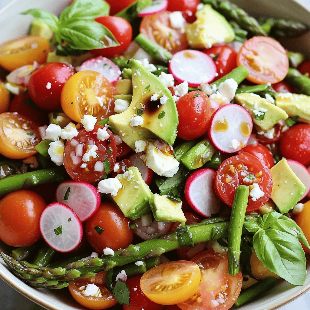 To make a tasty fresh asparagus salad, gather these ingredients: - 1 bunch of fresh asparagus, trimmed and cut into 1-inch pieces - 1 cup cherry tomatoes, halved - 1/2 cup radishes, thinly sliced - 1/4 cup red onion, finely sliced - 1 ripe avocado, diced into cubes - 1/4 cup crumbled feta cheese - 2 tablespoons extra virgin olive oil - 1 tablespoon balsamic vinegar - 1 teaspoon honey - Salt and black pepper, to taste - Fresh basil leaves, for garnish You need a few tools to prepare your fresh asparagus salad: - A large pot for boiling water - A bowl for ice water - A cutting board for chopping - A sharp knife for slicing - A large mixing bowl for the salad - A whisk for making the dressing - A spatula for tossing the salad When choosing asparagus, look for these key points: - Color: Choose bright green stalks. Avoid yellow or dull ones. - Firmness: The stalks should feel firm and crisp. - Tips: The tips should be tightly closed and not mushy. - Size: Thicker stalks tend to have a richer flavor, while thinner ones are more tender. These tips help you find the best asparagus for your salad. You want fresh and vibrant ingredients to make your dish shine. For the full recipe, check out the Crunchy Spring Asparagus Salad. Start by filling a pot with water. Add a pinch of salt and bring it to a boil. Once the water is boiling, add the fresh asparagus pieces. Blanch them for about 2-3 minutes. You want them to be bright green but still crisp. After blanching, transfer the asparagus to a bowl filled with ice water. This stops the cooking. Let them cool for a few minutes, then drain and pat them dry with paper towels. In a large mixing bowl, combine the blanched asparagus, halved cherry tomatoes, thinly sliced radishes, finely sliced red onion, and diced avocado. Use a gentle motion to mix the ingredients. You want everything to blend without mashing the creamy avocado. This step is crucial for keeping the salad fresh and vibrant. In a small bowl, whisk together the extra virgin olive oil, balsamic vinegar, honey, a pinch of salt, and freshly cracked black pepper. Mix until the dressing is smooth and well combined. Drizzle this dressing over the salad mixture. Use a spatula to toss everything gently. This ensures even coating without squashing the avocado pieces. Finally, sprinkle crumbled feta cheese on top for added flavor. For complete details, check the Full Recipe. To blanch asparagus, you need boiling water. Fill a pot with water, add salt, and bring it to a boil. When the water bubbles, add your trimmed asparagus. Blanch for 2-3 minutes until the color brightens. This method keeps the asparagus crisp and vibrant. After blanching, use ice water to stop the cooking. This step is key for keeping the bright green color. Fresh asparagus salad pairs well with many meals. You can serve it with grilled chicken or fish for a healthy dinner. It also works great as a side for pasta dishes. If you want a light lunch, add some chickpeas or quinoa for extra protein. The flavors mix well with lemon or garlic. Try adding a sprinkle of nuts for crunch and flavor. A beautiful salad is all about presentation. Use a large, shallow bowl to show off the colorful ingredients. Arrange everything in a way that looks inviting. Place avocado slices on top for a creamy finish. Scatter fresh basil leaves to add a pop of color. This not only looks nice but also makes your dish more appealing. For a great finishing touch, drizzle some dressing on top right before serving. {{image_4}} You can add proteins to make this salad even better. Try grilled chicken for a hearty touch. Cook it on the grill, slice it thin, and mix it in. Shrimp is another fun option. Sauté shrimp in garlic and olive oil until they turn pink. Toss them in for a tasty twist. Tofu is great, too, for a plant-based version. Just marinate and grill or pan-fry it. Switching up the dressing can change the whole salad. Instead of balsamic, use lemon juice for a zesty kick. A yogurt-based dressing can add creaminess without too many calories. You might try a tahini dressing for a nutty flavor. Just mix tahini with lemon juice and a bit of garlic. Each dressing brings a new vibe, so feel free to experiment. Using seasonal ingredients keeps the salad fresh and fun. In summer, add sweet corn or cucumber for crunch. In fall, roasted butternut squash can bring warmth. Use pomegranate seeds in winter for a pop of color and flavor. Spring means you can include peas or radishes for extra crispness. By swapping ingredients, you keep your salad exciting all year round. To keep your fresh asparagus salad tasty, store it in an airtight container. Place it in the fridge. This keeps the flavors bright and the veggies crisp. Use leftovers within two days for the best taste. If you see any signs of wilting, it’s best to toss them. To keep asparagus fresh, store it upright in a jar with water. Cover the top with a plastic bag. This method mimics how flowers stay fresh. Change the water every couple of days. If you have trimmed asparagus, wrap the ends in a damp paper towel. Then, place it in a plastic bag before storing in the fridge. This helps maintain moisture. You might want to refresh leftover salad. Add more dressing if it seems dry. A squeeze of lemon juice can brighten it up, too. If you prefer warm asparagus, quickly sauté it in a pan over medium heat. Just a minute or two will warm it without losing crunch. Enjoy your fresh asparagus salad any way you like! Yes, you can prepare this salad ahead of time. I suggest making the salad mixture and storing it in the fridge. Keep the dressing separate until just before serving. This way, your salad stays crisp and fresh. If you mix it all together too early, the veggies may get soggy. Asparagus is a superfood packed with nutrients. It is low in calories but rich in vitamins A, C, E, and K. It's also high in fiber, which helps digestion. Asparagus contains antioxidants that fight free radicals. These benefits may help lower the risk of chronic diseases. Fresh asparagus can last up to a week in the fridge. To keep it fresh, store it upright in a jar with water, like a bouquet. Cover the tops with a plastic bag. This method helps keep the asparagus crisp and tasty. If you notice it getting limp or dark, it’s time to toss it. For the full recipe, check out the Crunchy Spring Asparagus Salad. This article covered everything you need for a fresh asparagus salad. We discussed the key ingredients, essential tools, and how to select the best asparagus. You learned how to prepare the salad, dressing, and blanch asparagus to perfection. I shared tips on variations, serving ideas, and how to store leftovers. Asparagus is healthy, tasty, and easy to work with. Make this salad your own by trying different ingredients and flavors. Enjoy your fresh asparagus salad and impress your friends and family!