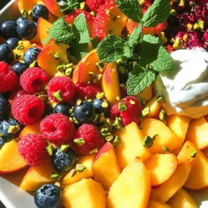 - 3 ripe peaches, diced - 1 cup fresh strawberries, hulled and sliced - 1 cup fresh blueberries, rinsed - 1 cup fresh raspberries, rinsed - 1 tablespoon freshly squeezed lemon juice - 1 tablespoon honey or maple syrup - 1 tablespoon fresh mint leaves, finely chopped - ½ cup Greek yogurt for creaminess - Crushed pistachios for garnish When I make this Peach Berry Fruit Salad, I focus on fresh and ripe fruits. The key is using peaches that are juicy and sweet. Strawberries should be bright red and fragrant. Blueberries and raspberries add a burst of flavor and color. For the dressing, I love freshly squeezed lemon juice. It adds a zesty kick. Honey or maple syrup gives a touch of sweetness. The mint leaves bring a refreshing note that ties everything together. You can add Greek yogurt for a creamy touch. It makes the salad richer and adds protein. Crushed pistachios are great for a crunchy topping. They also add a nice nutty flavor. Each ingredient plays a part in making this salad a fresh and tasty experience. You can find the full recipe above to create your own delightful dish. First, grab a large mixing bowl. Combine the diced peaches, sliced strawberries, blueberries, and raspberries in this bowl. Make sure you use fresh fruit for the best taste. Gently toss the fruits together using a spatula or wooden spoon. Be careful not to bruise the delicate berries. This step helps keep your salad looking beautiful and fresh. Next, take a small bowl for the dressing. Whisk together the freshly squeezed lemon juice and honey (or maple syrup) until the mixture is smooth. This dressing adds a sweet and tangy flavor to your salad. It’s easy to make and takes just a moment. Now, it’s time to bring it all together. Drizzle the lemon-honey dressing over the mixed fruit. Carefully toss the fruit again, ensuring every piece is lightly coated. This dressing gives each bite a burst of flavor. After that, sprinkle the finely chopped mint leaves over the salad. Gently fold them into the fruit mixture for a fresh, herbal touch. If you want a creamier texture, you can serve the salad with a dollop of Greek yogurt. This adds richness and protein to the dish. Finally, finish with a light sprinkle of crushed pistachios on top. This adds a nice crunch that pairs well with the sweet fruit. You can find the full recipe [here]. Layer your salad in clear glass bowls for a vibrant display. This shows off the bright colors of each fruit. Serve immediately for the freshest taste. The fruits shine best right after you make the salad. Consider adding cucumber for added crunch. It gives a nice contrast to the soft fruits. You can also use seasonal fruits for variation. Think of using cherries in summer or apples in fall. Serve with a dollop of Greek yogurt for creaminess. This adds a rich flavor that pairs well with the fruits. You can also enjoy it with a light afternoon tea or picnic foods. It makes a refreshing side dish for any meal. {{image_4}} You can change up the fruits based on the season. Swap peaches for nectarines or plums in summer. Their sweet and juicy flavors work great. In winter, try adding citrus segments, like orange or grapefruit. These fruits give a fresh twist to your salad. If you want to make this salad vegan, skip the Greek yogurt. Use maple syrup instead of honey for sweetness. You can also add nuts or seeds, like almonds or chia seeds. This makes your salad more filling and packed with nutrition. To boost the flavor, add a splash of vanilla extract to the dressing. It adds a warm, sweet note. You can also sprinkle a tiny pinch of salt. This simple trick enhances the sweetness of the fruits. For the full recipe, check out the detailed instructions above. To keep your Peach Berry Fruit Salad fresh, store it in an airtight container in the fridge. This helps protect the fruit from drying out or absorbing other odors. Enjoy your salad within 1-2 days for the best taste and texture. After that, the fruit may start to lose its juicy goodness. If you want to save some fruit for later, think about freezing the fruit before mixing. This method is great for when you want a taste of summer in winter. While the salad is best enjoyed fresh, you can freeze it for up to a month. Just remember that freezing may change the texture, so it’s best for smoothies or quick snacks later on. Yes, but for best flavor, prepare the dressing separately and combine right before serving. This keeps the fruit fresh and prevents sogginess. You can use any berries, apples, or melons for great results. Feel free to mix and match based on what you have. Add granola or nuts to increase texture and nutritional value. This adds crunch and makes the salad hearty. Yes, especially if ingredients are stored separately until ready to serve. This way, all the flavors stay bright and fresh. Modify the amount of honey or use a sugar substitute as desired. Taste as you go to find your perfect balance. For the Full Recipe, refer back to the earlier sections. Enjoy your Peach Berry Fruit Salad! This blog post shared a simple fruit salad recipe with fresh peaches, strawberries, blueberries, and raspberries. The delicious dressing adds a zesty touch with lemon and honey. You’ll love the tips for presentation and storage, like using Greek yogurt for creaminess. Remember, you can switch fruits to suit the season or your taste. Enjoy making this refreshing salad for your next meal or picnic. It’s a crowd-pleaser that’s easy and fun to customize!