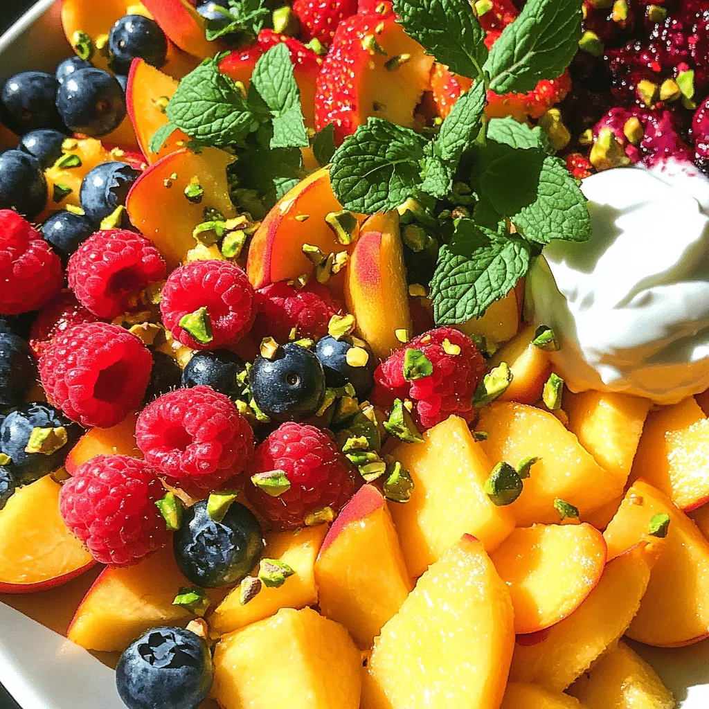 - 3 ripe peaches, diced - 1 cup fresh strawberries, hulled and sliced - 1 cup fresh blueberries, rinsed - 1 cup fresh raspberries, rinsed - 1 tablespoon freshly squeezed lemon juice - 1 tablespoon honey or maple syrup - 1 tablespoon fresh mint leaves, finely chopped - ½ cup Greek yogurt for creaminess - Crushed pistachios for garnish When I make this Peach Berry Fruit Salad, I focus on fresh and ripe fruits. The key is using peaches that are juicy and sweet. Strawberries should be bright red and fragrant. Blueberries and raspberries add a burst of flavor and color. For the dressing, I love freshly squeezed lemon juice. It adds a zesty kick. Honey or maple syrup gives a touch of sweetness. The mint leaves bring a refreshing note that ties everything together. You can add Greek yogurt for a creamy touch. It makes the salad richer and adds protein. Crushed pistachios are great for a crunchy topping. They also add a nice nutty flavor. Each ingredient plays a part in making this salad a fresh and tasty experience. You can find the full recipe above to create your own delightful dish. First, grab a large mixing bowl. Combine the diced peaches, sliced strawberries, blueberries, and raspberries in this bowl. Make sure you use fresh fruit for the best taste. Gently toss the fruits together using a spatula or wooden spoon. Be careful not to bruise the delicate berries. This step helps keep your salad looking beautiful and fresh. Next, take a small bowl for the dressing. Whisk together the freshly squeezed lemon juice and honey (or maple syrup) until the mixture is smooth. This dressing adds a sweet and tangy flavor to your salad. It’s easy to make and takes just a moment. Now, it’s time to bring it all together. Drizzle the lemon-honey dressing over the mixed fruit. Carefully toss the fruit again, ensuring every piece is lightly coated. This dressing gives each bite a burst of flavor. After that, sprinkle the finely chopped mint leaves over the salad. Gently fold them into the fruit mixture for a fresh, herbal touch. If you want a creamier texture, you can serve the salad with a dollop of Greek yogurt. This adds richness and protein to the dish. Finally, finish with a light sprinkle of crushed pistachios on top. This adds a nice crunch that pairs well with the sweet fruit. You can find the full recipe [here]. Layer your salad in clear glass bowls for a vibrant display. This shows off the bright colors of each fruit. Serve immediately for the freshest taste. The fruits shine best right after you make the salad. Consider adding cucumber for added crunch. It gives a nice contrast to the soft fruits. You can also use seasonal fruits for variation. Think of using cherries in summer or apples in fall. Serve with a dollop of Greek yogurt for creaminess. This adds a rich flavor that pairs well with the fruits. You can also enjoy it with a light afternoon tea or picnic foods. It makes a refreshing side dish for any meal. {{image_4}} You can change up the fruits based on the season. Swap peaches for nectarines or plums in summer. Their sweet and juicy flavors work great. In winter, try adding citrus segments, like orange or grapefruit. These fruits give a fresh twist to your salad. If you want to make this salad vegan, skip the Greek yogurt. Use maple syrup instead of honey for sweetness. You can also add nuts or seeds, like almonds or chia seeds. This makes your salad more filling and packed with nutrition. To boost the flavor, add a splash of vanilla extract to the dressing. It adds a warm, sweet note. You can also sprinkle a tiny pinch of salt. This simple trick enhances the sweetness of the fruits. For the full recipe, check out the detailed instructions above. To keep your Peach Berry Fruit Salad fresh, store it in an airtight container in the fridge. This helps protect the fruit from drying out or absorbing other odors. Enjoy your salad within 1-2 days for the best taste and texture. After that, the fruit may start to lose its juicy goodness. If you want to save some fruit for later, think about freezing the fruit before mixing. This method is great for when you want a taste of summer in winter. While the salad is best enjoyed fresh, you can freeze it for up to a month. Just remember that freezing may change the texture, so it’s best for smoothies or quick snacks later on. Yes, but for best flavor, prepare the dressing separately and combine right before serving. This keeps the fruit fresh and prevents sogginess. You can use any berries, apples, or melons for great results. Feel free to mix and match based on what you have. Add granola or nuts to increase texture and nutritional value. This adds crunch and makes the salad hearty. Yes, especially if ingredients are stored separately until ready to serve. This way, all the flavors stay bright and fresh. Modify the amount of honey or use a sugar substitute as desired. Taste as you go to find your perfect balance. For the Full Recipe, refer back to the earlier sections. Enjoy your Peach Berry Fruit Salad! This blog post shared a simple fruit salad recipe with fresh peaches, strawberries, blueberries, and raspberries. The delicious dressing adds a zesty touch with lemon and honey. You’ll love the tips for presentation and storage, like using Greek yogurt for creaminess. Remember, you can switch fruits to suit the season or your taste. Enjoy making this refreshing salad for your next meal or picnic. It’s a crowd-pleaser that’s easy and fun to customize!