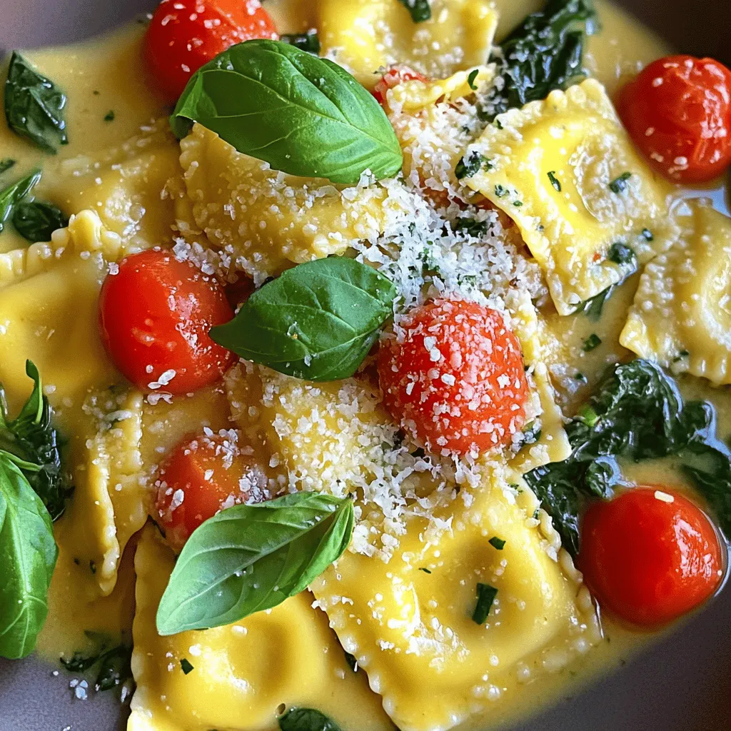 - 12 oz refrigerated cheese ravioli - 1 tablespoon extra virgin olive oil - 3 cloves garlic, finely minced - 1 cup cherry tomatoes, halved - 2 cups fresh baby spinach - 1 cup heavy cream - 1 teaspoon Italian seasoning blend - ¼ cup freshly grated Parmesan cheese - Sea salt and freshly cracked black pepper to taste - Fresh basil leaves, loosely torn, for garnish When making creamy Tuscan ravioli, you need these fresh and simple ingredients. Start with 12 ounces of cheese ravioli. I love using the refrigerated kind for a quick meal. This ravioli cooks fast and tastes great! For flavor, you will need one tablespoon of extra virgin olive oil. This oil adds richness to your dish. Next, three cloves of garlic, finely minced, will give your sauce a lovely aroma. You will also need one cup of cherry tomatoes, halved, to add sweetness and color. Now, let’s add some greens. You will need two cups of fresh baby spinach. This spinach wilts down nicely, adding nutrients and a pop of color. For creaminess, use one cup of heavy cream. It makes the sauce smooth and rich. To spice things up, add one teaspoon of Italian seasoning blend. This will give your dish a classic Italian taste. Lastly, don’t forget the cheese! You’ll want a quarter cup of freshly grated Parmesan cheese for that salty, nutty flavor. For seasoning, use sea salt and freshly cracked black pepper to taste. These will help bring out all the flavors in your dish. Finally, garnish with fresh basil leaves, which add a nice touch and aroma. Get ready to cook! You can find the full recipe for creamy Tuscan ravioli [here]. Begin by boiling a large pot of salted water. This step is key to flavoring the ravioli. Once the water bubbles, add the cheese ravioli. Cook them as per package instructions, usually 3-5 minutes. You want them to be al dente. When done, drain the ravioli but save a small cup of the pasta water for later. While the ravioli cooks, heat one tablespoon of extra virgin olive oil in a large skillet over medium heat. Once hot, add three cloves of finely minced garlic. Sauté this until it smells great, about one minute. Next, toss in one cup of halved cherry tomatoes. Cook them for three to four minutes until they soften and let out their juicy goodness. Now, stir in two cups of fresh baby spinach. Keep stirring until the spinach wilts, which should take about two to three minutes. The bright green color adds charm and taste. Lower the heat and carefully pour in one cup of heavy cream. Mix well, and then sprinkle in one teaspoon of Italian seasoning and a quarter cup of freshly grated Parmesan cheese. Season with sea salt and black pepper to taste. If the sauce is too thick, add the reserved pasta water one tablespoon at a time until it’s just right. Gently fold the cooked ravioli into the creamy sauce. Make sure every piece gets coated and warmed through. Remove the skillet from heat and let it rest for a minute. This helps the sauce thicken around the ravioli. Serve it on warm plates and garnish with fresh basil leaves. If you like, add more Parmesan cheese for a delicious final touch. Enjoy your creamy Tuscan ravioli! For complete details, check out the Full Recipe. To cook ravioli perfectly, aim for al dente. This means they should be firm but not hard. Follow the package's cooking time closely. After boiling, always taste a piece to check doneness. If they feel too soft, cook them less next time. Burnt garlic can ruin your dish. To avoid this, sauté garlic for just a minute or until fragrant. Keep the heat medium and watch closely. If it starts to brown, remove it right away. This will keep your sauce fresh and tasty. If your creamy sauce is too thick, add pasta water. Start with a tablespoon and mix well. Repeat until you reach the right consistency. If it’s too thin, let it simmer on low heat. This will help thicken the sauce naturally. Seasoning is key for great flavor. Use sea salt and freshly cracked black pepper. Taste your sauce before serving. Adjust seasoning based on your preference. You can also try adding fresh herbs for extra flavor. For an elegant look, serve ravioli in shallow bowls. This helps showcase the colors of the dish. Drizzle a little extra olive oil on top for shine. Garnish with fresh basil leaves and a sprinkle of red chili flakes. This adds a pop of color and a hint of heat. It makes your dish not just tasty but also beautiful. For more ideas, check out the Full Recipe! {{image_4}} You can change things up with different ravioli fillings. Try mushroom or spinach ravioli for a fun twist. You can also use butternut squash for a sweet flavor. If you want a dairy-free option, look for vegan cream. Cashew cream or coconut cream works well too. These substitutions keep the dish tasty while catering to different diets. Adding other vegetables can enhance the dish. Bell peppers and zucchini add color and nutrition. You can sauté them along with the tomatoes. For added protein, consider chicken, shrimp, or sausage. These options make the dish heartier. Just cook them separately and mix them in with the ravioli. Italian regions have their own special takes on ravioli. For example, in Emilia-Romagna, they often use rich meat fillings. You can recreate these flavors by using beef or pork ravioli. To achieve traditional Tuscan tastes, focus on fresh herbs and quality olive oil. This can elevate your creamy sauce and bring out authentic flavors. To store leftover creamy Tuscan ravioli, let it cool first. Place it in an airtight container. This keeps it fresh. Use glass or plastic containers with tight lids. They prevent leaks and odors. To reheat, use the stovetop or microwave. For the stovetop, add a little water or cream to the pan. Heat on low, stirring gently. This helps keep the sauce creamy. In the microwave, cover the dish loosely. Heat for 1-2 minutes, stirring halfway through. This warms it evenly and prevents drying out. To freshen up leftovers, add a splash of cream or olive oil before serving. This boosts the flavor and texture. You can also sprinkle some fresh herbs on top for a nice touch. Yes, you can freeze creamy Tuscan ravioli. Store it in a freezer-safe container. Make sure to leave some space at the top for expansion. This keeps the ravioli from getting mushy. For best results, freeze it in single servings. This makes it easier to thaw just what you need. To defrost, place it in the fridge overnight. When ready to eat, reheat as mentioned before. Enjoy your meal with ease! For the full recipe, check out the detailed cooking steps. Creamy Tuscan ravioli is a rich and savory pasta dish. It features cheese ravioli in a creamy sauce. The sauce includes garlic, cherry tomatoes, and fresh spinach. This dish is colorful and full of flavor, making it a favorite. Making Creamy Tuscan ravioli takes about 25 minutes. You’ll spend around 10 minutes prepping ingredients. Cooking the ravioli and sauce takes about 15 minutes. It’s quick and perfect for busy nights. Yes, you can make this dish in advance. Cook the ravioli and sauce separately. Store them in the fridge for up to three days. When ready to eat, heat them together in a skillet. Add a splash of cream to freshen it up. Creamy Tuscan ravioli pairs well with a simple salad. A fresh green salad with vinaigrette works great. You can also serve garlic bread for dipping. A glass of white wine can enhance the meal, too. Yes, you can find gluten-free ravioli at many stores. Look for brands that use rice or chickpea flour. You can also make your own gluten-free pasta. This way, everyone can enjoy this tasty dish without worry. Creamy Tuscan ravioli is a simple, yet delicious dish that brings joy to any meal. We covered essential ingredients like cheese ravioli, garlic, and fresh spinach, then walked through cooking it step-by-step. You learned tips to make your meal even better and explored fun variations. Cooking should be easy and enjoyable. Now, you can create a rich dish that delights your taste buds. Whether you stick to the classic or try something new, your creamy Tuscan ravioli will impress. Enjoy every bite and share with friends!