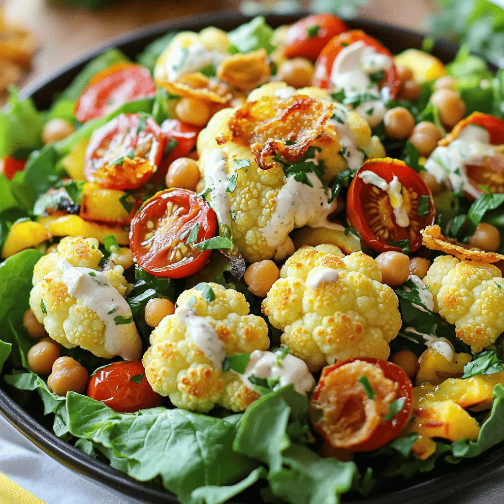 - 1 medium head of cauliflower, cut into bite-sized florets - 4 cups mixed greens - 1 cup cherry tomatoes, halved - 1 cup cooked chickpeas - 1/2 cup crispy shallots - 1/2 cup vegan mayonnaise - 2 tablespoons apple cider vinegar - 1 tablespoon Dijon mustard - Salt and pepper to taste - Fresh parsley, chopped - Avocado slices for creaminess - Bacon bits (real or vegan) for additional flavor You can try different dressings to mix things up. A lemon vinaigrette adds brightness. A tahini dressing gives a nutty taste. You can also use a balsamic glaze for a sweet twist. Each option enhances the salad's fresh flavors. I love this BLT cauliflower salad because it combines crisp textures and bright flavors. The cauliflower adds a hearty base, while the mixed greens keep it light. The roasted cauliflower brings a warm, nutty taste. Cherry tomatoes burst with sweetness, and chickpeas add protein. Crispy shallots give a wonderful crunch. For the dressing, I use vegan mayonnaise, which makes it creamy. Apple cider vinegar adds a tangy touch. Dijon mustard amps up the flavor. You can adjust the salt and pepper to your liking. If you want to change it up, don’t hesitate to add avocado slices. They bring creaminess and a smooth texture. Bacon bits can add a savory kick, whether real or plant-based. Try this recipe to explore new flavors. You can find the Full Recipe with all the details you need to create this dish. 1. First, preheat your oven to 425°F (220°C). This high heat will give your cauliflower a great roast. 2. Next, line a baking sheet with parchment paper. This will help your cauliflower not stick and make cleanup easy. 3. Take your medium head of cauliflower and cut it into bite-sized florets. This size helps them roast evenly and become tender. 1. In a mixing bowl, toss the cauliflower florets with a drizzle of olive oil. Add a pinch of salt and a dash of pepper to season them well. 2. Spread the seasoned cauliflower evenly on the prepared baking sheet. 3. Roast the cauliflower in the oven for 20-25 minutes. Turn the florets halfway through cooking to ensure they roast evenly. Look for a nice golden brown color to know they are ready. After roasting, set them aside to cool slightly. 1. While the cauliflower roasts, make the dressing. In a large bowl, whisk together the vegan mayonnaise, apple cider vinegar, and Dijon mustard. Add a sprinkle of salt and pepper to taste. Adjust the seasoning to suit your preference. 2. Add the mixed greens and chickpeas into the bowl with the dressing. Gently toss everything together until the greens are coated in the creamy dressing. 3. Carefully fold in the roasted cauliflower and halved cherry tomatoes. Be gentle so you don’t break the cauliflower florets. 4. Finally, sprinkle crispy shallots on top for texture and crunch. Garnish with freshly chopped parsley for a pop of color. This BLT Cauliflower Salad is ready to serve! You can enjoy it chilled or at room temperature. Feel free to check the Full Recipe for more details. To get the best roasted cauliflower, start by cutting it into even florets. This ensures they cook at the same rate. I recommend preheating your oven to 425°F (220°C). Line your baking sheet with parchment paper to prevent sticking. Toss the cauliflower with olive oil, salt, and pepper. Spread the florets in a single layer on the sheet. Roast them for 20-25 minutes. Flip them halfway through to get an even brown color. This simple method gives you that nice caramelization. Want to kick up the flavor? Try adding garlic powder or smoked paprika. These spices can give your salad a deeper taste. You can also mix in fresh herbs like basil or chives for extra zest. For dressings, experiment with adding a splash of lemon juice or a teaspoon of maple syrup. These small changes can make a big difference in taste. Crispy shallots add a nice crunch to your salad. You can buy them or make your own. To achieve that perfect crunch, fry them in hot oil until golden. If you want more crunch, try adding toasted nuts or seeds, like walnuts or sunflower seeds. These toppings not only enhance the texture but also boost the nutrition of your dish. For even more variety, consider adding crispy bacon bits, whether real or vegan. {{image_4}} You can boost your BLT cauliflower salad with proteins. Chicken works well. Just grill or bake it, then cut it into pieces. Tofu is another great choice. Press it to remove water, then cube and sauté it until golden. Both options add nutrition and make the dish heartier. Change the dressing to mix things up. Try ranch or balsamic vinaigrette for a different taste. You can also add herbs like basil or cilantro for fresh notes. Mixing in sliced olives or roasted peppers adds a unique twist. Get creative with your ingredient combinations! Make this salad gluten-free by checking your dressing ingredients. Most dressings are naturally gluten-free, but it’s always good to double-check. For a nut-free version, simply skip any nuts or seeds. This salad is versatile, so feel free to adjust it to meet your needs. If you want the full recipe, find it above! To keep your leftover BLT cauliflower salad fresh, store it in the fridge. Use an airtight container to prevent moisture loss. It’s best to eat the salad within three days for optimal taste. If the salad starts to look soggy, toss in some fresh greens to revive it! Can this dish be frozen? I do not recommend freezing this salad. The texture of the cauliflower and greens will change. If you freeze it, the salad may become mushy when thawed. Instead, enjoy it fresh, or prepare the components separately and store them in the fridge. Choose glass or BPA-free plastic containers for storage. These materials keep your salad fresh longer. Look for containers with tight-fitting lids to seal in the flavors. This way, you can enjoy the deliciousness of your BLT cauliflower salad! For the full recipe, check out the detailed instructions above. You can prep parts of the salad ahead of time. First, roast the cauliflower and let it cool. Store it in an airtight container in the fridge. You can also mix the greens, chickpeas, and dressing separately. Keep them in their own containers. This way, the salad stays fresh. On serving day, combine everything just before eating. This keeps the salad crisp and tasty. If you need a substitute for vegan mayonnaise, try these options: - Greek yogurt for a creamy texture. - Silken tofu blended until smooth. - Hummus for a flavorful twist. - Avocado puree for a healthy fat option. These alternatives still give you a creamy dressing but with different flavors and textures. Yes, this salad is great for meal prep. The roasted cauliflower and chickpeas hold up well in the fridge. Store the dressing separately to keep the greens fresh. It can last up to four days when stored properly. Use airtight containers to maintain quality. This salad is a quick and healthy option for packed lunches or dinner. For the full recipe, check out the main article. This blog post explored a vibrant salad recipe that uses fresh ingredients and simple steps. You learned how to roast cauliflower, combine greens, and craft delicious dressings. With tips for flavor and texture, you can customize this dish as per your taste. Remember, you can easily make this salad your own with various proteins and dressings. Enjoy creating and sharing this healthy meal with friends and family. Happy cooking!