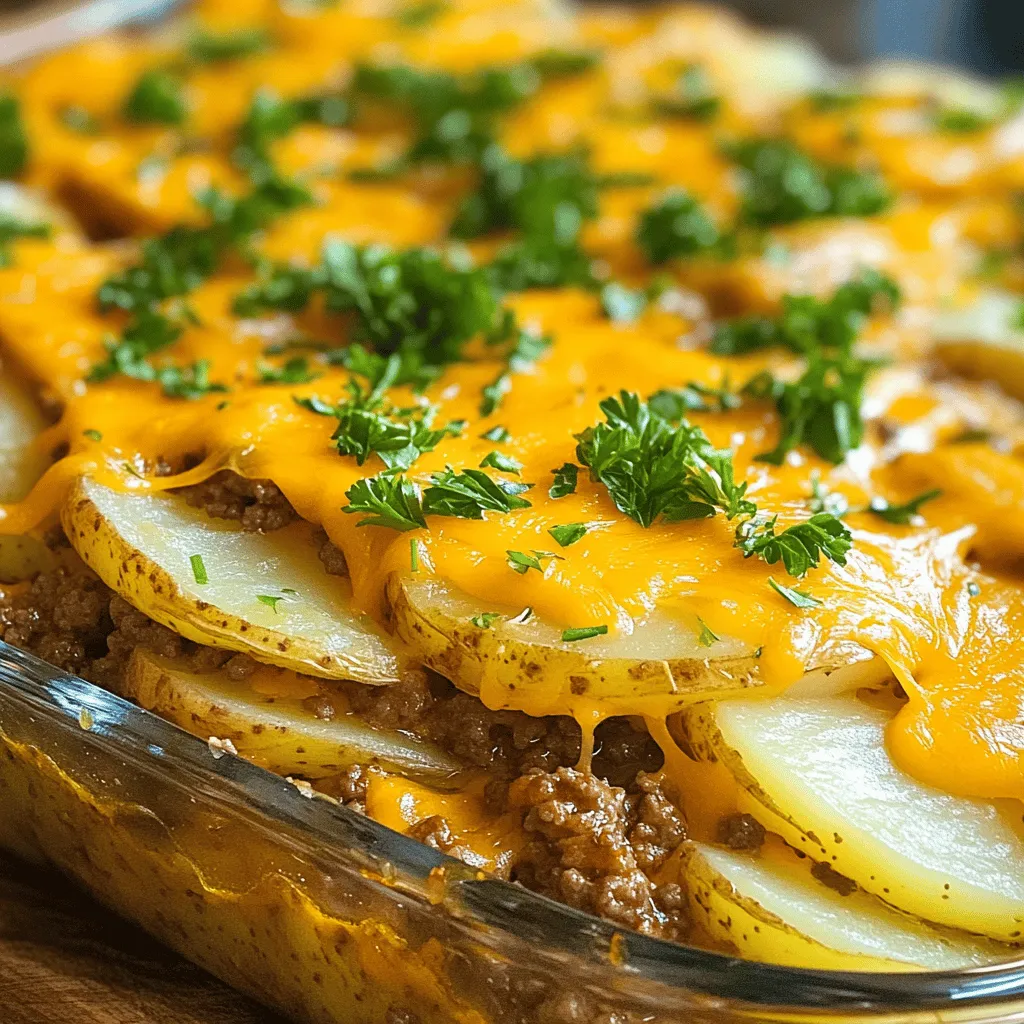 - 1 lb ground beef - 1 small onion, finely chopped - 2 cloves garlic, minced - 4 medium potatoes, peeled and thinly sliced - 1 cup shredded cheddar cheese - 1 cup sour cream - 1 cup beef broth - 1 teaspoon paprika - 1/2 teaspoon black pepper - 1 teaspoon salt - 1 tablespoon olive oil - Fresh parsley, chopped (for garnish, optional) When you gather your ingredients, make sure they are fresh. Using fresh potatoes makes a big difference. I always like to have my meat at room temperature. This helps it cook evenly. Chop the onion and garlic finely. This allows their flavors to mix well with the beef. For the potatoes, slice them thin. Thin slices cook faster and help create nice layers. You can use any ground beef you like. Lean beef works well, but a bit of fat adds flavor. Don’t skip the cheddar cheese; it brings a creamy texture. If you want to add a twist to your meal, think about the broth. Beef broth adds depth, but chicken broth could work too. Mixing in fresh herbs can also boost flavor. You can add thyme or rosemary to the beef. For the full experience, follow the Full Recipe to see how these ingredients come together for a comforting dish. 1. Preheating the oven: Start by preheating your oven to 375°F (190°C). This ensures it’s hot and ready for baking. 2. Chopping onions and mincing garlic: Next, finely chop one small onion and mince two cloves of garlic. This will give your dish a great flavor base. 3. Peeling and slicing potatoes: Peel four medium potatoes and slice them thinly. These will layer beautifully in the casserole. 1. Sautéing onions and garlic: In a large skillet, heat one tablespoon of olive oil over medium heat. Add the chopped onion and minced garlic. Sauté them for about 3-4 minutes until they are soft and fragrant. 2. Browning the ground beef: Increase the heat and add one pound of ground beef to the skillet. Cook until the beef is fully browned. Use a spatula to break it apart as it cooks. Drain any excess grease. 3. Combining beef with seasonings: In a bowl, mix the browned beef with one cup of sour cream, one cup of beef broth, one teaspoon of paprika, half a teaspoon of black pepper, and one teaspoon of salt. Stir until everything is well blended. 1. Greasing the baking dish: Lightly grease a 9x13 inch baking dish to prevent sticking. 2. Layering the potatoes and beef mixture: Place half of the sliced potatoes evenly at the bottom of the dish. Pour half of the beef mixture over the potatoes, spreading it out evenly. 3. Covering and baking: Repeat the layering with the remaining potatoes and beef mixture. Ensure the final layer is potatoes. Cover the dish tightly with aluminum foil and bake it for 45 minutes. 1. Adding cheese: After 45 minutes, remove the foil and sprinkle one cup of shredded cheddar cheese on top of the casserole. 2. Baking until golden brown: Return it to the oven and bake for an additional 15-20 minutes. Look for the cheese to be melted, bubbly, and golden brown. 3. Resting the casserole: Once baked, let the casserole rest for about 5 minutes before serving. If you like, garnish with fresh parsley for a nice touch. For the full recipe, check out the complete details. Using fresh potatoes makes a big difference. They have a better texture and taste. Frozen potatoes can be mushy and lose their flavor. If you choose to use frozen, make sure to thaw and drain them well. This helps keep your casserole from getting too watery. To ensure even cooking, slice your potatoes uniformly. Thin slices cook faster and blend better with the beef. Stacking the layers tightly can also help. It allows heat to reach all parts of the dish. Adding herbs or spices can transform your casserole. Consider using thyme, rosemary, or even a dash of cayenne for some heat. Each herb brings its own flavor and aroma, making every bite special. Cheese type matters too. Cheddar is classic, but you could try mozzarella for a milder taste. Pepper Jack adds a nice kick. Feel free to mix different cheeses for a unique flavor. Garnishing adds flair. Fresh parsley or chives on top looks great and adds color. Just sprinkle a bit before serving for that pop. When serving, pair your casserole with a light salad or steamed veggies. This creates a balanced meal, and the freshness complements the richness of the casserole. For a fun touch, serve it in colorful bowls to brighten the table. For the complete recipe, check out the Full Recipe section. {{image_4}} You can swap ground beef for ground turkey or chicken. These options are leaner but still tasty. They provide a lighter dish while keeping the same hearty feel. If you want a meatless option, use vegetarian beef substitutes. These products taste great and add protein without meat. They work well in this casserole and keep it filling. Cheese adds a creamy touch to your casserole. If you want a change, try mozzarella or Pepper Jack cheese. Mozzarella gives a mild flavor, while Pepper Jack adds a kick. You can also choose dairy-free alternatives if needed. These options melt well and keep the dish rich without dairy. Adding vegetables boosts the nutrition of your casserole. You can mix in greens like spinach for a pop of color and taste. Other vegetable ideas include bell peppers, mushrooms, or zucchini. Layer them among the potatoes and beef for extra flavor. These veggies make the meal healthier and more vibrant. For the full recipe, check the complete list of ingredients and steps above. To keep your Hamburger Potato Casserole fresh, store leftovers in the fridge. Place the cooled casserole in an airtight container. It will last for about three to four days. If you want to keep it longer, freezing is a great option. Wrap the casserole tightly in plastic wrap and then in aluminum foil. This helps prevent freezer burn. It can stay good for up to three months in the freezer. When you're ready to eat the casserole again, you have a few options for reheating. The best way is to use the oven. Preheat it to 350°F (175°C). Place the casserole in a baking dish and cover it with foil. Heat for about 20-30 minutes or until warm. If you prefer the microwave, use it for quick reheating. Just be careful to not overheat it. This can make the casserole soggy. Stirring it halfway through helps with even heating. Enjoy your meal again with the same great taste! Yes, you can prepare this casserole ahead of time. Start by cooking the beef and mixing it with the other ingredients. Then, layer the potatoes and beef mixture in your baking dish. Cover it tightly with plastic wrap or foil and store it in the fridge for up to 24 hours. When you are ready to bake, remove the cover and bake as normal. You may need to add a few extra minutes to the cooking time if it’s cold from the fridge. Hamburger Potato Casserole pairs well with many side dishes. Here are some tasty options you can try: - Steamed green beans - Roasted carrots - A fresh garden salad - Garlic bread - Creamy coleslaw These sides add color and flavor. They also balance the hearty casserole. To check if your casserole is ready, look for a few signs: - The potatoes should be tender when pierced with a fork. - The cheese on top should be melted and bubbly. - The edges of the casserole may have a golden brown color. If you see all these signs, your casserole is done! In this blog post, we explored the tasty Hamburger Potato Casserole. We covered essential ingredients, step-by-step instructions, and helpful tips. You can enhance the flavor and even try different proteins or cheeses. Remember to store leftovers properly and reheat them well. I hope these ideas inspire you to make a great meal. This dish is not just easy; it brings comfort and joy. Enjoy your cooking!