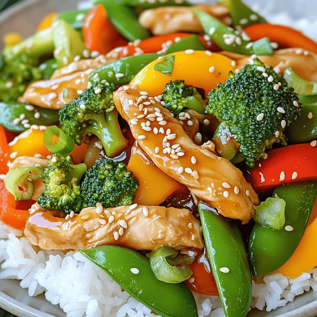 - 1 pound boneless, skinless chicken breast - 2 tablespoons vegetable oil - 1 vibrant bell pepper - 1 cup fresh broccoli florets - 1 medium carrot - 1 cup crisp snap peas - 3 green onions - 3 cloves garlic - 1 tablespoon fresh ginger - 1/4 cup low-sodium soy sauce - 2 tablespoons honey - 1 tablespoon sesame oil - 1 teaspoon cornstarch - Toasted sesame seeds Gathering the right ingredients is key for a great stir-fry. Start with the chicken. I prefer boneless, skinless chicken breast. It cooks fast and tastes amazing. Slice it into thin strips for even cooking. Next, choose a colorful bell pepper. Red or yellow adds great flavor and looks fun. Fresh broccoli florets provide crunch and nutrition. Don't forget the carrot! Cut it into thin strips, called julienne. They'll add sweetness to your dish. Snap peas are a must for that crisp bite. Green onions bring freshness to the mix. Use both the white and green parts. Garlic and ginger add a punch of flavor that makes this dish pop. Now, let’s talk about the sauce. Low-sodium soy sauce keeps it savory without being too salty. Honey adds a touch of sweetness. Sesame oil gives that nutty flavor you'll love. Cornstarch helps thicken the sauce, but it's optional. Finally, for a lovely finish, sprinkle toasted sesame seeds on top. They bring a nutty crunch and make your dish look great. For the complete recipe, refer to Teriyaki Chicken Stir-Fry Extravaganza 🥢. - Start by slicing 1 pound of chicken breast into thin strips. - Wash and cut the vibrant bell pepper into thin strips. - Peel and julienne 1 medium carrot. - Rinse 1 cup of fresh broccoli florets and 1 cup of snap peas. - Thinly slice 3 green onions, keeping the white and green parts separate. - Mince 3 cloves of garlic and grate 1 tablespoon of fresh ginger. - In a large skillet or wok, heat 2 tablespoons of vegetable oil over medium-high heat. - Add the sliced chicken in a single layer. - Sear the chicken for 3 minutes without stirring. - Then stir and cook for an additional 2-4 minutes until golden and fully cooked. - Next, add the minced garlic and grated ginger to the pan. - Stir quickly for about 30 seconds until fragrant. - Toss in the prepared bell pepper, broccoli, carrot, and snap peas. - Stir-fry the vegetables for 4-5 minutes, keeping them crisp and colorful. - In a small bowl, whisk together 1/4 cup soy sauce, 2 tablespoons honey, and 1 tablespoon sesame oil. - Pour the sauce mixture over the stir-fry. - Bring the dish to a gentle simmer. - If you want a thicker sauce, mix 1 teaspoon cornstarch with 1 tablespoon water. - Stir this mixture in and simmer for another 2-3 minutes. - Finally, remove the skillet from heat and add the sliced green onions for a fresh finish. For the complete recipe, refer to Teriyaki Chicken Stir-Fry Extravaganza 🥢. - Recommended cooking temperatures: Cook chicken at medium-high heat. This helps it cook fast and evenly. - Importance of searing chicken: Searing locks in juices and adds flavor. It creates a nice golden color on the outside. - Suggestions for additional seasonings or sauces: You can add a pinch of red pepper flakes for heat. A splash of rice vinegar adds a tangy twist too. - Using other vegetables in the stir-fry: Feel free to mix in bell peppers, zucchini, or mushrooms. This keeps your stir-fry exciting and colorful. - Best side dishes to accompany the stir-fry: Steamed rice or quinoa pairs well with the stir-fry. You can also serve it with a simple salad for crunch. - Plating tips for visual appeal: Use a white plate for contrast. Arrange the stir-fry artfully, and sprinkle toasted sesame seeds on top. These small touches make your dish pop! {{image_4}} You can switch the chicken for beef, shrimp, or tofu. Each option gives a unique taste. If you use beef, choose tender cuts like sirloin. Cook it for 3-4 minutes until it browns. Shrimp cooks fast, needing only 2-3 minutes. Tofu is perfect for a vegetarian meal. Press it to remove water, then cube it. You will want to cook tofu until it’s golden and crispy. For gluten-free, use tamari instead of regular soy sauce. It tastes great and keeps the recipe intact. If you want a vegan option, swap honey for maple syrup. Both sweeteners work well, but maple gives a nice flavor. Always check labels to ensure no hidden gluten in the ingredients. Feel free to add or swap different veggies based on what you have. Carrots and bell peppers work well, but you can also try zucchini or mushrooms. Using seasonal vegetables can add freshness. In spring, snap peas shine, while fall is perfect for broccoli. Mix and match to keep your stir-fry exciting and colorful. Store any leftover teriyaki chicken stir-fry in an airtight container. This keeps the dish fresh. The best practice is to let it cool before sealing. In the fridge, the stir-fry lasts about 3 to 4 days. Always check for any off smells or changes in color before eating. To freeze the stir-fry, place it in a freezer-safe bag or container. Remove as much air as possible to prevent freezer burn. It can stay frozen for up to 3 months. When ready to eat, thaw it overnight in the fridge. For quick thawing, place the bag in cold water. You can reheat stir-fry in a few ways. The best method is using a skillet over medium heat. Stir it often to heat evenly. You can also use a microwave. Heat in short bursts, stirring in between. This keeps the taste and texture nice. Always check if it's hot throughout before serving. Yes, you can make this dish ahead of time. Cook it fully and let it cool. Store it in an airtight container. You can keep it in the fridge for up to three days. When ready to eat, just reheat it in a pan or microwave. To add spice, you can include sliced chili peppers while cooking. Sriracha or chili paste also works well. If you like heat, try adding crushed red pepper flakes too. Start with a small amount and adjust to your taste. This dish pairs well with steamed rice or quinoa. You can also serve it with noodles for a fun twist. Adding a side salad can provide a fresh crunch. Don't forget some extra green onions for garnish! Absolutely! Teriyaki Chicken Stir-Fry is great for meal prep. It stores well and reheats nicely. Just pack it in containers for easy lunches or dinners throughout the week. Remember to keep your rice or quinoa separate until you're ready to eat. Check the chicken for a golden brown color. It should be firm and not pink inside. You can use a meat thermometer; the internal temperature should reach 165°F (75°C). This ensures your chicken is safe to eat. For the complete recipe, refer to Teriyaki Chicken Stir-Fry Extravaganza 🥢. This blog post detailed how to make a tasty Teriyaki Chicken Stir-Fry. We explored key ingredients, preparation steps, and cooking tips. By following the guide, you can create a vibrant meal packed with fresh veggies. With a few simple variations, you can make it work for different diets and preferences. Remember the storage tips for leftovers to enjoy later. This dish is not only fun to make, but it also tastes great! Dive in, and enjoy your cooking adventure!