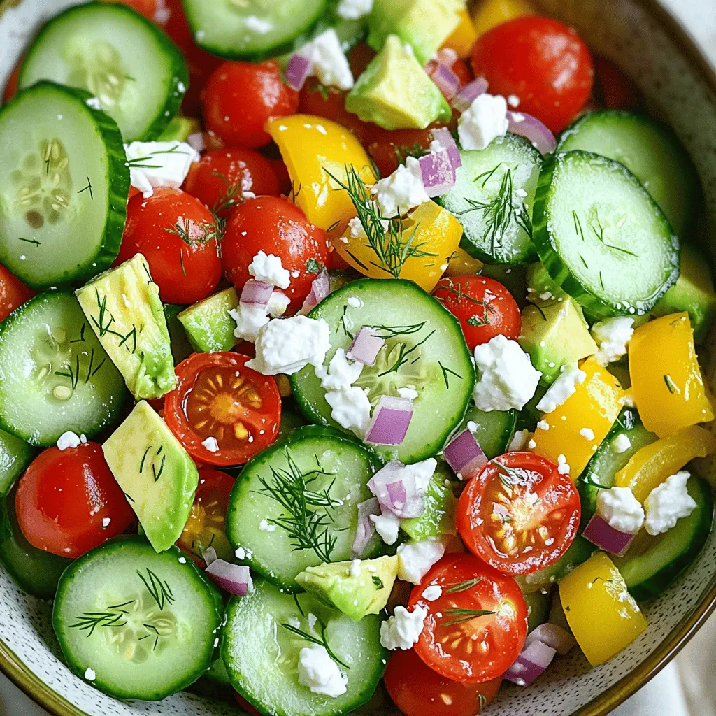For the Cucumber Snack Bowl, you need fresh and tasty ingredients to make it delightful. Here’s what you will need: - Cucumbers - Fresh vegetables (cherry tomatoes, bell peppers, red onion) - Creamy dressing ingredients (Greek yogurt, lemon juice, olive oil) - Additional toppings (avocado, feta cheese, herbs) This mix of ingredients offers a crisp bite and bright flavors. Each part of the bowl plays a role in the taste and texture. The cucumbers bring a nice crunch, while the cherry tomatoes add sweetness. Bell peppers add color and flavor, and red onion gives a little zing. The creamy dressing ties everything together. Greek yogurt adds creaminess without being too heavy. A splash of lemon juice brightens the dish, and olive oil enhances the flavors. Finally, the toppings like avocado and feta cheese add richness. Fresh herbs give a pop of flavor. This Cucumber Snack Bowl is not just a dish; it’s a refreshing experience. You can find the Full Recipe to guide you through making this bowl at home. Now, let’s get cooking! Start with clean cucumbers. Rinse them under cool water to remove dirt. I like to use a vegetable brush for extra cleanliness. Now, slice the cucumbers into 1/4-inch rounds. This thickness gives a nice crunch. If the slices are too thin, they may become mushy. You want a great bite in each piece. In a large mixing bowl, add the cucumber slices. Next, toss in 1 cup of halved cherry tomatoes, 1/2 cup of diced bell peppers, and 1/4 cup of finely chopped red onion. Use a gentle hand when mixing. You want all the pieces to blend well, but not mash together. This creates a colorful and fresh base for your snack bowl. Grab a small bowl for the dressing. Whisk together 1/4 cup of plain Greek yogurt, 2 tablespoons of fresh lemon juice, and 1 tablespoon of extra virgin olive oil. Add salt and freshly cracked black pepper to taste. Whisk until the mixture is smooth and creamy. Taste it and adjust the flavors if needed. You may want more lemon or salt for a kick. Now it's time to bring everything together. Drizzle your creamy dressing over the vegetable mix. Toss gently to coat all the ingredients. Next, fold in 1 ripe diced avocado and 1/3 cup of crumbled feta cheese. Be careful not to mash the avocado. You want those lovely green chunks to stand out. Finally, give it a light toss for a vibrant mix. For a full recipe, you can reference the earlier section. Serving your cucumber snack bowl in clear glass dishes makes it pop. The colors of the ingredients shine through beautifully. You can also add a slice of lemon on the side for extra flair. For garnishing, fresh herbs like dill or parsley work wonders. They not only add color but also enhance the flavor. To elevate the taste, consider adding spices like paprika or chili flakes. Fresh herbs like basil or cilantro can also bring a new twist. If you're looking for an alternative dressing, try a balsamic vinaigrette or a sesame dressing. Both options can add a fresh layer of flavor to your dish. You can prepare this snack bowl in advance, making it a great option for busy days. Chop the vegetables and store them separately in the fridge. Keep the dressing in a sealed container to maintain its freshness. When you're ready to serve, just mix everything together. This keeps the ingredients crisp and tasty. {{image_4}} To make your cucumber snack bowl shine, think about seasonal ingredients. In summer, I love to add crisp radishes or sweet corn. These veggies bring a burst of color and flavor. For fall, swap in roasted butternut squash or crunchy apple slices. These changes create a warm, cozy vibe in your bowl. You can easily adjust this recipe for different diets. For a vegan option, leave out the feta cheese and Greek yogurt. Use avocado or a plant-based yogurt instead. If you need a gluten-free dish, this recipe is already safe! Just check your yogurt and dressing for any hidden gluten. You can also lower calories by skipping the feta and using less oil. Want to add protein? You can toss in cooked chicken, shrimp, or even tofu. These options make your snack bowl more filling. For a twist, try adding nuts, seeds, or dried fruits. A handful of toasted nuts can give a nice crunch. Dried cranberries or raisins add a sweet touch that pairs well with the fresh veggies. Explore your taste and get creative! For the full recipe, check out the Crispy Cucumber Snack Bowl 🥒. To keep your cucumber snack bowl fresh, store leftovers in airtight containers. This helps maintain the crunchiness of the cucumbers and other veggies. Always allow the bowl to cool to room temperature before sealing. If you have any dressing left, store it separately to avoid soggy vegetables. The ideal shelf life for your cucumber snack bowl is about 2 days in the fridge. After this, the vegetables may lose their crispness. Check for signs of spoilage, like a slimy texture or bad smell. If you see these signs, it’s best to toss the bowl. You don’t need to reheat this dish. If you want to freshen flavors, drizzle a bit of lemon juice before serving. You can also serve it with a new scoop of yogurt for added creaminess. For a twist, try adding a sprinkle of fresh herbs on top. Yes, you can change up the vegetables! Here are some suggestions: - Zucchini: Slice it thin for a nice crunch. - Carrots: Grate or slice them for added sweetness. - Radishes: They add a peppery kick and color. - Celery: This brings a crispy texture and mild flavor. Feel free to mix and match based on what you like! Absolutely! This recipe works great for meal prep. Here are some tips: - Store Separately: Keep the dressing separate until ready to eat. This keeps veggies fresh. - Use Airtight Containers: This helps maintain crunchiness. - Lasts Up to 3 Days: Enjoy your snack bowl within three days for the best taste. Meal prepping makes healthy eating easy! You can pair this bowl with many tasty sides: - Dips: Try hummus or tzatziki for added flavor. - Crackers: Serve with whole-grain crackers for crunch. - Bread: Pita or baguette slices are great options. - Fruit: Fresh fruit can add a sweet touch. These options enhance your meal and make it even more enjoyable! This blog post guides you on creating a fresh cucumber snack bowl. You learned about essential ingredients, from cucumbers to creamy dressings. I shared step-by-step instructions for preparation and assembly. You now know tips for presentation, flavor enhancements, and dietary variations. Incorporating seasonal ingredients and proper storage ensures your snack is always fresh. With these ideas, you can make a tasty and colorful dish anytime. Enjoy getting creative with your cucumber snack bowl!
