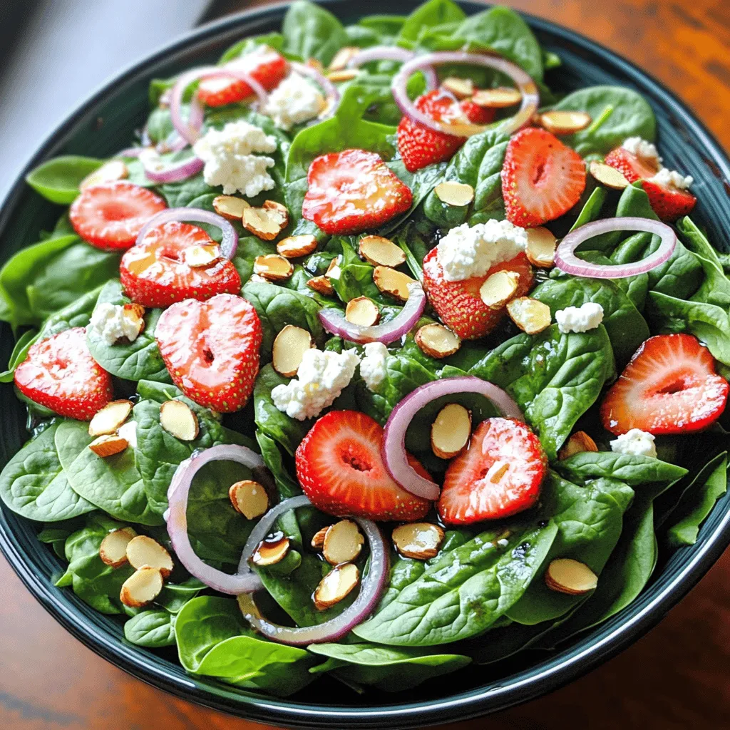 1. Start by washing the fresh baby spinach. Use cool water to rinse it well. This removes any dirt or grit. 2. After washing, gently dry the spinach with a clean kitchen towel. This step is key to keeping your salad crisp. 3. Next, take the ripe strawberries. Remove the green tops, called hulls, and slice them into bite-sized pieces. This makes them easy to eat in the salad. 1. In a large salad bowl, place the clean, dried spinach as the base. This will hold all the flavors nicely. 2. Gently add the sliced strawberries on top of the spinach. Make sure to spread them evenly for great taste in every bite. 3. Now, sprinkle the crumbled feta cheese over the salad. This adds creaminess that pairs well with the fruits. 4. Lastly, add the lightly toasted sliced almonds. They bring a nice crunch to the mix. 1. In a small bowl, whisk together the balsamic vinegar and extra virgin olive oil. This creates a smooth dressing. 2. Season the dressing with freshly ground salt and black pepper. Taste it and adjust the seasoning as needed. You want a good balance of flavors. 3. Drizzle the prepared dressing evenly over the salad. This helps all the ingredients soak up the flavor. 4. Using salad tongs, gently toss everything together. Ensure the spinach and strawberries are coated well in the dressing. 5. Finally, arrange the thin red onion slices on top. This adds color and an extra layer of flavor. For the full recipe, check out Spinach Strawberry Bliss Salad 🥗. Using high-quality balsamic vinegar makes a big difference. It adds deep flavor to the salad. Choose one that is rich and thick. This vinegar will enhance the sweetness of the strawberries and balance the saltiness of the feta. Toasting almonds is simple and adds a crunch. Place them in a dry skillet over medium heat. Stir them often until they turn golden brown. This process takes about 3 to 5 minutes. Watch closely to avoid burning them. Toasted almonds elevate the salad’s flavor and texture. Serve the salad in a clear bowl to show off its colors. You can layer the ingredients for a beautiful look. Try placing spinach at the bottom, then strawberries, and finally the feta and almonds on top. For garnishing, use fresh mint leaves or additional strawberries. This adds a pop of color and freshness. You can also sprinkle some extra feta or almonds on top for an eye-catching finish. This salad pairs well with grilled chicken or shrimp. The protein complements the salad’s flavors. You can also serve it alongside a light soup for a full meal. It’s perfect for picnics, barbecues, or lunch gatherings. The fresh and vibrant flavors make it a hit for any occasion. Enjoy it on a sunny day or as a side for a special dinner. You’ll love how easy it is to impress your guests with this dish. For the complete experience, check out the Full Recipe for Spinach Strawberry Bliss Salad. {{image_4}} You can make this salad even more fun by adding seasonal fruits. Try using blueberries or peaches. These fruits add a burst of sweetness and color. You can also change the greens. Instead of spinach, you can use arugula or mixed greens. Each green brings a unique flavor to the dish. If you want to make it vegan, swap out the feta cheese. Use crumbled tofu or a nut cheese instead. This keeps the salad creamy without dairy. For low-fat options, you can reduce the amount of olive oil in the dressing. You can also use a light balsamic vinaigrette to cut down on calories. Adding crunchy toppings can change the salad's texture. Try adding sunflower seeds or pumpkin seeds for a nice crunch. You can also use different cheese varieties. Goat cheese or a sharp cheddar can add a new flavor twist. Experimenting with these changes keeps your salad exciting and fresh. For the full recipe, check out the Spinach Strawberry Bliss Salad 🥗. To store leftovers, place the salad in an airtight container. This keeps the salad fresh and prevents wilting. If you have leftover dressing, store it separately in the fridge. It stays good for up to a week. Keeping ingredients fresh is key. If you have extra strawberries, wash them before use but do not slice them until you are ready to serve. This helps keep them firm. Store your feta cheese in its original brine or a sealed container to maintain its creaminess. For stored salad, it lasts about 1 to 2 days in the fridge. After that, the spinach becomes limp and unappetizing. Signs of spoilage include a sour smell or a slimy texture. If the strawberries look dull or mushy, it’s best to discard them. Always trust your senses; if it doesn't look or smell right, it's safer to throw it away. What can I substitute for feta cheese? If you want to swap out feta cheese, try goat cheese or ricotta. Both give a nice creamy texture. You can also use cottage cheese for a lighter option. Can I prepare the salad in advance? Yes, you can prep parts of the salad ahead. Wash and dry the spinach, slice the strawberries, and make the dressing. Just wait to mix it all until you are ready to serve. This keeps it fresh and crunchy. How do I make a creamy dressing? To create a creamy dressing, mix yogurt with balsamic vinegar and olive oil. You can also use mayonnaise for a rich taste. Whisk them together until smooth, and add salt and pepper to taste. Can I use store-bought dressings? Absolutely! Store-bought dressings can save time. Look for balsamic vinaigrette or a creamy option. Just remember to check the ingredients for quality. How many does this recipe serve? This salad recipe serves about four people. It's perfect for a small gathering or a family meal. Can I scale the recipe for larger gatherings? Yes, you can double or triple the recipe. Just keep the ratio of ingredients the same. This way, everyone gets to enjoy the delicious flavors of this salad. This salad combines fresh produce with savory cheese and nuts. We discussed how to prepare, assemble, and dress the salad. I shared tips to enhance taste and presentation for any occasion. You learned ways to adjust ingredients for different diets too. Remember to store leftovers smartly for freshness. Enjoy making this salad your way!
