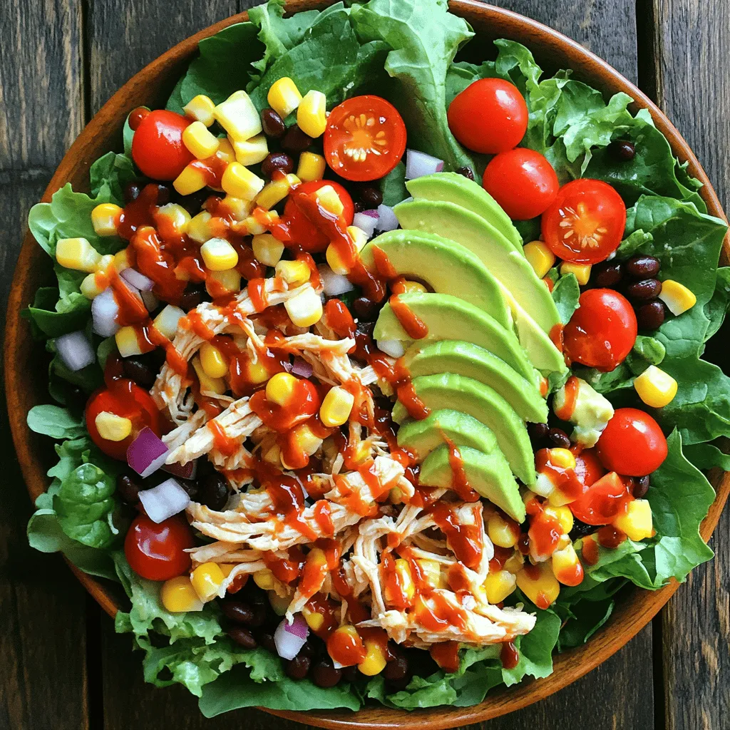 - 2 cups cooked chicken breast, shredded - 1 cup cherry tomatoes, halved - 1 cup corn (fresh or canned) - 1/2 cup black beans, rinsed and drained - 1 red bell pepper, diced - 1/4 cup red onion, finely chopped - 1 cup mixed greens (spinach, arugula, or your favorite blend) - 1/2 cup Greek yogurt - 1/4 cup barbecue sauce (choose low-sugar if preferred) - 1 tablespoon lime juice - Salt and pepper to taste - 1/4 cup sliced avocado for garnish Each serving offers a great balance of protein and nutrients. The salad contains about 350 calories, 30 grams of protein, and 10 grams of healthy fats. It’s also rich in vitamins and minerals from the vegetables. This makes it not just tasty, but good for your health too. This meal is filling and perfect for lunch or dinner. You can enjoy it fresh or chilled, and it pairs well with whole grain crackers. For the full recipe, check out the provided details above. Start by gathering your main ingredients. You need cooked chicken breast, cherry tomatoes, corn, black beans, red bell pepper, red onion, and mixed greens. In a large bowl, mix the shredded chicken with the halved cherry tomatoes, corn, black beans, diced red bell pepper, and finely chopped red onion. Stir well. This step ensures that each bite is full of flavor and texture. For the dressing, you need Greek yogurt, barbecue sauce, lime juice, salt, and pepper. In a small bowl, combine the Greek yogurt and barbecue sauce first. Then, add lime juice and a pinch of salt and pepper. Whisk until smooth. This creamy dressing adds a tasty zing to your BBQ chicken salad. Now it’s time to put everything together. Drizzle the dressing over your chicken and vegetable mixture. Toss gently to coat everything evenly. Next, prepare your serving plates with a bed of mixed greens. Spoon the BBQ chicken mixture on top of the greens. For a finishing touch, add sliced avocado if you want. Serve right away for the best taste or chill for up to 30 minutes. Enjoy your delicious meal! For the full recipe, check out the details shared earlier. To boost the protein in your salad, try adding more chicken. You can also mix in some quinoa or chickpeas. Both options give a nice texture and flavor. If you want to go plant-based, tofu or tempeh are great choices too. They soak up flavors well and add a hearty bite. Use fresh ingredients for the best taste. Look for bright cherry tomatoes, crisp bell peppers, and vibrant greens. Rinse canned beans and corn to remove extra salt and sugar. Always wash your greens under running water to remove dirt. For a crunchy salad, add the dressing right before serving. This keeps everything fresh and crisp. You can make this salad in advance for easy meals. Prepare the chicken and veggies ahead of time. Store them in the fridge in separate containers. Make the dressing and keep it in a jar. Combine everything just before you eat to keep it fresh. This salad stays good for up to two days when stored properly. For a fun twist, try adding nuts or seeds before serving. {{image_4}} If you want a vegetarian option, use chickpeas instead of chicken. Chickpeas are high in protein and add great texture. Another option is to use tofu. Grill or sauté the tofu to add flavor. You can also add smoked paprika to mimic a BBQ taste. Mix in roasted veggies like zucchini and bell peppers for more depth. To lower the carbs, skip the corn and black beans. Instead, add more greens, like kale or romaine. You can also use a low-carb BBQ sauce. For crunch, add nuts like almonds or sunflower seeds. These additions keep the salad light while still satisfying. For dairy-free diets, swap Greek yogurt for a plant-based yogurt. You can also use avocado as a creamy base. If you have a bean allergy, switch to cooked quinoa for protein. This will help keep the salad hearty. Always check labels for hidden allergens in sauces and dressings. For the full recipe, check out the High Protein BBQ Chicken Salad. To keep your High Protein BBQ Chicken Salad fresh, store leftovers in an airtight container. Make sure to separate the dressing if possible. This keeps the salad crisp and tasty. Once cooled, put it in the fridge right away. Aim to eat leftovers within three days for the best flavor and quality. Use glass or BPA-free plastic containers for storing your salad. Glass containers help keep the taste and do not stain. Plastic containers are lighter and easier to carry. If you use plastic, ensure it is safe for food. Choose containers with tight lids to prevent spills and keep air out. The salad lasts up to three days in the fridge. If you want to keep it longer, freeze the chicken mixture without the greens and dressing. It can stay good in the freezer for about two months. To thaw, place it in the fridge overnight. When ready to eat, mix it with fresh greens and dressing. For the best taste, avoid freezing the salad once it is dressed. Yes, you can use rotisserie chicken. It saves time and adds flavor. Just shred the chicken before adding it to your salad. The smoky taste enhances the BBQ flavor. Plus, it makes meal prep quick and easy. To add some heat, try these tips: - Mix in diced jalapeños or serrano peppers. - Use a spicy barbecue sauce. - Add a sprinkle of cayenne pepper or chili flakes. These options bring a nice kick to your BBQ chicken salad. Here are some tasty side dishes: - Whole grain crackers for crunch. - Cornbread for a sweet touch. - Grilled vegetables for more flavor. - Fresh fruit salad for dessert. These sides pair well and complete your meal. For the full recipe, be sure to check the detailed instructions above! This blog post covered every aspect of making a high-protein BBQ chicken salad. We explored key ingredients, step-by-step instructions, and helpful tips. You learned how to enhance flavor and nutrition, as well as how to make tasty variations. Proper storage and common questions were also addressed. In conclusion, this salad is easy to make and great for any meal. Enjoy your healthy cooking adventure!