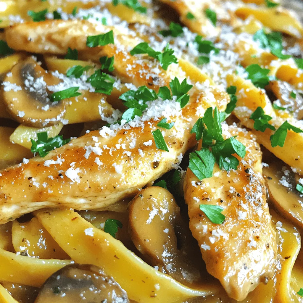 - Chicken: Use 2 boneless, skinless chicken breasts. Slice them into thin strips. This helps the chicken cook evenly and absorb flavors well. - Pasta: Choose 8 ounces of fettuccine pasta. This type holds sauce nicely and pairs well with the dish. - Vegetables: Include 2 cups of cremini mushrooms, sliced, and 1 small onion, finely diced. Add 3 cloves of minced garlic for a robust flavor. - Herbs and spices: Use 1 teaspoon of dried thyme. Season with salt and freshly ground black pepper to taste. These enhance the dish's flavor profile. - Sauces and condiments: Incorporate 1 cup of chicken broth and 1 tablespoon of balsamic vinegar. These ingredients create a rich sauce that ties everything together. - Cooking utensils: You will need a large pot for boiling pasta and a spacious skillet for sautéing. A wooden spoon or spatula will help mix well. - Kitchen appliances: Have a stove ready for cooking. A strainer is useful for draining the pasta when it’s done. This dish combines simple ingredients and equipment for a delightful weeknight meal. For the full recipe, check out the detailed steps in the article. To cook the pasta, use a large pot. Fill it with water and add salt. Bring the water to a rolling boil. Add the fettuccine and cook it according to the package instructions. Aim for al dente texture, which means it should be firm but not hard. When done, drain the pasta but save a little pasta water. This will help later. For the chicken, heat a spacious skillet over medium-high heat. Add one tablespoon of olive oil. Season the chicken strips with salt and pepper. Place the chicken in the skillet in a single layer. Cook for about 5 to 6 minutes. Look for a golden brown color. Once cooked, take the chicken out and set it aside. In the same skillet, add the remaining olive oil and one tablespoon of butter. Let it melt. Then, add the diced onion and minced garlic. Sauté them for about 2 minutes. You want them soft and fragrant. Next, add the sliced mushrooms. Stir and cook them for about 5 to 7 minutes. They should turn golden and tender. Now, pour in the chicken broth and balsamic vinegar. Stir well to mix the flavors. Add the dried thyme, salt, and pepper. Let this simmer for 3 to 4 minutes. This helps the sauce reduce and concentrate. Return the cooked chicken to the skillet. Add the fettuccine and toss everything together. If it feels dry, splash in some reserved pasta water. For a nice touch, remove from heat. Garnish with freshly chopped parsley and a sprinkle of grated Parmesan cheese. Serve the Chicken Marsala Pasta in deep bowls for that cozy feel. To make your Chicken Marsala Pasta shine, consider these simple swaps: - Ingredient substitutions: Use white wine instead of balsamic vinegar for a different taste. You can swap cremini mushrooms for button mushrooms if needed. They work just as well. - Spice adjustments: If you want more heat, add red pepper flakes. For a fresh twist, try adding a squeeze of lemon juice at the end. Many people make a few key mistakes when cooking this dish: - Overcooking chicken: Cook the chicken just until it is golden and no longer pink. Overcooked chicken can turn tough and dry, ruining your meal. - Undercooking pasta: Always cook pasta until it is al dente. This means it should be firm to the bite. Undercooked pasta can ruin the texture of your dish. You can easily lighten up this dish with these tips: - Lower calorie options: Use whole wheat pasta instead of regular pasta. This adds fiber and nutrients without sacrificing flavor. You can also use less oil or butter in the recipe. - Adding extra vegetables: Toss in some spinach or zucchini for added nutrition. They cook quickly and blend well with the other flavors. {{image_4}} You can use more than just fettuccine for this dish. Other pasta types add fun textures. Try spaghetti or penne for a change. Each shape holds the sauce differently and can make the meal unique. If you're gluten-free, there are great options. Look for pasta made from rice or chickpeas. These can mimic the taste and feel of traditional pasta. They work well with the Chicken Marsala sauce, too. If you want a vegetarian dish, swap the chicken for mushrooms or tofu. Portobello mushrooms add a rich flavor. Tofu absorbs the sauce and gives you a nice texture. Both options keep the meal hearty and satisfying. Seafood can also be a great choice. Shrimp or scallops work perfectly in this recipe. Cook them just like the chicken, and they add a light, fresh taste. Chicken Marsala has Italian roots, but you can add your twist. Try using different herbs like basil or oregano. These can enhance the flavor and give it a new flair. You can also mix in some sun-dried tomatoes or olives for a Mediterranean touch. For fusion ideas, think about adding Asian flavors. Use soy sauce instead of chicken broth, and add bok choy or snap peas. This twist offers a bright and fresh take on the classic dish. For the full recipe, visit the Chicken Marsala Pasta Delight page to explore all the delicious possibilities! To keep your Chicken Marsala Pasta fresh, you need to store it right. First, let it cool down to room temperature. Then, pack it into an airtight container. This helps keep moisture in and air out. Place the container in the fridge. It can stay good for up to three days. If you want to save it longer, consider freezing it. For freezing, use freezer-safe bags or containers. Squeeze out as much air as you can before sealing. This prevents freezer burn. When it's time to reheat, do it gently. The best method is using the stove. Just add a splash of water or broth in a skillet. Heat on low, stirring often. This keeps the pasta from getting dry. If you use a microwave, cover it with a damp paper towel. Heat in short bursts, stirring in between. This helps it warm evenly. How long can your Chicken Marsala Pasta last? In the fridge, it can stay fresh for about three days. In the freezer, it can last up to three months. When checking for spoilage, look for changes in color or smell. If it smells sour or looks off, throw it away. Always trust your senses! You can pair Chicken Marsala Pasta with many tasty sides. Here are some ideas: - Garlic Bread: This classic option adds a crunchy texture and rich flavor. - Caesar Salad: The crisp greens and creamy dressing balance the pasta's richness. - Roasted Vegetables: Seasonal veggies bring color and nutrition to your meal. - Steamed Asparagus: This adds a fresh touch and pairs well with the dish. For drinks, consider these wine pairings: - Chardonnay: Its buttery notes complement the creamy sauce. - Pinot Noir: This light red wine enhances the savory flavors without overpowering them. - Sangiovese: This Italian wine matches the dish's earthy mushrooms perfectly. Yes, you can make Chicken Marsala Pasta ahead of time. Here are some tips: - Make-ahead tips: Cook the pasta and sauce separately. Combine them just before serving. Store them in airtight containers in the fridge. - Storage timelines: You can keep the cooked pasta in the fridge for 3 to 5 days. The sauce lasts about the same time. If you want to store it longer, freeze it for up to 3 months. This recipe stands out for a few reasons: - Unique flavor profiles: The mix of chicken, mushrooms, and Marsala wine creates a rich taste. The balsamic vinegar adds a nice touch of sweetness. - Authentic preparation methods: I use fresh ingredients and classic techniques. This ensures a dish full of flavor and warmth. Chicken Marsala Pasta has Italian roots. Here’s a bit of history: - Historical context: The dish comes from Sicily, Italy. It uses Marsala wine, which has been produced there for centuries. - Regional aspects of the dish: Each area in Italy offers its twist. In some places, they add capers or olives for extra zest. This recipe honors tradition while adding a fun pasta twist. For the full recipe, check out Chicken Marsala Pasta Delight. This blog post covered the basic ingredients and steps to make Chicken Marsala Pasta. We discussed the main ingredients like chicken, pasta, and vegetables, plus important seasonings. I shared tips for cooking each component right. I highlighted ways to enhance flavor and avoid common cooking mistakes. You learned about delicious variations and best storage methods. Cooking can be fun and rewarding. With these tips, you can create a great meal. Enjoy your cooking journey and the tasty results!