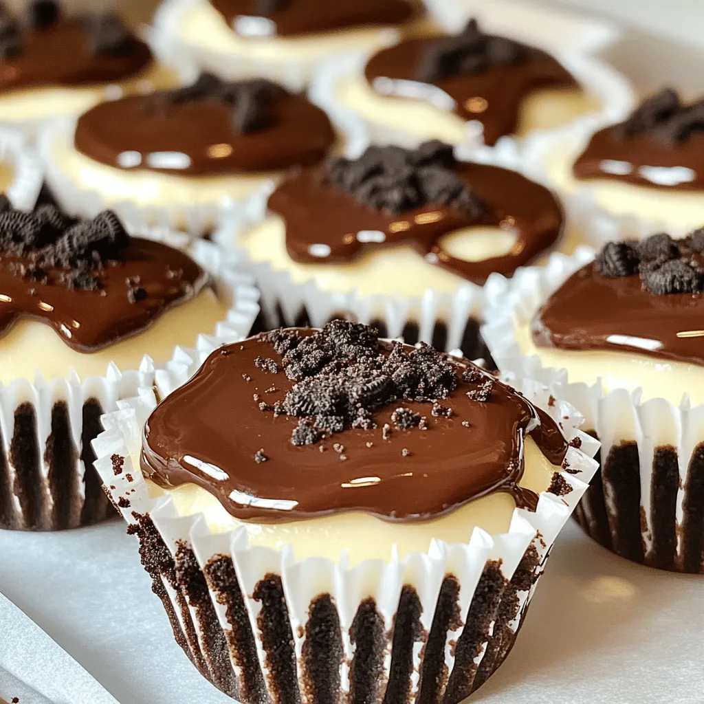 When making No-Bake Oreo Cheesecake Minis, having the right ingredients is key. Let’s take a look at what you’ll need. - 24 Oreo cookies, finely crushed (plus extra for topping) - 4 tablespoons unsalted butter, melted - 8 oz cream cheese, softened at room temperature - 1/2 cup powdered sugar - 1 teaspoon pure vanilla extract - 1 cup heavy whipping cream, chilled - 1/4 cup chocolate ganache (optional for drizzling) Each ingredient plays a role in creating that creamy texture and rich flavor. The Oreo cookies form the perfect sweet crust and topping. The unsalted butter helps bind the crust together and adds richness. Cream cheese is the star of the show, offering a creamy base that is hard to resist. Powdered sugar adds sweetness without grittiness, while vanilla extract enhances the overall flavor. Heavy whipping cream brings lightness to the filling, making it fluffier. If you want to elevate your treats, a drizzle of chocolate ganache is a delightful option. For the full recipe, check the recipe section. Remember, fresh ingredients yield the best results. Enjoy gathering these items; it’s the first step to making a delicious dessert! To start, take 24 Oreo cookies and crush them well. You want fine crumbs for the crust. Next, mix these crumbs with 4 tablespoons of melted butter. Stir until the mixture feels like wet sand. Now, grab a mini muffin tin and line each cup with cupcake liners. Spoon about 1 tablespoon of the Oreo mixture into each liner. Use your fingers or the back of a spoon to press the mixture firmly down. This helps form a strong crust. Set the tin aside to let it firm up as you move on to the filling. In a large bowl, place 8 oz of softened cream cheese. Beat it with an electric mixer until it is smooth. This should take around 2-3 minutes. Next, sift in 1/2 cup of powdered sugar. Add 1 teaspoon of pure vanilla extract at the same time. Continue mixing until everything is well combined and free of lumps. Now it’s time to make it fluffy! In another bowl, pour in 1 cup of chilled heavy whipping cream. Whip it on high speed until you see stiff peaks form. This will take about 3-5 minutes. Carefully fold the whipped cream into the cream cheese mixture using a spatula. Be gentle to keep it airy. Once combined, scoop the cheesecake filling into each crust. Fill them right to the top. Use a spatula to smooth the tops. Cover the muffin tin with plastic wrap and chill in the fridge for at least 4 hours. This step helps the cheesecakes set up perfectly. Add crushed Oreo cookies on top before you serve them. You can also drizzle with chocolate ganache for extra fun. For the full recipe and more details, check out the [Full Recipe]. To get the best texture for your No-Bake Oreo Cheesecake Minis, start with the cream cheese. Beat it well until it’s smooth. Use a medium speed on your mixer for about 2-3 minutes. This helps to avoid lumps. Next, chill your heavy whipping cream before using it. Cold cream whips better and adds fluffiness. When you whip it, aim for stiff peaks. This will give your cheesecake a light and airy feel. For a beautiful presentation, place the cheesecake minis on a nice platter. You can add crushed Oreos on top for style. You could also sprinkle some mint leaves or chocolate shavings around them. Pair these treats with coffee or dessert wines. The rich creaminess of the cheesecake balances well with a nice cup of coffee. One common mistake is overmixing the cream. When you fold the whipped cream into the cream cheese, do it gently. This keeps the texture airy. Another mistake is not chilling the cheesecake long enough. Make sure to refrigerate for at least 4 hours. This helps the cheesecakes set properly and hold their shape. Following these tips will help you create perfect mini cheesecakes every time. For the full recipe, check the earlier section. {{image_4}} You can easily switch up the flavors of your No-Bake Oreo Cheesecake Minis. One fun way is by adding different extracts. For example, almond extract gives a nice twist. Just use a half teaspoon for that extra touch. You can also mix in other cookies like chocolate chip. This change adds fun and new tastes to your treats. If you need gluten-free options, swap out the regular Oreo cookies for gluten-free ones. Many brands now offer this choice, so it’s easy to find. For vegan alternatives, use vegan cream cheese and coconut cream instead of heavy whipping cream. These changes keep the taste great while meeting dietary needs. You can make larger cheesecakes if you prefer. Just use a springform pan instead of a mini muffin tin. Adjust the baking time and use the same filling. If you want a traditional cheesecake look, pour the filling into a pie dish. This way, you can serve slices instead of minis. For the full recipe, check the main article. To keep your No-Bake Oreo Cheesecake Minis fresh, place them in an airtight container. This helps to lock in moisture and flavor. Store them in the fridge for up to 5 days. If you want to keep them longer, consider freezing them for up to 3 months. Just make sure to wrap each mini well in plastic wrap before placing them in a freezer bag. You don’t need to reheat these treats. They taste best chilled. If you freeze them, allow them to thaw in the fridge overnight. This way, they regain their creamy texture. For serving, just take them out of the fridge, add your toppings, and enjoy! These cheesecake minis last about 5 days in the fridge. Store them in an airtight container. This keeps them fresh and tasty. Before serving, check for any signs of spoilage. Always use clean utensils to avoid contamination. Yes, you can use low-fat cream cheese. However, it may alter the taste and texture. The cheesecake might be less creamy and rich. It can still work, but the flavor may not be as bold. Choosing full-fat cream cheese gives the best results. Absolutely! You can make these cheesecake minis a day before your event. This saves time and stress on the day of the party. Just be sure to store them in the fridge. They will set perfectly and taste great the next day. To make these gluten-free, use gluten-free Oreo cookies. This simple swap keeps all the flavors while avoiding gluten. Check the labels on the cream cheese and toppings to ensure they are also gluten-free. Enjoy these treats without worry! For the full recipe, follow the steps above. You now have all the steps to make No-Bake Oreo Cheesecake Minis. Start with your crust using Oreo cookies and butter. Then, create a smooth filling with cream cheese, powdered sugar, and whipped cream. Remember the tips on texture and serving ideas. You can personalize your recipe with flavors or dietary options. With the right storage, these treats will stay fresh and tasty. Enjoy making these fun desserts for your next gathering! Your friends will love them. Keep experimenting and savoring each bite!