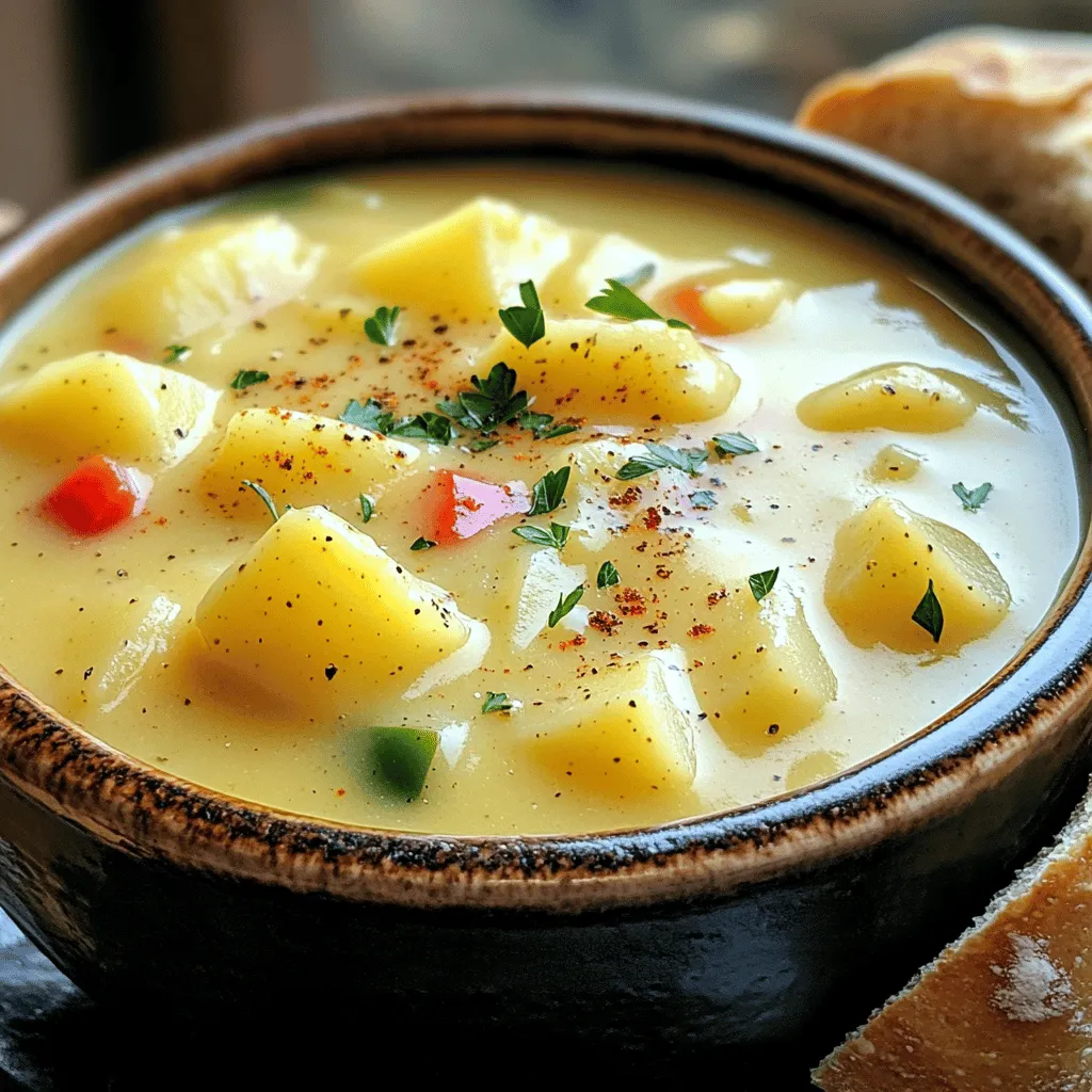 - 4 medium Yukon gold potatoes, peeled and diced - 1 medium onion, finely chopped - 2 cloves garlic, minced - 1 bell pepper (red or green), diced - 2 celery stalks, chopped - Fresh parsley, chopped for garnish - 4 cups vegetable broth - 1 cup heavy cream (or coconut milk) - 2 tablespoons Cajun seasoning - 1 teaspoon smoked paprika - Salt and pepper - 2 tablespoons olive oil If you want a dairy-free soup, you can use coconut milk instead of heavy cream. You can also swap Yukon gold potatoes for russets if you prefer. For gluten-free needs, check your broth for gluten-free options. If you want less spice, use less Cajun seasoning. Adjust to make it fit your taste. This recipe is all about flavor and comfort. You can find the Full Recipe to get the complete details. Start by washing the Yukon gold potatoes. Peel them and cut them into small pieces. This helps them cook evenly. Next, chop the onion finely. This adds sweetness to the soup. Mince the garlic cloves to boost the flavor. Dice the bell pepper into small bits for color. Finally, chop the celery stalks for extra crunch. In a large pot, heat the olive oil on medium heat. Add the chopped onion, minced garlic, diced bell pepper, and chopped celery. Cook these for about 5-7 minutes. Stir occasionally until the veggies soften. Then, add the diced potatoes, Cajun seasoning, and smoked paprika. Stir everything for about 2 minutes. This toasts the spices and brings out their flavors. Now, pour in the vegetable broth and bring it to a boil. Once boiling, lower the heat and let it simmer for 20-25 minutes. This makes the potatoes tender and flavorful. After simmering, it’s time to blend the soup. Use an immersion blender to mix it until smooth. If you like some chunks, save a few potato pieces first. Stir them back in after blending for a nice texture. Next, mix in the heavy cream or coconut milk. Heat the soup for about 5 minutes. Taste and adjust the salt and pepper as needed. Now, your Cajun potato soup is ready to enjoy! For the full recipe, check out the detailed instructions. For the best flavor, start by sautéing the onion, garlic, bell pepper, and celery. This step builds a strong base. Use medium heat and stir often. Let the veggies soften and caramelize slightly. This adds sweetness and depth. Toast the Cajun seasoning and smoked paprika with the potatoes. This step brings out their full flavors. To adjust the spice level, add more or less Cajun seasoning. For a milder soup, use less. You can also add a splash of lemon juice for brightness. For creaminess, use heavy cream or coconut milk. You can add more cream if you like it richer. Blend the soup until smooth for a creamy texture. If you prefer some chunks, reserve a few potato pieces before blending. Serve your Cajun potato soup in deep bowls. Garnish with fresh parsley for a pop of color. A sprinkle of extra Cajun seasoning adds flair. Pair it with crusty bread or a side salad for a full meal. You can also serve it with grilled cheese for a comforting touch. Enjoy your hearty bowl of soup! For the complete recipe, check out the Full Recipe. {{image_4}} To make Cajun potato soup dairy-free or vegan, swap out the heavy cream. Use coconut milk instead. It gives a creamy texture. You can also try almond milk or cashew cream. Each option brings a unique flavor. Just keep in mind that coconut milk adds a slight sweetness. This will balance well with the spices. Want to boost the taste and nutrition? Add some greens! Spinach or kale works great. Toss them in during the last few minutes of cooking. For protein, consider adding cooked chickpeas or shredded tofu. These options help make the soup more filling. You can also add corn or diced tomatoes for extra sweetness and texture. Toppings make the soup fun and flavorful! Try crispy bacon bits for crunch. They add a nice smoky flavor. Or use chopped green onions for a fresh bite. A dollop of sour cream or vegan yogurt can provide creaminess. You might also sprinkle some Cajun seasoning on top for a bold kick. Fresh parsley or cilantro gives a great pop of color, too. After enjoying your Cajun potato soup, let it cool to room temperature. Pour any leftovers into an airtight container. Make sure to store the soup in the fridge. It will stay fresh for about three to five days. If you want to keep it longer, freezing is a great option. When you're ready to enjoy your soup again, reheat it on the stove. Pour the soup into a pot over medium heat. Stir often to prevent sticking. Heat until it is warm throughout. You can also use the microwave. Place the soup in a microwave-safe bowl, cover it loosely, and heat in short bursts. Stir between each burst to ensure even warming. To freeze Cajun potato soup, use freezer-safe containers. Leave some space at the top of each container for expansion. The soup can last up to three months in the freezer. When you’re ready to eat it, thaw it in the fridge overnight. After thawing, reheat it on the stove or in the microwave until hot. For best taste, avoid freezing the soup with cream; it may separate when thawed. Cajun potato soup is a warm and creamy dish. It blends Yukon gold potatoes with spices. Cajun seasoning gives it a unique kick. The soup is hearty and fills you up. You can taste the flavors of onion, garlic, and bell pepper. Each spoonful offers comfort and warmth. This soup is perfect for chilly days or family gatherings. Yes, you can use regular potatoes. Russets or red potatoes work well too. Yukon gold potatoes add a creamy texture. They also have a buttery flavor. If you choose other types, the soup will still taste great. Just be mindful of the cooking time. Different potatoes may cook at different rates. To spice up your soup, add more Cajun seasoning. You can also include diced jalapeños or hot sauce. A pinch of cayenne pepper can boost the heat. Start with small amounts to avoid overpowering the dish. Taste as you go to find your perfect spice level. Adjusting spice can make the soup exciting and bold. For the full recipe, check the section above. Cajun Potato Soup is delicious and easy to make. We covered fresh ingredients and pantry staples you need. I shared tips for cooking and blending for the perfect texture. You learned serving ideas to enhance each bowl. Variations offer options for everyone, including dairy-free choices and new toppings. Keep these storage tips in mind to enjoy it later. Try it, tweak it, and make it your own. Enjoy your soup adventure!