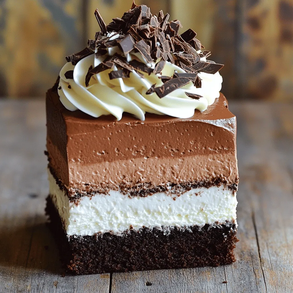 For the Chocolate Cake: - 1 cup all-purpose flour - 1 cup granulated sugar - 1/2 cup unsweetened cocoa powder - 1 teaspoon baking powder - 1/2 teaspoon baking soda - 1/4 teaspoon salt - 1/2 cup unsalted butter, melted - 2 large eggs - 1/2 cup whole milk - 1 teaspoon vanilla extract For the Chocolate Mousse Layers: - 4 ounces dark chocolate (70% cocoa), chopped - 4 ounces milk chocolate, chopped - 4 ounces white chocolate, chopped - 2 cups heavy whipping cream (divided into 3 portions) - 3 tablespoons granulated sugar (divided) - 1 teaspoon vanilla extract (divided) For Garnish: - Chocolate shavings or curls - Whipped cream The ingredients for this Triple Chocolate Mousse Cake are simple but rich. You need three types of chocolate: dark, milk, and white. Each type adds its flavor and texture. The cake itself is soft and moist. It forms a perfect base for the light and airy mousse layers. Using good quality chocolate is key for a great taste. The heavy whipping cream helps make the mousse fluffy. The sugar balances the chocolate's bitterness. The eggs in the cake add moisture and richness. You can find all these ingredients in your local store. For the full recipe, follow the steps to create this delicious dessert! 1. Preheating the oven: Start by preheating your oven to 350°F (175°C). This step ensures the cake bakes evenly. 2. Mixing dry ingredients: In a large bowl, sift together these dry ingredients: - 1 cup all-purpose flour - 1 cup granulated sugar - 1/2 cup unsweetened cocoa powder - 1 teaspoon baking powder - 1/2 teaspoon baking soda - 1/4 teaspoon salt Mix well so everything combines nicely. 3. Combining wet ingredients and baking the cake: Now, in the same bowl, add: - 1/2 cup unsalted butter, melted - 2 large eggs - 1/2 cup whole milk - 1 teaspoon vanilla extract Stir until just combined. Be careful not to overmix. Pour this smooth batter into the greased cake pan. Bake for 25-30 minutes. Check with a toothpick; it should come out clean. Let the cake cool completely before moving it. 1. Preparing the dark chocolate mousse: Melt 4 ounces of dark chocolate in a double boiler or microwave. Stir until smooth and let it cool. In a new bowl, whip 1 cup of heavy cream until soft peaks form. Add 1 tablespoon of sugar and 1/2 teaspoon of vanilla extract. Keep whipping until you see stiff peaks. Gently fold the melted chocolate into the whipped cream until smooth. Set aside. 2. Preparing the milk chocolate mousse: Repeat the melting process for 4 ounces of milk chocolate. In another bowl, whip another cup of heavy cream with 1 tablespoon of sugar and 1/2 teaspoon of vanilla extract until stiff peaks form. Fold in the melted milk chocolate gently until mixed. Set aside. 3. Preparing the white chocolate mousse: Melt 4 ounces of white chocolate in the same way. For the last cup of heavy cream, whip it with 1 tablespoon of sugar and the last portion of vanilla extract until stiff peaks form. Carefully fold in the melted white chocolate until fully mixed. 1. Layering the mousses with the cake: Slice the cooled chocolate cake in half horizontally. Place the bottom layer on a plate. Spread the dark chocolate mousse over it evenly. 2. Chilling the assembled cake: Place the top layer on the mousse. Spread the milk chocolate mousse over it. Finally, top with white chocolate mousse. Smooth the sides for a neat look. Chill the cake in the fridge for at least 4 hours, or overnight, for best results. You can find the full recipe for more detailed steps. Enjoy creating this delicious treat! To make smooth mousse, use room temperature ingredients. This helps them mix well. Whipping cream is key. Start with cold cream and use a clean bowl. Beat it gently. Watch for soft peaks first, then beat until stiff peaks form. Common mistakes can ruin your mousse. Avoid overmixing when folding chocolate into whipped cream. This can deflate your mousse. Also, make sure your chocolate cools before mixing. Hot chocolate can melt your cream. Even baking is important for a great cake. Make sure your oven is preheated. Use an oven thermometer to check the temperature. Grease your pan well to prevent sticking. Let the cake cool in the pan for about 10 minutes. Then, move it to a wire rack. This prevents sogginess at the bottom. When you slice the cake, use a sharp knife. This helps keep the layers intact. Garnishing your cake makes it special. Use chocolate shavings or curls for a fancy look. You can add a dollop of whipped cream on top too. When serving, slice the cake with a clean knife. Wipe the knife after each cut. This keeps slices neat. Serve with a side of fruit or sauce for extra flair. For the full recipe, check out the complete guide. {{image_4}} You can easily make this cake gluten-free. Just swap the all-purpose flour for gluten-free flour. Look for a blend that works well in cakes. It’s best to use one with a good balance of starch and protein. This will keep your cake light and fluffy. When using gluten-free flour, you may need to add an extra egg. This helps with the structure. Also, consider adding a bit of baking powder to improve the rise. Want to add a twist to your mousse? Start by mixing in a bit of espresso. This gives the chocolate a deep, rich flavor. Just a teaspoon can make a big difference! You can also enhance the cake with extracts. Try adding peppermint or orange extract. Just a few drops can change the taste. It’s a fun way to match the cake with the season or your mood. Pairing your cake with sauces can elevate your dessert. Caramel or raspberry sauce works great. They add a nice contrast to the chocolate. For special occasions, think about different presentation styles. You could layer the mousse in cups for an individual treat. This makes serving easy and fun! You could also add fresh berries or mint leaves for a pop of color. For the full recipe, check out the [Full Recipe]. After enjoying your triple chocolate mousse cake, store any leftovers in the fridge. Keep the cake in an airtight container. This helps to keep it fresh and moist. If you don't have a container, cover the cake tightly with plastic wrap. This will also help maintain its flavor. If you want to save some cake for later, freezing is a great option. Start by slicing the cake into portions. Wrap each piece in plastic wrap tightly. Then, place the wrapped portions in a freezer-safe bag. Make sure to remove as much air as possible. When you're ready to eat, take out a portion. Let it thaw in the fridge overnight for the best texture. The cake can last about 4 to 5 days in the fridge. Check for any signs of spoilage. If you notice an off smell or changes in texture, it’s best to discard it. Enjoy your dessert while it’s fresh! For the full recipe, look back at the ingredients and instructions to create this delicious treat. To prevent a grainy mousse, focus on melting chocolate correctly. Use a double boiler or microwave. Heat the chocolate slowly. Stir often until smooth. Let it cool before mixing into whipped cream. This method ensures a creamy texture. Yes, you can make this cake ahead. Bake the cake a day before serving. Allow it to cool completely. Wrap it tightly and store it in the fridge. You can also make the mousse layers ahead. Assemble the cake the day you plan to serve it for the best freshness. If you want a non-dairy option, use coconut cream. It's thick and creamy. You can also use almond milk with a thickener like cornstarch. Soy cream is another good choice. These alternatives will still give you a rich mousse. A flat cake often comes from too little leavening or overmixing. Check your baking powder's freshness. Make sure you measure accurately. If your cake is flat, you can trim it and layer the mousse thicker to balance it. For keto dieters, replace sugar with a keto-friendly sweetener. For a vegan option, use plant-based butter and a vegan cream. Adjust the chocolate types to ensure they are dairy-free. It’s important to check ingredients for allergies too. This blog post covered how to make a delicious chocolate cake with mousse layers. You learned about the key ingredients, step-by-step instructions, and important tips for success. Remember to chill the cake properly and use room temperature ingredients for the mousse. You can try fun variations and know how to store your cake to keep it fresh. With this guide, you can create a beautiful dessert for any occasion. Enjoy baking your masterpiece, and share it with friends and family!