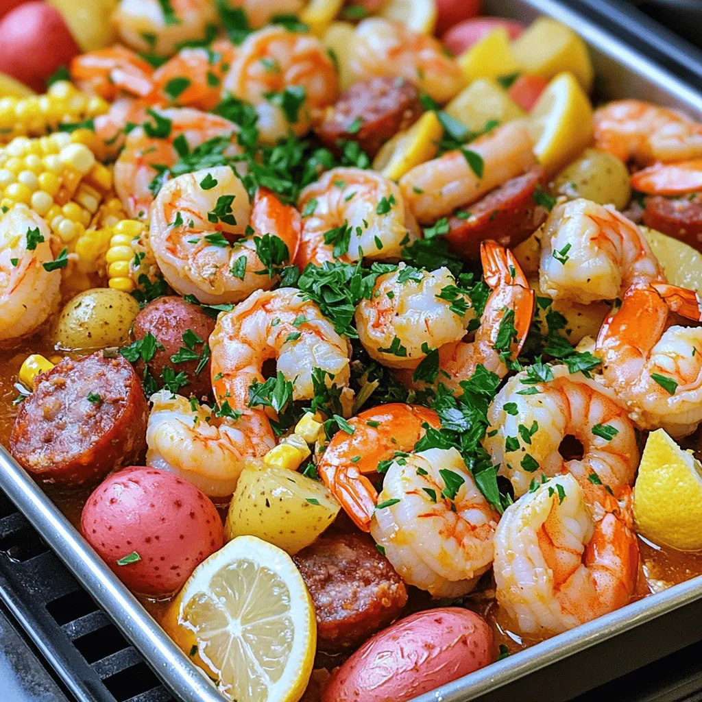 - 2 lbs large shrimp, peeled and deveined - 1 lb baby red potatoes, halved - 2 ears of corn, cut into thirds - 1 lb smoked sausage, sliced - 1/4 cup Old Bay seasoning - 1 tablespoon smoked paprika - 2 tablespoons olive oil - 6 cloves garlic, minced - Salt and pepper to taste - Fresh parsley, chopped - Lemon wedges for serving When I make a Traeger shrimp boil, I focus on fresh, high-quality ingredients. The shrimp should be large and juicy, giving each bite a sweet, briny flavor. I like baby red potatoes for their smooth texture and taste. They complement the shrimp wonderfully. Corn adds a nice crunch, too. For the seasonings, Old Bay is a must. It brings a classic seafood taste that everyone loves. I also add smoked sausage for a hearty flavor. Smoked paprika enhances the overall taste with its rich, smoky notes. I often use fresh garlic to brighten the dish. You can adjust the salt and pepper to match your taste. Don’t forget the garnish! Fresh parsley adds color and a fresh taste. Lemon wedges serve as a zesty finish. You can find the full recipe for all these flavors and more. - Preheat grill to 350°F (175°C). First, you need to get your Traeger grill ready. Set the temperature to 350°F. This heat will help cook everything evenly and give it a nice smoky flavor. - Boil potatoes with Old Bay seasoning and salt for 10-15 minutes. Next, take a large pot and fill it with water. Add half of the Old Bay seasoning and a little salt. Bring the water to a rolling boil. Once it’s boiling, add the halved baby red potatoes. Cook them for 10-15 minutes. You want them tender but not mushy. - Incorporate corn and sausage, boiling for an additional 5-7 minutes. When the potatoes are almost done, it’s time to add the corn and smoked sausage. Toss them into the pot and let everything boil together for another 5-7 minutes. This step adds great flavor to your dish. - Add shrimp and remaining Old Bay, simmer for 3-5 minutes. Now, reduce the heat to a gentle simmer. Add the shrimp and the rest of the Old Bay seasoning. Stir gently to coat the shrimp. Cook for 3-5 minutes. You’ll know they are done when they turn pink and opaque. - Drizzle olive oil, garlic, and smoked paprika, then transfer to grill-safe pan. In a large mixing bowl, drizzle in the olive oil, minced garlic, and smoked paprika. Toss everything together until the shrimp, potatoes, corn, and sausage are well-coated. Then, carefully transfer this mix into a grill-safe pan. - Cook on Traeger grill for 10-15 minutes, stirring halfway through. Place the pan on your preheated Traeger grill. Grill everything for about 10-15 minutes. Remember to stir halfway through. This helps get that delicious, smoky flavor throughout your dish. Enjoy this amazing Traeger shrimp boil! For the complete details on ingredients and steps, check the Full Recipe. To make your Traeger shrimp boil pop, use high-quality shrimp. Fresh shrimp has a sweet taste and firm texture. Pair it with fresh ingredients like baby red potatoes and corn. The fresher your items, the better the flavor. I always recommend visiting local markets to find the best produce. Grilling on a Traeger is unique. You must monitor the temperature closely. Set your grill to a steady 350°F (175°C) for best results. This helps cook evenly and enhances the smoky flavor. Check your grill often to ensure it stays at the right heat. One big mistake is overcooking shrimp. If you cook them too long, they turn rubbery. Aim for a cook time of just 3-5 minutes after adding them to the pot. The shrimp will turn pink and opaque, which means they are done. Always keep an eye on them during cooking. For the full recipe, check the details above. {{image_4}} You can make your Traeger shrimp boil even tastier by adding more veggies. Bell peppers bring a nice crunch and color. Onions add sweetness and depth. Simply chop them up and toss them in while boiling. They will soak up the flavors and boost your dish. Want to switch things up? Try using crab or lobster instead of sausage. These seafood options add a rich, delicate flavor. Just remember to adjust cooking times. Crab and lobster cook quickly, so add them later in the process. This way, you get a seafood twist that’s sure to impress. Do you like heat? You can raise the spice level in your shrimp boil. Add more Old Bay seasoning for a kick. You can also drizzle some hot sauce over the finished dish. This will give it a spicy zing that warms your taste buds. Adjust the heat to fit your crowd's preferences. After your feast, store any leftover shrimp boil in airtight containers. It will stay fresh in the fridge for up to 3 days. Keeping it sealed helps to maintain that delicious flavor. When it’s time to enjoy your leftovers, gently reheat them. You can use a stovetop or your Traeger grill. This method keeps the shrimp tender and the potatoes soft, ensuring a great taste. If you want to save some for later, freeze portioned servings. They will last for up to 2 months in the freezer. Just make sure to seal them well to avoid freezer burn. Enjoy the smoky goodness whenever you like! Peeling shrimp can be simple. Start by holding the shrimp in one hand. Use the other hand to pinch the shell at the top. Gently pull the shell down toward the tail. The shell should come off easily. You can also remove the tail if you like. This method works great for fresh or thawed shrimp. Yes, you can use frozen shrimp! Just make sure to thaw them first. Place the shrimp in the fridge overnight or run them under cold water. Frozen shrimp can be just as tasty as fresh. Look for shrimp that are labeled "wild-caught" for the best flavor. To add heat, try using cayenne pepper or hot sauce. Mix these into the seasoning before cooking. You can also add sliced jalapeños for a fresh kick. If you like smoky heat, use chipotle powder. Taste as you go to find the right heat level for you. Many sides go well with shrimp boil. Crusty bread is great for soaking up juices. A fresh salad adds crunch and brightness. You might enjoy coleslaw for a creamy contrast. Grilled vegetables also work well, adding extra flavor to your meal. Perfectly cooked shrimp turn pink and opaque. They should curl slightly but not be tight. This usually takes about 3-5 minutes of cooking. To be sure, you can cut one open. It should not be translucent but fully cooked inside. You can find the Full Recipe for the Traeger shrimp boil in the article above. It has all the steps and ingredients to get you started on this delicious meal. In this blog post, we explored how to make a delicious Traeger shrimp boil. We covered main ingredients, seasonings, and step-by-step cooking instructions. I shared tips to boost flavor and avoid common mistakes. You can customize this dish with extra veggies or spices. Don't forget to refrigerate leftovers properly. This shrimp boil is simple, fun, and perfect for gatherings. Using fresh ingredients makes a big difference. Enjoy grilling your next meal!