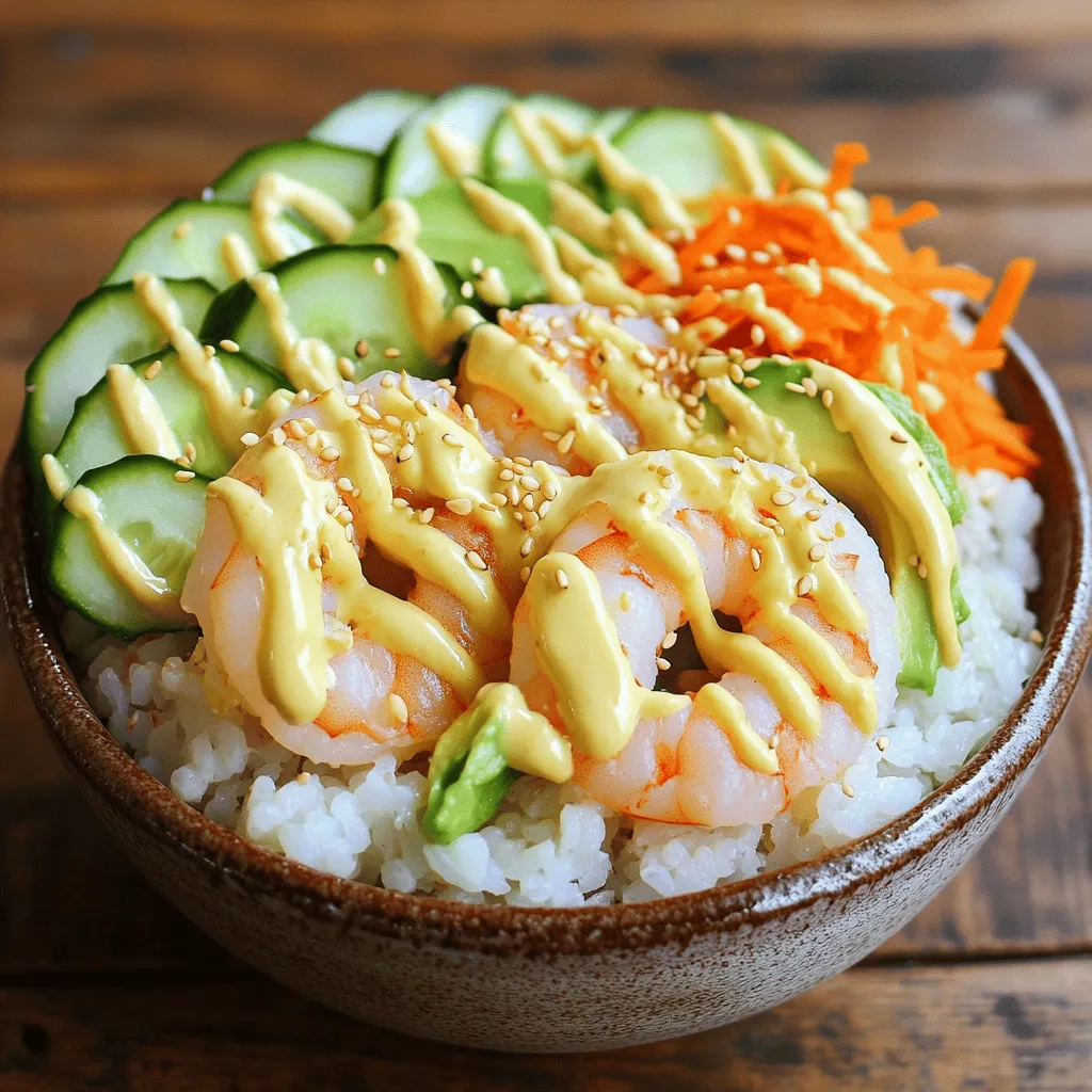 - 2 cups sushi rice - 2 ½ cups water - 1 ripe avocado, sliced - 1 cucumber, julienned - 1 medium carrot, grated - 4 oz cooked shrimp, crab, or diced tofu Sushi rice is the star here. It is sticky and perfect for holding everything together. You can choose fresh vegetables like avocado, cucumber, and carrots. These add crunch and nutrients. For protein, you can use shrimp, crab, or tofu. Tofu is great for a vegetarian option and absorbs flavors well. - 1 tablespoon rice vinegar - 1 tablespoon granulated sugar - 1 teaspoon fine sea salt - 2 tablespoons soy sauce - 2 tablespoons mayonnaise (preferably Japanese Kewpie mayo) - 1 teaspoon sriracha The right seasoning makes the dish pop. Mix rice vinegar, sugar, and salt to flavor the rice. This blend adds a sweet and tangy touch. For the sauce, whisk mayonnaise and sriracha together. Adjust the sriracha to your heat liking. This yum yum sauce brings everything together with a creamy texture. - Sesame seeds - Nori strips Garnishes add flair. Sesame seeds provide a nutty crunch. Nori strips give an extra layer of flavor and texture. They make the bowl look more appealing too. These small touches can elevate your yum yum sushi bowl from simple to stunning. Don’t skip them! For the full details on making this dish, check the Full Recipe. - Rinsing the rice Rinse 2 cups of sushi rice under cold water. Keep rinsing until the water runs clear. This step helps wash away excess starch. Drain the rice well. - Cooking process In a medium saucepan, mix the rinsed rice with 2 ½ cups of water. Bring it to a boil over medium heat. Once it boils, lower the heat and cover the pot. Let it simmer for about 18 minutes. All the water should absorb. - Seasoning the rice After cooking, take the pot off the heat but keep it covered. Let it sit for 10 minutes. Mix 1 tablespoon of rice vinegar, 1 tablespoon of sugar, and 1 teaspoon of salt in a bowl. Stir until dissolved. Gently fold this mix into the warm rice using a spatula. - Slicing avocado Take 1 ripe avocado and slice it into thin wedges. Make sure the slices are even for a nice look. - Julienne cucumber Grab 1 cucumber and slice it into thin matchstick pieces. This adds a fresh crunch to your bowl. - Grating carrot Use 1 medium carrot. Grate it into fine shreds. This will add color and sweetness to your dish. - Layering the ingredients Spoon the seasoned sushi rice into serving bowls. Neatly arrange the avocado, cucumber, and grated carrot on top. - Adding yum yum sauce Whisk together 2 tablespoons of mayonnaise and 1 teaspoon of sriracha in a small bowl. Drizzle this yum yum sauce generously over the ingredients. - Finishing touches Sprinkle sesame seeds on top for garnish. If you like, add nori strips for extra crunch. Enjoy your colorful and tasty Yum Yum Sushi Bowl! For the complete recipe, check out the Full Recipe section. To make great sushi rice, start by rinsing it well. Rinse the rice under cold water until the water runs clear. This step removes extra starch. If the rice is too starchy, it can turn mushy. After rinsing, drain the rice thoroughly to avoid excess water. For simmering, combine the rinsed rice with water in a medium saucepan. Bring it to a boil on medium heat. Once it’s boiling, turn the heat down low. Cover the pot and let it simmer for about 18 minutes. The rice will absorb the water and become tender. After cooking, let the rice sit off the heat for 10 minutes. This resting time helps the rice to finish cooking evenly. You can make your sushi bowl unique by changing the protein. Instead of shrimp or crab, try using diced tofu. Tofu is a great vegetarian option and soaks up flavors well. You can even mix proteins. For a fun twist, add grilled chicken or spicy tuna. Adjust the spice levels by adding more or less sriracha in your yum yum sauce. If you like it mild, use just a little. For heat lovers, go wild with the sriracha. You can also add more spices or toppings like pickled ginger for extra zing. When serving your Yum Yum Sushi Bowl, think about pairings. Serve it with seaweed salad or edamame for a nice touch. These sides add flavor and texture to your meal. For presentation, use colorful bowls to make your dish pop. Arrange the toppings neatly on the rice. This makes each bowl look inviting. You can also sprinkle sesame seeds on top for extra crunch. If you use nori strips, it adds a fun element and a bit of crunch. Feel free to explore the full recipe to make your own Yum Yum Sushi Bowl! {{image_4}} For a vegetarian Yum Yum Sushi Bowl, tofu works great as a protein. You can use firm tofu for the best texture. Simply cut the tofu into cubes and pan-fry it until golden brown. This adds a nice crunch. You can also add a variety of fresh vegetables. Try bell peppers, radishes, or edamame for extra color and taste. Each vegetable brings a unique flavor and crunch. Feel free to mix and match based on what you like! To make a spicy tuna variant, start with fresh sushi-grade tuna. Dice the tuna into small pieces. In a bowl, mix the tuna with a bit of soy sauce and sesame oil for taste. For the yum yum sauce, increase the sriracha to make it spicier. You can also add a dash of lime juice for a zesty kick. This twist adds a wonderful umami flavor that tuna lovers will enjoy. You can switch up the sauces for your sushi bowl. Try using a sesame dressing for a nutty flavor. A ponzu sauce can add a citrusy twist. Experiment with spicy mayo or a sweet chili sauce for different tastes. Each sauce can change the entire flavor profile of the bowl. Get creative and find your favorite combination! For a complete guide, check out the Full Recipe. When you have leftovers, store them right. Use an airtight container. Keep the sushi bowl in the fridge. It stays fresh for about two days. To keep your ingredients fresh: - Separate the rice from the toppings. - Wrap sliced avocado in plastic wrap to stop browning. - Use a paper towel to keep cucumbers crisp. You can freeze some parts of the sushi bowl. The rice can be frozen. However, avoid freezing fresh veggies and sauces. They do not freeze well. To defrost safely: - Move frozen rice to the fridge overnight. - Heat it gently in a microwave or on the stove. For reheating rice, use low heat. Add a splash of water to keep it moist. Cover it while heating. This helps heat evenly. Serve cold ingredients straight from the fridge. They taste fresh and crispy. Enjoy your Yum Yum Sushi Bowl! For more details, check out the Full Recipe. A Yum Yum Sushi Bowl is a fun dish that mixes sushi flavors in a bowl. It has rice, fresh veggies, and protein like shrimp or tofu. You can top it with a creamy yum yum sauce. This dish comes from Japanese sushi but puts a twist on it. It makes sushi easy to enjoy at home. Yes, you can prepare some parts ahead of time. Cook the sushi rice and let it cool. Store it in the fridge for up to two days. You can also slice the veggies and keep them in a container. The yum yum sauce can be made in advance, too. This way, when you’re ready to eat, you only need to assemble your bowl. If you don't have sushi rice, you have options. You can use short-grain rice or even quinoa. Short-grain rice will still give a nice sticky texture. Quinoa adds a nutty flavor and is full of protein. Each option changes the bowl's taste, so pick what you like best. For the full recipe, check the detailed steps above. This blog post outlined the key elements of making a delicious sushi bowl. We covered the main ingredients, including sushi rice, fresh veggies, and protein options. You learned how to season the rice and prepare toppings, with tips for perfecting your bowl. Don’t forget the unique variations, like spicy tuna or vegetarian options. In summary, making a sushi bowl is easy and fun. Customizing your bowl lets you be creative. Enjoy crafting your next yummy meal!