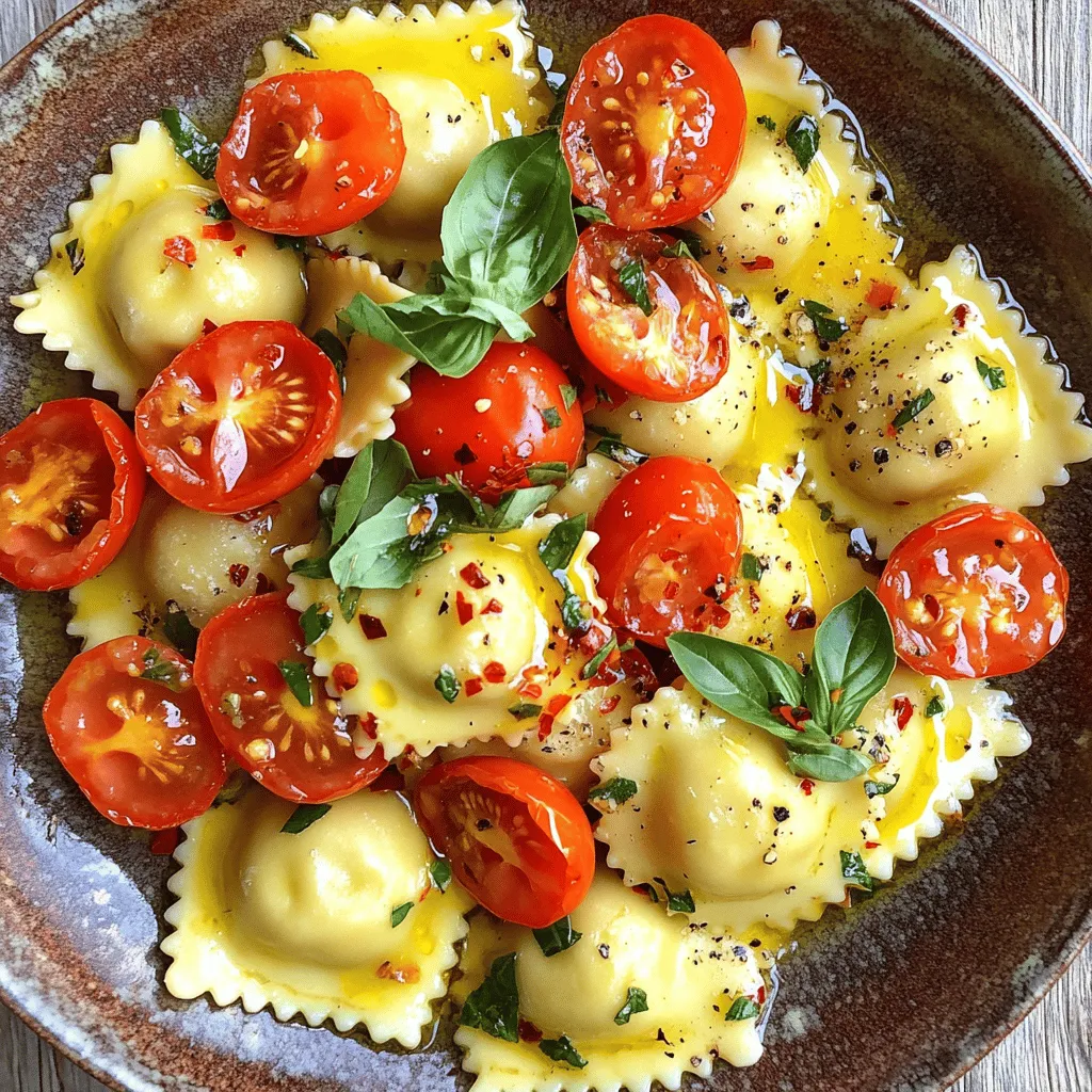- 1 package of fresh cheese ravioli (approximately 9 oz) - 3 cups ripe cherry tomatoes, halved - 3 cloves of garlic, finely minced - 1/4 cup fresh basil leaves, chopped - 1 tablespoon extra virgin olive oil - 1/2 teaspoon red pepper flakes (optional for spice) - Sea salt and freshly ground black pepper, to taste - Grated Parmesan cheese for serving (optional) A serving of this dish is about 350 calories. Each dish contains protein, carbs, and healthy fats. You get around 15 grams of protein, 50 grams of carbs, and 10 grams of fat. This meal offers a good balance of nutrients. - Pot for cooking ravioli - Large skillet - Knife and cutting board Using fresh ingredients makes all the difference in this recipe. With these simple items, you can create a dish full of flavor and freshness. For the full recipe, check out the main article. To cook the cheese ravioli, bring a large pot of salted water to a boil. Add the ravioli and cook them for about 3-5 minutes. You want them to be al dente, which means they should be firm but cooked through. After cooking, drain the ravioli carefully. Make sure to save a cup of the pasta water. This water helps later with the sauce. Reserving pasta water is very important. It contains starch from the pasta, which helps the sauce stick and gives it a nice texture. You won't want to skip this step! In a large skillet, pour in the extra virgin olive oil and warm it up over medium heat. Once hot, add the finely minced garlic. Sauté the garlic for about one minute. You want it to smell good but not burn. Now, add the halved cherry tomatoes to the skillet. Cook them for 5-7 minutes, stirring often. Watch as they soften and start to burst. This is how you create a rich and tasty sauce. If you want a little heat, sprinkle in some red pepper flakes. Don't forget to season your sauce with sea salt and freshly ground black pepper. Once the tomatoes are ready, gently fold the cooked ravioli into the skillet. This action helps mix the flavors. If the sauce looks too thick, add a splash of the reserved pasta water. This will help you get that silky smooth sauce. Before you serve, mix in the chopped basil. The heat from the pasta will wilt the basil and bring out its nice flavor. Serve the dish right away, and feel free to add some grated Parmesan cheese on top for extra taste. To cook ravioli to al dente, follow the package instructions closely. Al dente means that the pasta is firm yet tender. This gives your dish a nice texture. When you drain the ravioli, remember to save a bit of pasta water. This water helps to adjust the sauce later. For the sauce, start with fresh ingredients. I recommend ripe cherry tomatoes for the best flavor. When sautéing garlic, do it gently. Cook it just until fragrant to avoid burning. Add salt and pepper to taste. This enhances the natural flavors of your sauce. Serving your ravioli in shallow bowls makes for an elegant look. The bright colors of the tomatoes and basil will stand out beautifully. Drizzle a little olive oil on top for added shine and flavor. For garnishing, use fresh basil leaves. You can also sprinkle some grated Parmesan cheese on top. This adds a rich flavor and a lovely touch to your dish. One common mistake is overcooking tomatoes. You want them to soften but not become mushy. This will keep the sauce fresh and vibrant. Another mistake is using too much or too little pasta water. If your sauce is thick, a splash of reserved water can help. If too watery, it can dilute the flavors. Finding the right balance is key for a perfect dish. {{image_4}} You can switch up your ravioli for fun. Try using mushroom or spinach ravioli. These options add unique flavors and textures. You can also add vegetables to your dish. Sliced zucchini or fresh spinach work well. They add color and nutrients. Herbs can change the taste of your dish. For a different flavor, use oregano or parsley. Both herbs bring freshness to the sauce. If you want some heat, try different peppers. Jalapeños or crushed red pepper can spice things up. Pair your ravioli with tasty side dishes. A fresh salad or garlic bread makes a great match. For drinks, consider white wine. A chilled Pinot Grigio or Sauvignon Blanc complements the meal nicely. You can find more ideas in the Full Recipe. To keep your delicious ravioli fresh, store it in the fridge. Use airtight containers to prevent moisture loss. Place the ravioli and sauce together if you plan to eat it within two days. If not, store them separately. This way, the ravioli won’t get too soggy. Glass or plastic containers work well for this purpose. You can freeze ravioli before or after cooking. For uncooked ravioli, lay them flat on a baking sheet. Freeze them for about an hour, then transfer them to a freezer-safe bag. This prevents them from sticking together. For cooked ravioli, let them cool first. Then, place them in a container with some sauce. When reheating, use a skillet over low heat. Add a splash of water to keep them moist. In the fridge, your ravioli dish lasts about three to four days. Look for signs of spoilage, like an off smell or a change in color. If the sauce has separated or looks dry, it's best to toss it. Always trust your senses. If it looks or smells bad, it’s time to say goodbye. To make homemade ravioli, you need flour, eggs, and water. Start by mixing flour and eggs to form a dough. Knead it for about 10 minutes until smooth. Let it rest for 30 minutes. Roll the dough thin and cut it into squares. Fill each square with your choice of filling, then fold and seal the edges. Cooking them is simple; just boil in salted water for three to four minutes. Yes, you can use dried ravioli instead of fresh. Fresh ravioli cooks faster and is softer. Dried ravioli takes longer to cook and often has a firmer texture. When using dried ravioli, follow the package instructions for cooking time. Adjust the sauce to match the heartiness of dried ravioli. If you need to avoid Parmesan cheese, try nutritional yeast for a cheesy flavor. You can also use pecorino cheese if you want a similar taste. For a creamy option, consider cashew cream or vegan cheese. These substitutions work well without losing the dish's richness. This blog covers a simple and tasty recipe for cheese ravioli with cherry tomato sauce. You learned how to cook ravioli, make a fresh sauce, and put it all together. I shared tips for perfecting your dish and variations to try. Remember to store leftovers properly to enjoy later. Whether cooking for family or friends, this recipe is sure to impress. Enjoy making this delicious meal and have fun in the kitchen!