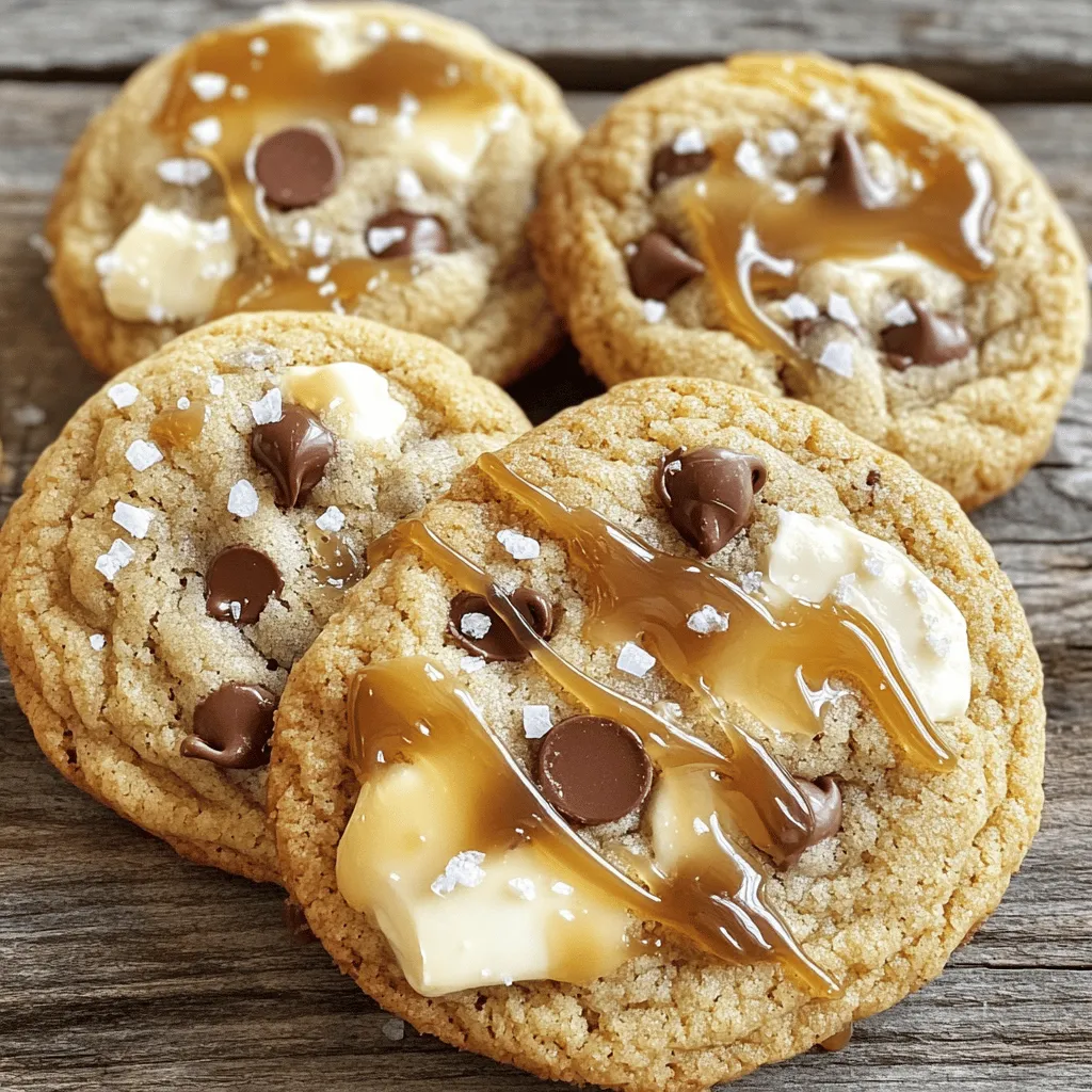- 1 cup cream cheese, softened to room temperature - 1/2 cup unsalted butter, softened - 3/4 cup brown sugar, packed firmly - 1/2 cup granulated sugar - 1 large egg - 1 teaspoon pure vanilla extract - 2 cups all-purpose flour - 1 teaspoon baking powder - 1/2 teaspoon baking soda - 1/4 teaspoon fine sea salt - 1/2 cup caramel sauce (plus extra for drizzling on top) - 1/2 cup chocolate chips - Sea salt flakes for garnish - Electric mixer - Large mixing bowl - Baking sheet - Parchment paper - Cookie scoop or tablespoon - Wire rack - Nuts for added crunch - Different flavored chocolate chips The main ingredients create a rich and creamy base. The cream cheese and butter blend well and give the cookies their soft texture. The brown sugar adds a deep flavor. You can use different types of chocolate chips to change the taste. If you like nuts, toss them in for a nice crunch. When you gather your tools, make sure everything is clean and ready. The electric mixer helps achieve smooth mixtures quickly. A cookie scoop helps keep each cookie the same size. This makes baking easier and more fun. To make these cookies, follow the full recipe. Each step helps you bring out the best flavors. Enjoy your baking adventure! - Set oven temperature to 350°F (175°C). - Combine cream cheese and butter until smooth. Use an electric mixer for best results. This step ensures a creamy base for the cookies. - Add brown and granulated sugar and mix thoroughly. The mixture should feel light and fluffy. This texture is key for soft cookies. - Crack egg and pour vanilla extract to combine. Mixing these in adds richness and flavor. Make sure everything is well blended. - Whisk together flour, baking powder, baking soda, and salt. This helps evenly distribute the leavening agents. It’s crucial for cookie rise. - Incorporate caramel sauce and chocolate chips into the dough. Use a spatula for gentle mixing. This gives each cookie a sweet surprise. - Place dough portions onto a prepared baking sheet. Leave about 2 inches of space between each scoop. This helps them spread nicely while baking. - Bake cookies for 10-12 minutes in preheated oven. Watch for lightly golden edges; this means they are ready. - Allow cookies to cool briefly on the baking sheet before transferring. This quick cooling helps them set. Use a wire rack for complete cooling. - Drizzle additional caramel and sprinkle sea salt flakes. This adds a beautiful finish and enhances the flavor. It makes each bite truly delightful. For a detailed list of ingredients, refer to the Full Recipe. To get the best cookies, cream cheese and butter must be softened. Take them out of the fridge at least 30 minutes before you start. This step makes mixing easier and helps your cookies turn out nice and fluffy. Keep a close eye on your cookies while they bake. The baking time is key for the right texture. Bake each batch for 10 to 12 minutes. Look for lightly golden edges. The centers may look a bit soft; that's okay! They will firm up as they cool. Sometimes, dough can be sticky or too dry. If your dough is sticky, add a little more flour, one tablespoon at a time. If it’s too dry, try adding a bit more caramel sauce. This will help bring the dough back together. Adjusting the ingredients lets you get the perfect cookie every time. {{image_4}} You can switch up the flavor of your salted caramel cheesecake cookies. Try using different caramel flavors like vanilla, sea salt, or even bourbon. You can also add extracts like almond or lemon for a unique twist. Each change brings a new taste, making the cookies exciting every time you bake. If you are gluten-free, you can still enjoy these cookies. Use a gluten-free flour mix instead of all-purpose flour. You can also find gluten-free caramel sauces in stores. This way, you can treat everyone, no matter their dietary needs. Adding extras can make these cookies even better. You might try mixing in chopped nuts like pecans or walnuts for crunch. Dried fruits like cranberries or cherries add sweetness and chewiness. You can also sprinkle in spices like cinnamon or nutmeg to give a warm flavor. Each add-in can create a new favorite version of these cookies. To keep your salted caramel cheesecake cookies fresh, place them in an airtight container. This helps prevent air from making them dry. You can layer the cookies with parchment paper to avoid sticking. Store them at room temperature for up to a week. If you want them to last longer, consider refrigerating them. Freezing cookie dough is easy and a great way to save some for later. Scoop the dough onto a baking sheet lined with parchment paper. Freeze the dough balls for about two hours until firm. After that, transfer them to a freezer bag, removing as much air as you can. They will keep well for up to three months. You can also freeze baked cookies by placing them in a single layer in a freezer-safe container. When stored properly, baked cookies last about one week at room temperature. In the fridge, they can stay fresh for up to two weeks. If you freeze the cookies, they can remain good for about three months. Just remember to let them thaw at room temperature before enjoying them again. To make these cookies from scratch, follow these quick steps using the full recipe: 1. Preheat your oven to 350°F (175°C). 2. Cream together softened cream cheese and butter. 3. Add brown and granulated sugar; mix until fluffy. 4. Add in a large egg and vanilla extract. 5. Whisk flour, baking powder, baking soda, and salt in another bowl. 6. Mix dry ingredients into the wet mixture until just combined. 7. Fold in caramel sauce and chocolate chips gently. 8. Scoop dough onto a lined baking sheet. 9. Bake for 10-12 minutes until edges are golden. 10. Cool slightly, then drizzle with more caramel and sprinkle sea salt. Yes, you can use store-bought caramel sauce. It saves time and is easy. Look for a high-quality brand for the best taste. If you want to make it even better, warm it slightly before drizzling. This makes it easier to pour and gives a nice flow. Yes, you can make these cookies ahead of time. Prepare the dough and chill it in the fridge for up to 3 days. When ready, scoop and bake as noted. You can also bake the cookies and store them in an airtight container. They stay fresh for about 5 days. If you need a substitute for cream cheese, try using dairy-free cream cheese. You can also use silken tofu blended until smooth for a vegan option. Another choice is to use mascarpone cheese for a rich flavor. Each option gives a slightly different taste, so choose what fits your needs best. These salted caramel cheesecake cookies are easy and fun to make. You learned about the ingredients needed, the kitchen tools to use, and step-by-step instructions for perfect cookies. Plus, I shared tips for baking and ways to store them. Feel free to experiment with flavors or add-ins down the line. With a little practice, you can bake cookies that wow everyone. Enjoy the process, and savor each bite of your sweet creation!