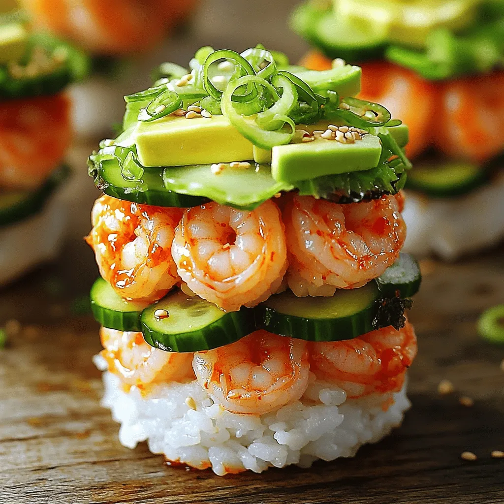 - 1 pound fresh shrimp, peeled and deveined - 1 ripe avocado, sliced into thin segments - ½ cucumber, julienned into matchstick strips - 2 green onions, thinly sliced (greens only) - 1 tablespoon sriracha sauce (adjust to taste) - 2 teaspoons sesame oil - 1 teaspoon soy sauce - 1 cup sushi rice - 1 ½ cups water - 2 tablespoons rice vinegar - 1 tablespoon granulated sugar - ½ teaspoon salt - Nori sheets, cut into thin strips - Toasted sesame seeds Gather these ingredients to make your Spicy Shrimp Sushi Stacks. The fresh shrimp gives a sweet taste, while the sriracha adds heat. The avocado brings creaminess, and the cucumber provides a nice crunch. These flavors blend perfectly in each bite. For pantry items, sushi rice is key. It holds the shape well and sticks together. The rice vinegar adds a tangy touch, while sugar balances the flavors. You can adjust the spice level with sriracha. Feel free to add nori strips and sesame seeds for garnishing. They not only make the dish look good but add extra flavor and texture. This recipe is both simple and fun, so get ready to enjoy a lively sushi experience! To start, rinse the sushi rice well. Use a fine-mesh strainer and cold water. Keep rinsing until the water runs clear. This step removes extra starch, making the rice less sticky. In a medium saucepan, combine the rinsed rice and 1 ½ cups of water. Bring it to a boil, then lower the heat. Cover with a lid and let it simmer gently for 18-20 minutes. The rice will absorb all the water and become fluffy. Once cooked, mix the rice vinegar, sugar, and salt in a small bowl. Stir until the sugar and salt dissolve. Gently fluff the rice with a fork to release steam. Gradually fold in the vinegar mixture. Let the rice cool to room temperature before using it in your stacks. Next, marinate the shrimp. In a medium bowl, add the peeled and deveined shrimp. Pour in the sriracha sauce, sesame oil, and soy sauce. Mix everything well until the shrimp are coated. Let them sit and marinate for 15-20 minutes. This step helps the shrimp soak up all the good flavors. Then, heat a non-stick skillet over medium heat. Place the marinated shrimp in the skillet. Cook each side for 3-4 minutes until the shrimp turn pink and opaque. Once cooked, take the shrimp off the heat and let them cool slightly. Now it’s time to build your sushi stacks. Grab a ring mold or a small cup to shape the stacks. Start by adding a layer of sushi rice at the bottom. Press it down gently to form a base. Next, add a layer of the cooked shrimp. Follow that with a layer of sliced avocado, then a layer of julienned cucumber. You can repeat this layering until you reach 2-3 stacks high. After stacking, carefully remove the ring mold or cup. Top your sushi stacks with sliced green onions and toasted sesame seeds. For a fun touch, add a strip of nori on top. These steps will make your sushi stacks look as good as they taste! For the complete cooking experience, refer to the Full Recipe. To cook shrimp just right, start with fresh shrimp. Look for shrimp that are firm and smell clean. When you cook them, heat a non-stick pan over medium heat. Add the shrimp and cook for about 3-4 minutes on each side. They should turn pink and opaque. Avoid overcooking; this makes shrimp tough. If you use a marinade, let the shrimp sit for 15-20 minutes. This adds great flavor. The sushi rice is key to your stacks. Rinse the rice well until the water runs clear. This removes excess starch, which can make the rice sticky. Use a 1:1.5 ratio of rice to water. After cooking, let it steam covered for 18-20 minutes. Once done, mix in rice vinegar, sugar, and salt. This adds flavor and a bit of shine. Let the rice cool to room temperature before stacking. Presentation makes your sushi stacks pop. Use a ring mold or small cup to layer your ingredients neatly. Start with rice, then add shrimp, avocado, and cucumber. Repeat until you reach the top. Once stacked, gently remove the mold for a clean look. Garnish with green onions, toasted sesame seeds, and a strip of nori. Serve on a pretty platter with extra sriracha or soy sauce for dipping. For a special touch, add microgreens or edible flowers. {{image_4}} If you want to swap out shrimp, consider using cooked crab meat or scallops. Both options add a sweet and tender bite. You can also use cooked chicken for a different taste. Tofu is a great choice for a plant-based twist. It soaks up flavor well and adds protein. You can play with flavors by changing the sauces. Try using a spicy mayo instead of sriracha for a creamy kick. A mango salsa can add a sweet and fruity touch. You can also use a sesame ginger dressing for a unique taste. These small changes can transform the dish into something new. To make this dish vegan or vegetarian, replace shrimp with marinated and grilled vegetables. Bell peppers, zucchini, and mushrooms work well. You can also use chickpeas for protein. For the sauce, a mix of avocado and lime juice can give it a fresh zing. This way, everyone can enjoy a tasty stack! To keep your sushi stacks fresh, store them in an airtight container. Place a piece of parchment paper between layers to prevent sticking. Keep them in the fridge for no more than two days. The rice can dry out, so enjoy them soon for the best taste. Reheat shrimp gently to avoid overcooking. Place them in a skillet on low heat. Add a splash of water or broth to keep them moist. Stir often until heated through. This method helps keep the shrimp tender and flavorful. - Shrimp: Fresh shrimp lasts in the fridge for one to two days. - Sushi Rice: Once cooked, sushi rice can last for three to five days in the fridge. - Avocado: A whole avocado can last for one to two days once cut. Store it in an airtight container to prevent browning. - Nori: Keep nori sheets in a cool, dry place. They can last for months when stored properly. Using these tips helps you make the most of your ingredients and keeps your sushi stacks tasty! For the complete recipe, check out the Full Recipe section. Yes, you can use frozen shrimp. Just make sure to thaw them first. Place them in cold water for about 15-20 minutes. This helps keep the shrimp juicy and tender. After thawing, peel and devein them before marinating. Fresh shrimp gives a better taste, but frozen works well. The best rice for sushi is short-grain sushi rice. This rice becomes sticky when cooked, allowing it to hold together. Look for rice labeled "sushi rice" at the store. It helps make the perfect sushi stacks. Always rinse the rice before cooking. This removes excess starch and improves texture. To adjust spice levels, change the amount of sriracha sauce used. If you like it mild, start with one teaspoon. For more heat, add more sriracha in small amounts. You can also try adding chopped jalapeños for a fresh kick. Taste as you go to find your perfect balance. For a complete guide, refer to the Full Recipe. In this blog post, we covered how to make spicy shrimp sushi stacks from scratch. We examined fresh ingredients, pantry staples, and optional garnishes. I guided you through preparing sushi rice and cooking shrimp. You learned how to assemble the stacks and got tips for perfect shrimp and rice. Remember, there are many variations to explore, including vegan options. Store your leftovers wisely to enjoy later. With these steps, you can enjoy sushi at home, customized to your taste. Enjoy making these delicious sushi stacks!