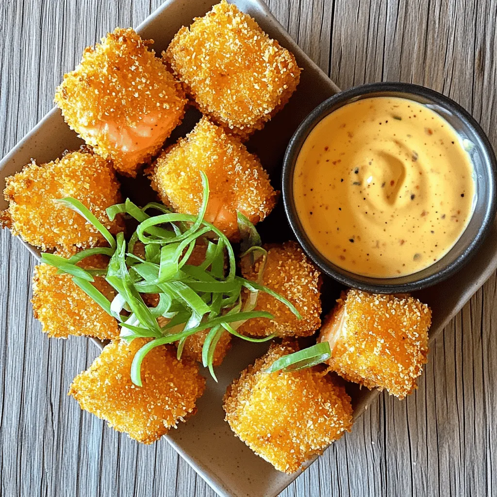 To make these tasty bites, gather the following items: - 1 lb skinless, boneless salmon fillet - 1 cup panko breadcrumbs - 1/2 cup all-purpose flour - 2 large eggs - 1 teaspoon garlic powder - 1 teaspoon paprika - 1/2 teaspoon salt - 1/2 teaspoon freshly ground black pepper - Vegetable oil for frying - 1/3 cup mayonnaise - 2 tablespoons sweet chili sauce - 1 tablespoon sriracha (adjust for heat) - 1 green onion, thinly sliced (for garnish) These ingredients come together to create a dish that is both simple and delicious. The salmon provides rich flavor, while the panko gives it a satisfying crunch. You can add personal touches to your Bang Bang Salmon Bites. Consider these optional items: - Fresh herbs like cilantro or parsley for garnish - Lime juice for a zesty finish - Sesame seeds to sprinkle on top Feel free to mix in your favorite flavors to make this dish truly your own. To prepare these salmon bites, you will need some basic kitchen tools: - A sharp knife for cutting salmon - Three bowls for dredging - A large non-stick skillet for frying - Paper towels for draining excess oil - Whisk for mixing the sauce Having the right tools will make this cooking process smoother and more enjoyable. Enjoy making your Easy Bang Bang Salmon Bites! For the full recipe, check out the detailed instructions. To start, cut the salmon fillet into bite-sized cubes. Each piece should be about 1 inch. This size helps them cook evenly. Next, use paper towels to pat the salmon cubes dry. Removing moisture is key for a crispy result. Now, set up your dredging station. You need three bowls. In the first bowl, mix flour and garlic powder. In the second bowl, combine panko breadcrumbs with paprika. In the third bowl, beat the eggs, adding salt and pepper. This setup makes coating easy. For frying, heat about 1/4 inch of vegetable oil in a large non-stick skillet over medium heat. Wait until the oil shimmers. Add the salmon bites in batches. Do not overcrowd the pan. Fry for 3-4 minutes on each side. They should turn golden brown and crispy. To make the Bang Bang sauce, whisk together mayonnaise, sweet chili sauce, and sriracha in a small bowl. Keep the sauce smooth. You can adjust the sriracha to your taste. Add more for spice or less for mild. This sauce pairs perfectly with the salmon bites. For the full recipe, check the [Full Recipe]. To make crispy salmon bites, start with fresh salmon. Cut the salmon into 1-inch cubes. Pat them dry with paper towels. This step helps remove moisture, which leads to crispiness. Use panko breadcrumbs for the best crunch. They give a light, airy texture. When frying, heat the oil until it shimmers. This ensures a golden brown finish. Avoid overcrowding the pan. Cook in batches to keep the temperature steady. The Bang Bang sauce is a star, but feel free to mix it up. You can also try ranch or tartar sauce. A squeeze of lemon adds a bright touch. For a spicy kick, serve with extra sriracha. If you like sweetness, honey mustard works well too. Get creative with your dips to match your taste. One common mistake is skipping the drying step. Moisture leads to soggy bites. Another error is not heating the oil enough. If the oil is cold, the salmon absorbs it, making it greasy. Be careful when flipping the salmon. Use a spatula to gently turn them without breaking. Lastly, avoid cooking too many at once. This can lower the oil temp and ruin the crispness. For a full recipe, check the details above. {{image_4}} You can swap salmon for other proteins. Chicken bites work great. Cut boneless chicken into cubes. Follow the same steps as with salmon. Shrimp is another tasty choice. Use large shrimp and adjust cooking time. Cook them until they turn pink and firm. Tofu is a wonderful plant-based option. Press and cube firm tofu. Marinate it to add flavor, then coat and fry. For a vegetarian twist, try using eggplant. Cut it into bite-sized pieces. Bread and fry it just like salmon. Cauliflower florets also make great bites. Coat them in the same mixture and fry until golden. If you want a vegan version, use chickpea flour instead of eggs. It will help the coating stick while keeping it plant-based. You can easily modify flavors to suit your taste. For a zesty kick, add lime juice to the sauce. If you prefer a sweeter taste, increase the sweet chili sauce. For a smoky flavor, try adding smoked paprika. You can also mix in fresh herbs like cilantro or basil. This gives a fresh burst of flavor. Adjust the spice level in the sauce to your liking by adding more or less sriracha. Explore the full recipe for more delicious details! To keep your Bang Bang salmon bites fresh, store them in an airtight container. Let them cool to room temperature before sealing. Refrigerate the leftovers right away. They stay good for up to three days. For best taste, try to eat them within the first two days. When reheating, I recommend using an oven or an air fryer. Preheat your oven to 375°F (190°C). Arrange the salmon bites in a single layer on a baking sheet. Heat for about 10-12 minutes, or until they crisp back up. If using an air fryer, set it to 350°F (175°C) and cook for about 5-7 minutes. This helps keep them crunchy. If you want to freeze your salmon bites, place them in a single layer on a baking sheet. Freeze them for about an hour, then transfer to a freezer-safe bag. They can last up to three months in the freezer. When ready to eat, thaw them in the fridge overnight, then reheat as mentioned above. This method helps maintain their taste and texture. For the full recipe, check out the section above. Bang Bang sauce is a creamy, spicy dip. It usually includes mayonnaise, sweet chili sauce, and sriracha. This mix creates a nice balance of flavor and heat. You can adjust the sauce to fit your taste. If you like it hotter, add more sriracha. If you prefer it milder, use less. This sauce pairs perfectly with the salmon bites and enhances their flavor. Yes, you can bake the salmon bites! Baking is a healthier option. To do this, preheat your oven to 400°F (200°C). Place the coated salmon bites on a baking sheet lined with parchment paper. Bake them for about 12-15 minutes. Flip them halfway for even cooking. They may not be as crispy, but they will still be delicious. To adjust the spice level, focus on the sriracha. Add more sriracha for heat or reduce it for a milder sauce. You might also try adding a pinch of cayenne pepper. Taste as you go, ensuring you get the perfect heat for your palate. This flexibility makes Bang Bang sauce a hit with everyone. Yes, you can use frozen salmon! Just remember to thaw it first. Place the frozen salmon in the fridge overnight or run it under cold water. Once thawed, pat it dry before cutting. Using frozen salmon might change the texture slightly, but it will still taste great. This article detailed how to make easy Bang Bang salmon bites. You learned about key ingredients, cooking tips, and variations. Remember to pick the right protein and customize the sauce for your taste. Storing leftovers properly ensures they stay fresh. With these steps, you can create a tasty dish that suits all diets. Enjoy the fun of cooking and share these bites with friends. Your next meal can be a hit!
