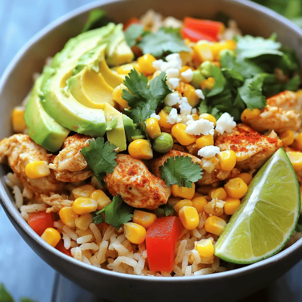 To make this tasty dish, you need the following items: - 2 cups cooked jasmine rice - 1 pound boneless, skinless chicken breasts, diced - 1 cup frozen sweet corn, thawed - 1 red bell pepper, diced - 1 small red onion, finely chopped - 1 ripe avocado, sliced - 1/4 cup fresh cilantro, finely chopped - 2 tablespoons extra-virgin olive oil - 1 teaspoon smoked paprika - 1 teaspoon garlic powder - 1 teaspoon ground cumin - Sea salt and freshly ground black pepper to taste - Juice of 1 fresh lime - Crumbled feta cheese (optional, for garnish) You can add these extra ingredients to boost the flavor: - Sliced jalapeños for heat - Chili flakes for a spicy kick - A dollop of sour cream for creaminess - Black beans for extra protein While jasmine rice is great, you can also try these options: - Basmati rice for a nutty flavor - Brown rice for a healthier choice - Quinoa if you want a gluten-free option This dish is all about fresh flavors and easy steps. Check the full recipe to get started! To start, heat olive oil in a large skillet over medium heat. When the oil shimmers, add the diced chicken. Sprinkle in smoked paprika, garlic powder, ground cumin, sea salt, and black pepper. Sauté the chicken for 6-7 minutes. Stir often until the chicken turns golden brown and reaches 165°F (74°C). This step brings out great flavor. Once the chicken is cooked, add the diced red bell pepper, chopped red onion, and thawed sweet corn. Cook for another 3-4 minutes. This will soften the veggies and make them fragrant. You want the colors to brighten, which also adds to the dish’s visual appeal. In a separate pot, warm the cooked jasmine rice over low heat. Squeeze the juice of one fresh lime into the rice. Fold in half of the chopped cilantro as you mix. This adds a zesty kick and enhances the overall taste. The lime juice really wakes up the rice! To put it all together, start with a layer of lime-infused rice in each bowl. Next, add the sautéed chicken and vegetable mixture on top. Arrange the sliced avocado artfully over the chicken. Finally, sprinkle the rest of the cilantro on the bowl. This makes each bowl a feast for the eyes and the taste buds. For an extra treat, consider adding crumbled feta cheese on top. For the full recipe, refer to the instructions above. To get tender chicken, start with fresh chicken breasts. Cut them into small pieces. This helps them cook evenly. Use medium heat and add olive oil to the pan. Season the chicken with smoked paprika, garlic powder, and cumin. These spices add great flavor. Cook until the chicken is golden brown and reaches 165°F. This ensures it's safe to eat. Letting it rest for a few minutes after cooking can keep it juicy. When selecting an avocado, look for one that feels slightly soft. Gently press it in your palm. If it yields to the touch, it’s ripe. Avoid ones with dark spots or bruises. You can also check the stem. If it comes off easily and is green underneath, the avocado is ready to eat. If it’s too hard, leave it at room temperature for a few days to ripen. To make your rice bowl look great, start with the rice at the bottom. Use a scoop to keep it neat. Layer the chicken and veggies on top. For a pop of color, add sliced avocado on the side. Sprinkle fresh cilantro for a burst of green. A lime wedge adds a nice touch and a squeeze of juice. If you like cheese, crumbled feta can add flavor and style. Present your bowl with care, and it will be as pleasing to the eyes as it is to the tummy. {{image_4}} You can easily make this dish vegetarian. Instead of chicken, use black beans or chickpeas. Both options add protein and flavor. Just sauté them with the same spices. They will soak up the taste and keep the dish hearty. If you like heat, add jalapeños or chili flakes. You can mix these into the chicken or sprinkle on top. For a different twist, try adding diced poblano peppers. They give a nice kick without being too hot. Want an easy cleanup? Use a large pan for everything. Cook the chicken first, then add the veggies. After that, mix in the rice right in the pan. This method saves time and keeps your kitchen tidy. For the complete recipe, check out the Full Recipe. After enjoying your Easy Street Corn Chicken Rice Bowl, you may have some leftovers. To keep them fresh, place them in an airtight container. Make sure to cool the bowl to room temperature first. This way, you lock in the flavor and texture. Store the container in the fridge. The leftovers are good for up to three days. When you want to enjoy your leftovers, reheating is simple. Place the rice bowl in a microwave-safe dish. Add a splash of water to keep it moist. Cover it with a damp paper towel. Heat it in the microwave for one to two minutes. Stir halfway through for even heating. If you prefer, you can reheat it on the stove. Just add a little oil in a skillet and warm it on medium heat. If you want to save some for later, freezing works well. You can freeze the chicken and vegetable mix separately from the rice. Use freezer-safe bags or containers. Remove as much air as possible to avoid freezer burn. The chicken and veggies can last up to three months in the freezer. Rice can also freeze, but it’s best used within one month for the best taste. When ready to eat, thaw overnight in the fridge before reheating. For the full recipe, check the detailed instructions above! You can use basmati rice or long-grain white rice. Both have a nice texture. Brown rice is another option, but it takes longer to cook. If you want a low-carb choice, try cauliflower rice. It cooks quickly and adds great flavor. All the ingredients in this recipe are naturally gluten-free. Just avoid any sauces that may contain gluten. Always check labels if you use pre-made items. You can enjoy this bowl without worry about gluten. Yes, you can prep many ingredients ahead of time. Cook the chicken and veggies, then store them in the fridge for up to three days. You can also cook the rice in advance. Just warm it up before serving. This makes meal prep easy. You can add toppings like sliced jalapeños or pickled red onions for extra flavor. A dollop of sour cream or Greek yogurt adds creaminess. For crunch, try crushed tortilla chips or toasted pumpkin seeds. Experiment and find what you love! This blog post covered how to make an Easy Street Corn Chicken Rice Bowl. We looked at key ingredients, cooking tips, and variations for different diets. You now know how to prepare tender chicken and cook flavorful rice. Remember, you can add your favorite toppings or substitute ingredients for extra flair. I hope you enjoy making this dish as much as I do. It’s simple, tasty, and always a hit!