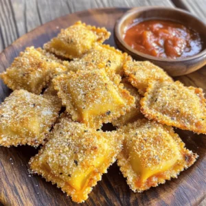 - 12 oz frozen cheese ravioli - 1 cup all-purpose flour - 2 large eggs, beaten - 1 cup Italian-style breadcrumbs - 1/2 cup grated Parmesan cheese - 1 tablespoon Italian seasoning - 1 teaspoon garlic powder - Salt and pepper to taste - Marinara sauce (for dipping) - Use a neutral oil like canola or vegetable oil for frying. - Heat oil to 350°F for best results. To test, drop a few breadcrumbs in. If they sizzle, the oil is ready. Toasted ravioli is a fun dish that can please everyone. You can use frozen cheese ravioli from the store. It saves time and tastes great! For a crisp texture, you need flour, eggs, and breadcrumbs. The Parmesan cheese adds a nice touch of flavor. Don't forget the seasonings! Italian seasoning and garlic powder give your ravioli a tasty kick. A pinch of salt and pepper can really make a difference. To enjoy, serve them hot with marinara sauce for dipping. For frying, make sure to choose the right oil. Canola or vegetable oil works best. Heat the oil properly to ensure your ravioli gets crispy and golden. It’s all about the right ingredients and preparation. Enjoy the process and the delicious results! Start by boiling a large pot of salted water. Once the water boils, add 12 oz of frozen cheese ravioli. Cook them for 4-5 minutes. You want them al dente, which means they should be firm to the bite. After cooking, drain the ravioli carefully. Let them cool on a plate. Cooling helps the ravioli hold their shape during frying. Next, prepare your breading station. You need three shallow dishes. In the first dish, add 1 cup of all-purpose flour. In the second dish, whisk 2 large eggs until blended. In the third dish, mix 1 cup of Italian-style breadcrumbs, 1/2 cup of grated Parmesan cheese, 1 tablespoon of Italian seasoning, 1 teaspoon of garlic powder, salt, and pepper. This mixture gives great flavor to the ravioli. Now it’s time to fry the ravioli. Pour enough cooking oil into a large skillet to cover the bottom by about 1/2 inch. Heat the oil over medium heat. To check if it's ready, drop in a small pinch of breadcrumbs. If they sizzle, the oil is hot enough. Carefully place the breaded ravioli into the pan. Fry them in small batches to avoid overcrowding. Fry for 2-3 minutes on each side. You want them golden brown and crispy. After frying, use a slotted spoon to transfer them to a plate lined with paper towels. This helps absorb the excess oil. These steps will lead you to crispy, delicious toasted ravioli that everyone will love. For more details, check the Full Recipe. Toasted ravioli need the right oil temperature for that perfect crunch. Aim for 350°F (175°C). To check, drop a few breadcrumbs in the oil. If they sizzle, your oil is ready. If the oil is too cool, the ravioli will absorb oil and become soggy. If it’s too hot, the outside will burn before the inside cooks. Frying time is key. For frozen cheese ravioli, fry each side for 2-3 minutes. If you use fresh or homemade ravioli, adjust the time. They may need less time, so keep an eye on them. A great presentation makes your dish more fun. Place the crispy ravioli on a large platter. Garnish with fresh parsley and a sprinkle of Parmesan cheese for color and flavor. You can also serve them with marinara sauce in a small bowl for dipping. This adds a nice touch for parties and gatherings. Think about using toothpicks for easy serving. Guests can grab and dip without any mess. You can even pair them with a salad or some roasted veggies for a full meal. One big mistake is overcooking the ravioli. This can turn them mushy instead of crispy. Stick to the recommended frying time and check them often. Another mistake is using too little oil. If the oil doesn’t cover the ravioli, they will stick to the pan. This can ruin the crust. Make sure to use enough oil to allow the ravioli to float a bit while frying. For the complete recipe, check out the Full Recipe. {{image_4}} You can fill your ravioli with many tasty ingredients. Try spinach and ricotta for a fresh twist. Meat lovers might enjoy ground beef or sausage. For a vegan option, use mushrooms or roasted vegetables. You can use homemade or store-bought ravioli based on your time and skill. Store-bought saves time, but homemade lets you control flavors and textures. Instead of regular breadcrumbs, consider panko. Panko gives a crispier texture. It’s lighter and airier than regular breadcrumbs. If you need a gluten-free option, use crushed cornflakes or gluten-free breadcrumbs. These choices keep the crunch while accommodating dietary needs. Marinara sauce is classic, but don’t stop there! Try ranch dressing, garlic aioli, or a spicy sriracha mayo. These sauces add unique flavors and excitement. Pair your toasted ravioli with a simple salad or roasted vegetables. This balance adds freshness to your meal. For more ideas, check the Full Recipe for inspiration. To store cooked toasted ravioli, let them cool completely. Place them in an airtight container. This keeps the ravioli fresh. You can store them in the fridge for up to three days. To reheat and keep them crispy, use an oven or air fryer. Set the oven to 350°F and bake for about 10 minutes. This method helps restore some crunch. You can freeze both uncooked and cooked ravioli. If you freeze uncooked ravioli, spread them on a baking sheet first. Freeze them for about an hour. Once frozen, transfer them to a freezer bag. If you freeze cooked ravioli, let them cool, then place them in a container. To thaw, move them to the fridge overnight. For quick thawing, use the microwave but be careful not to overheat. Cooked toasted ravioli can last up to three days in the fridge. Look for signs of spoilage like an off smell or mold. If you see any of these signs, it’s best to throw them away. Keeping an eye on your leftovers helps avoid wasting food. Enjoy your crispy delight fresh, but know how to store it well! To keep your toasted ravioli crispy, follow these tips: - Drain well: After boiling, make sure to drain the ravioli completely. - Cool before breading: Let them cool down for a few minutes. - Use hot oil: Fry in oil heated to the right temperature. - Don’t overcrowd the pan: Fry in small batches for even cooking. - Drain properly: Place them on paper towels after frying to remove excess oil. These steps help maintain that delightful crunch you crave. Yes, you can make toasted ravioli in an air fryer! Here are some adjustments: - Preheat the air fryer: Set it to 375°F (190°C). - Use less oil: Spray the ravioli lightly with cooking oil instead of submerging. - Adjust cooking time: Cook for about 8-10 minutes, flipping halfway through. This method gives you a healthier option while still keeping that crispy texture. Toasted ravioli has roots in St. Louis, Missouri. Italian immigrants created it as a way to use leftover ravioli. They would fry the pasta, making it a tasty snack or appetizer. Today, it stands as a beloved dish in St. Louis cuisine. It symbolizes the blend of cultures and creativity in food. Yes, you can use homemade ravioli! Just keep a few things in mind: - Thickness: Ensure the pasta dough is rolled thin for even cooking. - Filling moisture: Avoid wet fillings, as they can make the ravioli soggy. - Cooking time: Homemade ravioli may cook faster than store-bought. Using homemade can add a personal touch and unique flavor to your toasted ravioli. For the Full Recipe, check out the detailed steps above. Toasted ravioli are a delicious treat you can easily make at home. This post covered key ingredients, cooking steps, and tips for crispiness. I shared how to avoid common mistakes and offered tasty variations. Remember to store leftovers properly and enjoy a variety of sauces. With practice, you'll master toasted ravioli and impress your friends at any gathering. Happy cooking!