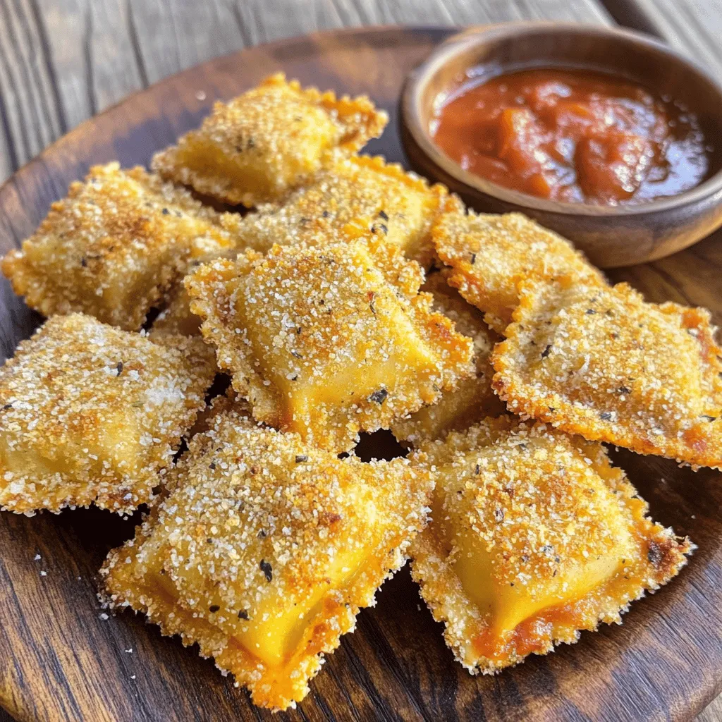 - 12 oz frozen cheese ravioli - 1 cup all-purpose flour - 2 large eggs, beaten - 1 cup Italian-style breadcrumbs - 1/2 cup grated Parmesan cheese - 1 tablespoon Italian seasoning - 1 teaspoon garlic powder - Salt and pepper to taste - Marinara sauce (for dipping) - Use a neutral oil like canola or vegetable oil for frying. - Heat oil to 350°F for best results. To test, drop a few breadcrumbs in. If they sizzle, the oil is ready. Toasted ravioli is a fun dish that can please everyone. You can use frozen cheese ravioli from the store. It saves time and tastes great! For a crisp texture, you need flour, eggs, and breadcrumbs. The Parmesan cheese adds a nice touch of flavor. Don't forget the seasonings! Italian seasoning and garlic powder give your ravioli a tasty kick. A pinch of salt and pepper can really make a difference. To enjoy, serve them hot with marinara sauce for dipping. For frying, make sure to choose the right oil. Canola or vegetable oil works best. Heat the oil properly to ensure your ravioli gets crispy and golden. It’s all about the right ingredients and preparation. Enjoy the process and the delicious results! Start by boiling a large pot of salted water. Once the water boils, add 12 oz of frozen cheese ravioli. Cook them for 4-5 minutes. You want them al dente, which means they should be firm to the bite. After cooking, drain the ravioli carefully. Let them cool on a plate. Cooling helps the ravioli hold their shape during frying. Next, prepare your breading station. You need three shallow dishes. In the first dish, add 1 cup of all-purpose flour. In the second dish, whisk 2 large eggs until blended. In the third dish, mix 1 cup of Italian-style breadcrumbs, 1/2 cup of grated Parmesan cheese, 1 tablespoon of Italian seasoning, 1 teaspoon of garlic powder, salt, and pepper. This mixture gives great flavor to the ravioli. Now it’s time to fry the ravioli. Pour enough cooking oil into a large skillet to cover the bottom by about 1/2 inch. Heat the oil over medium heat. To check if it's ready, drop in a small pinch of breadcrumbs. If they sizzle, the oil is hot enough. Carefully place the breaded ravioli into the pan. Fry them in small batches to avoid overcrowding. Fry for 2-3 minutes on each side. You want them golden brown and crispy. After frying, use a slotted spoon to transfer them to a plate lined with paper towels. This helps absorb the excess oil. These steps will lead you to crispy, delicious toasted ravioli that everyone will love. For more details, check the Full Recipe. Toasted ravioli need the right oil temperature for that perfect crunch. Aim for 350°F (175°C). To check, drop a few breadcrumbs in the oil. If they sizzle, your oil is ready. If the oil is too cool, the ravioli will absorb oil and become soggy. If it’s too hot, the outside will burn before the inside cooks. Frying time is key. For frozen cheese ravioli, fry each side for 2-3 minutes. If you use fresh or homemade ravioli, adjust the time. They may need less time, so keep an eye on them. A great presentation makes your dish more fun. Place the crispy ravioli on a large platter. Garnish with fresh parsley and a sprinkle of Parmesan cheese for color and flavor. You can also serve them with marinara sauce in a small bowl for dipping. This adds a nice touch for parties and gatherings. Think about using toothpicks for easy serving. Guests can grab and dip without any mess. You can even pair them with a salad or some roasted veggies for a full meal. One big mistake is overcooking the ravioli. This can turn them mushy instead of crispy. Stick to the recommended frying time and check them often. Another mistake is using too little oil. If the oil doesn’t cover the ravioli, they will stick to the pan. This can ruin the crust. Make sure to use enough oil to allow the ravioli to float a bit while frying. For the complete recipe, check out the Full Recipe. {{image_4}} You can fill your ravioli with many tasty ingredients. Try spinach and ricotta for a fresh twist. Meat lovers might enjoy ground beef or sausage. For a vegan option, use mushrooms or roasted vegetables. You can use homemade or store-bought ravioli based on your time and skill. Store-bought saves time, but homemade lets you control flavors and textures. Instead of regular breadcrumbs, consider panko. Panko gives a crispier texture. It’s lighter and airier than regular breadcrumbs. If you need a gluten-free option, use crushed cornflakes or gluten-free breadcrumbs. These choices keep the crunch while accommodating dietary needs. Marinara sauce is classic, but don’t stop there! Try ranch dressing, garlic aioli, or a spicy sriracha mayo. These sauces add unique flavors and excitement. Pair your toasted ravioli with a simple salad or roasted vegetables. This balance adds freshness to your meal. For more ideas, check the Full Recipe for inspiration. To store cooked toasted ravioli, let them cool completely. Place them in an airtight container. This keeps the ravioli fresh. You can store them in the fridge for up to three days. To reheat and keep them crispy, use an oven or air fryer. Set the oven to 350°F and bake for about 10 minutes. This method helps restore some crunch. You can freeze both uncooked and cooked ravioli. If you freeze uncooked ravioli, spread them on a baking sheet first. Freeze them for about an hour. Once frozen, transfer them to a freezer bag. If you freeze cooked ravioli, let them cool, then place them in a container. To thaw, move them to the fridge overnight. For quick thawing, use the microwave but be careful not to overheat. Cooked toasted ravioli can last up to three days in the fridge. Look for signs of spoilage like an off smell or mold. If you see any of these signs, it’s best to throw them away. Keeping an eye on your leftovers helps avoid wasting food. Enjoy your crispy delight fresh, but know how to store it well! To keep your toasted ravioli crispy, follow these tips: - Drain well: After boiling, make sure to drain the ravioli completely. - Cool before breading: Let them cool down for a few minutes. - Use hot oil: Fry in oil heated to the right temperature. - Don’t overcrowd the pan: Fry in small batches for even cooking. - Drain properly: Place them on paper towels after frying to remove excess oil. These steps help maintain that delightful crunch you crave. Yes, you can make toasted ravioli in an air fryer! Here are some adjustments: - Preheat the air fryer: Set it to 375°F (190°C). - Use less oil: Spray the ravioli lightly with cooking oil instead of submerging. - Adjust cooking time: Cook for about 8-10 minutes, flipping halfway through. This method gives you a healthier option while still keeping that crispy texture. Toasted ravioli has roots in St. Louis, Missouri. Italian immigrants created it as a way to use leftover ravioli. They would fry the pasta, making it a tasty snack or appetizer. Today, it stands as a beloved dish in St. Louis cuisine. It symbolizes the blend of cultures and creativity in food. Yes, you can use homemade ravioli! Just keep a few things in mind: - Thickness: Ensure the pasta dough is rolled thin for even cooking. - Filling moisture: Avoid wet fillings, as they can make the ravioli soggy. - Cooking time: Homemade ravioli may cook faster than store-bought. Using homemade can add a personal touch and unique flavor to your toasted ravioli. For the Full Recipe, check out the detailed steps above. Toasted ravioli are a delicious treat you can easily make at home. This post covered key ingredients, cooking steps, and tips for crispiness. I shared how to avoid common mistakes and offered tasty variations. Remember to store leftovers properly and enjoy a variety of sauces. With practice, you'll master toasted ravioli and impress your friends at any gathering. Happy cooking!