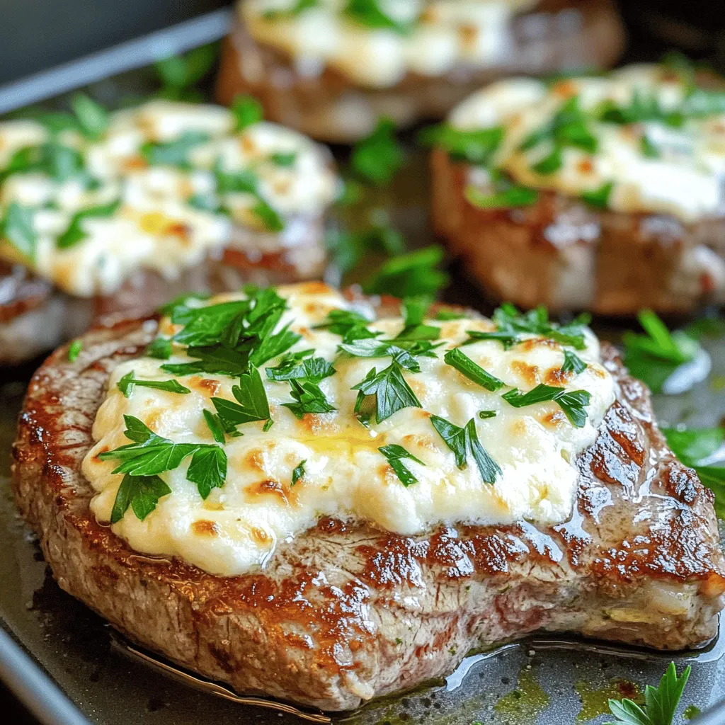 - 2 ribeye steaks (approximately 1-inch thick) - 4 tablespoons unsalted butter, softened to room temperature - 3 cloves garlic, finely minced - 1 teaspoon dried Italian herbs (a blend of oregano, basil, and thyme) - 1 cup shredded mozzarella cheese The ribeye steaks are the star of this dish. They offer rich flavor and tenderness. I love using unsalted butter mixed with garlic and herbs. This mixture elevates the steaks to a whole new level. The mozzarella cheese adds a creamy texture that makes every bite indulgent. You can find these ingredients at any grocery store. - Salt and black pepper, to taste - Fresh parsley, finely chopped (for garnish) Seasoning is key to a great steak. I recommend generous amounts of salt and black pepper. These simple seasonings enhance the meat's natural flavor. After cooking, I like to garnish with fresh parsley. This adds a nice touch of color and freshness. It makes the dish look appealing and appetizing. For the complete guide, check out the Full Recipe. First, gather your ingredients for the garlic butter. You need unsalted butter, minced garlic, and dried Italian herbs. In a small bowl, mix these three ingredients together. Make sure the butter is soft; it will blend better. You want a nice, smooth paste. This garlic butter adds a bold flavor to your steaks. Now, let’s move on to the steaks. Pat them dry with paper towels to remove excess moisture. This helps them sear better. Next, season both sides with salt and black pepper. Be generous! This step enhances the natural taste of the meat. After seasoning, take the garlic butter and spread it on both sides of the steaks. Make sure every part is coated well. Preheat your air fryer to 400°F (200°C) for about 5 minutes. This ensures even cooking. Once it’s hot, place the steaks in the basket. Make sure they are in a single layer and not touching. Cook for 8-10 minutes for medium-rare. Flip them halfway through for even cooking. For the last 2 minutes, add the shredded mozzarella cheese on top of the steaks. This allows the cheese to melt perfectly. After cooking, let the steaks rest for 5 minutes. This helps keep them juicy. Finally, garnish with fresh parsley before serving. For a complete guide, check the Full Recipe. For air frying, ribeye steaks work best. They are tender and full of flavor. Look for steaks that are about 1-inch thick. This thickness cooks evenly and stays juicy. Other good options are sirloin or filet mignon. These cuts also provide great taste and tenderness. A meat thermometer is key for perfect doneness. It helps you avoid overcooking. For medium-rare, aim for 135°F (57°C). Remember that steaks continue to cook slightly after you take them out. If your steak is thicker, adjust the cooking time. For each extra half inch, add about 2 minutes to your cooking time. You can enhance flavors with extra spices or marinades. Try adding smoked paprika or cayenne for heat. A marinade of soy sauce and honey gives a sweet and savory kick. You can also use fresh herbs like rosemary or thyme for a fresh taste. Don't be afraid to experiment to find your favorite flavor mix. This will make your air fryer cheesy garlic steaks even more enjoyable! {{image_4}} When it comes to cheese, the choices can change the whole dish. You can swap mozzarella for other cheeses like cheddar, gouda, or pepper jack. Each cheese brings its own flavor. Cheddar adds sharpness, gouda offers creaminess, and pepper jack gives a spicy kick. Feel free to mix and match for a unique taste. Herbs can also change the flavor of your steaks. You can use fresh herbs or dried ones. Fresh herbs like parsley, thyme, and rosemary provide bright flavors. Dried herbs are convenient and still tasty. If you want stronger flavors, use fresh. For a quick option, dried herbs work just fine. Both give the steaks a nice herbal aroma. Adding vegetables is a great way to enhance your meal. You can serve grilled asparagus, roasted potatoes, or sautéed mushrooms alongside your steaks. These sides not only add color but also texture and flavor. You can even top the steaks with sautéed bell peppers or onions. This makes the dish even more filling and delicious. To keep your leftover steak fresh, wrap it tightly in plastic wrap. You can also use an airtight container. Store it in the fridge for up to three days. This way, the flavors stay strong and the meat stays juicy. Make sure to let the steak cool down before you store it. This helps prevent moisture build-up. To reheat your cheesy garlic steak, the best way is using the air fryer. Set it to 350°F (175°C). Heat the steak for about 3-5 minutes. This method keeps the steak tender and the cheese melty. You can also use a skillet on medium heat. Just add a bit of butter to keep it moist. Leftover steak is great for meal prep! You can slice it thin and add it to salads or wraps. It also works well in stir-fries with veggies. You could even mix it into pasta with a creamy sauce. This gives you a new dish while using your tasty steak. For more ideas, check out the Full Recipe for Air Fryer Cheesy Garlic Steaks! Cooking steak in an air fryer is quick and easy. For a medium-rare steak, it takes about 8-10 minutes. Here is a quick guide for doneness levels: - Rare: 6-8 minutes - Medium-Rare: 8-10 minutes - Medium: 10-12 minutes - Medium-Well: 12-14 minutes - Well-Done: 14-16 minutes Always flip the steak halfway through cooking. This helps it cook evenly and develop a nice crust. Yes, you can use frozen steaks in the air fryer. However, cooking time will increase. Here are some tips: - Increase cooking time by 5-7 minutes for frozen steaks. - Do not season frozen steaks before cooking. Instead, season them after they thaw in the air fryer. - Check the internal temperature to ensure they are safe to eat. Thawed steaks cook better and have more flavor, but frozen steaks work in a pinch. Eating rare steak can be safe if cooked correctly. The USDA recommends cooking steak to a minimum of 145°F (63°C). This temperature kills harmful bacteria. Here are some key points: - Use a meat thermometer to check the internal temperature. - Let the steak rest for 3 minutes after cooking. This helps keep it juicy. - Pregnant people, young children, and those with weak immune systems should avoid rare steak. Enjoy your meal with confidence, knowing you follow safe cooking practices! For the full recipe, check out the Air Fryer Cheesy Garlic Steaks. In this blog post, we explored making delicious ribeye steaks in an air fryer. We covered essential ingredients, from ribeye and garlic butter to various cheeses. You learned step-by-step how to prepare, season, and cook the steaks while ensuring perfect doneness. Remember, choosing the right cut and using a meat thermometer are key. You can boost flavor with different cheeses and herbs. Enjoy experimenting and delighting in your air-fried steaks. With the right tips, mouth-watering meals await you!