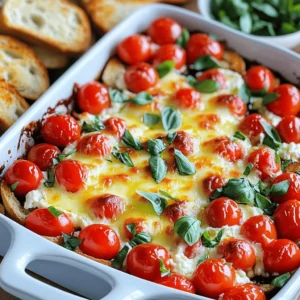 - Fresh produce for flavor: Use ripe cherry tomatoes for sweetness. Fresh basil adds a fragrant touch. Garlic gives a nice kick. These fresh ingredients create a bright and vibrant taste. - Cheese selection for creaminess: Cream cheese provides a smooth base. Shredded mozzarella melts beautifully. Grated Parmesan adds depth and richness. Together, they create a creamy and rich texture. - Seasonings for enhanced taste: A splash of balsamic vinegar brings acidity. Olive oil adds richness. Salt and pepper enhance the flavors. Italian seasoning gives an extra layer of taste. - 2 cups cherry tomatoes, diced - 1 cup fresh basil leaves, chopped - 1 clove garlic, minced - 1 tablespoon balsamic vinegar - 1 tablespoon olive oil - Salt and freshly ground black pepper, to taste - 1 cup cream cheese, softened - 1 cup shredded mozzarella cheese - 1/2 cup grated Parmesan cheese - 1 teaspoon Italian seasoning - Baguette slices, toasted for serving - How to choose the best tomatoes and basil: Look for firm, bright tomatoes. They should feel heavy for their size. Choose basil with vibrant, green leaves. Avoid wilted or brown leaves for the best flavor. - Selection of cheeses for optimal results: Use full-fat cream cheese for creaminess. Fresh mozzarella offers the best melt. For Parmesan, select a block to grate yourself. Pre-grated cheese may lack flavor. To make the tomato mixture, start by dicing the cherry tomatoes. This gives a fresh and juicy bite. Next, chop the basil leaves finely. Adding garlic gives a nice kick. In a mixing bowl, combine the tomatoes, basil, and minced garlic. Pour in the balsamic vinegar and olive oil. A pinch of salt and black pepper will boost the flavor. Mix it all well. Let it marinate for about 10 minutes. This step helps the flavors blend together. You will love how they taste! Now, let’s make the cheese base. In a separate bowl, add the softened cream cheese. It should be easy to mix. Next, add the shredded mozzarella and grated Parmesan. The mix should be rich and creamy. Add one teaspoon of Italian seasoning for extra flavor. Don’t forget a pinch of salt and pepper to taste. Beat the mixture until it is smooth. This creamy base will be the heart of your dip. Preheat your oven to 350°F (175°C). This way, it is hot and ready when you need it. Spread the cheese mixture on the bottom of a medium baking dish. Make sure it is even. Then, scoop the marinated tomato mix on top. Spread it out so every bite has flavor. Bake in the oven for 20-25 minutes. Look for bubbly cheese and a golden top. Once done, take it out and let it cool for a few minutes. This helps the flavors settle before serving. Enjoy your delicious bruschetta dip with toasted baguette slices! To make your bruschetta dip shine, adjust the seasoning. Start with a pinch of salt and some black pepper. Taste it after mixing. If it needs more flavor, add more salt or pepper little by little. You can also add extra balsamic vinegar for a tangy kick. Remember, fresh basil brings a bright taste. Try to use it right before serving for the best flavor. For a creamy dip, mix the cheeses well. Use a hand mixer to beat the cream cheese until smooth. This helps it blend with the other cheeses. When baking, keep the oven at 350°F (175°C). Bake for 20-25 minutes. This gives you a bubbly top and a warm dip inside. Avoid overbaking to keep the dip creamy. Serving matters, so make it fun! Use a nice baking dish to add style. Before serving, sprinkle fresh basil on top. This adds color and freshness. You can also place toasted baguette slices around the dish. This makes it easy for guests to dip. For a creative touch, try using small bowls for individual servings. Your bruschetta dip will look as good as it tastes. For the full recipe, check the recipe section. {{image_4}} You can add different herbs or spices to change the flavor of bruschetta dip. Fresh oregano or thyme gives a nice twist. A pinch of red pepper flakes adds heat. Experiment with fresh herbs like dill or cilantro for a unique touch. You can also try smoked paprika for a hint of smokiness. These simple changes can make the dip exciting. You might want to substitute cheeses or use vegan options. If you prefer a lighter dip, try low-fat cream cheese. For a vegan twist, use cashew cheese or silken tofu. Nutritional yeast can add a cheesy flavor without dairy. Goat cheese provides a tangy alternative that pairs well with the sweet tomatoes. Each option brings a new taste to the dish. Adapting the recipe with seasonal vegetables is fun and fresh. In summer, use ripe heirloom tomatoes for more flavor. In fall, add roasted butternut squash for sweetness. You can incorporate spinach or arugula in spring for a vibrant color. Each season brings new veggies, making this dip versatile. Use what is fresh to keep the dip exciting. To keep your bruschetta dip fresh, place it in an airtight container. This helps prevent moisture loss and keeps flavors intact. Store it in the fridge for up to three days. If you notice any separation, simply stir it well before serving. When you’re ready to enjoy leftovers, reheat gently. The best method is to use an oven set to 350°F (175°C). Place the dip in an oven-safe dish and cover it with foil. Heat for about 15 minutes, or until warm. Avoid high heat to keep the cheese from becoming rubbery. You can freeze bruschetta dip, but it may change texture. To freeze, place the dip in a freezer-safe container. Make sure to leave some space at the top for expansion. It can last up to two months frozen. When ready to eat, thaw it overnight in the fridge and reheat as described. Enjoy your flavorful dip any time! Bruschetta dip can last for about 3 to 5 days in the fridge. The main ingredients, like cream cheese and tomatoes, influence this time. If you keep the dip in an airtight container, it will stay fresh longer. However, the flavor may fade as the days go by. To keep it tasting great, eat it within a few days. Yes, you can make this dip ahead of time! I recommend preparing the cream cheese layer and the tomato mixture separately. Store them in the fridge in airtight containers. When you are ready to serve, layer them and bake. This way, you can enjoy your time with guests without rushing. Just don't bake it until you're ready to eat! Bruschetta dip pairs well with toasted baguette slices, perfect for dipping. You can also offer crackers or pita chips for a crunchy option. Fresh veggies, like cucumber or bell pepper strips, add a nice touch too. For a full spread, include some sliced meats or cheeses. This makes for a delicious and colorful appetizer table! This blog post covered key ingredients and steps for a delicious Bruschetta Dip. We explored great produce choices, cheese tips, and seasoning for flavor. You learned how to mix and bake for the best texture. We also discussed variations, storage methods, and serving ideas. By focusing on quality ingredients and preparation tips, you can create a perfect dip. Enjoy your cooking journey and impress your guests!