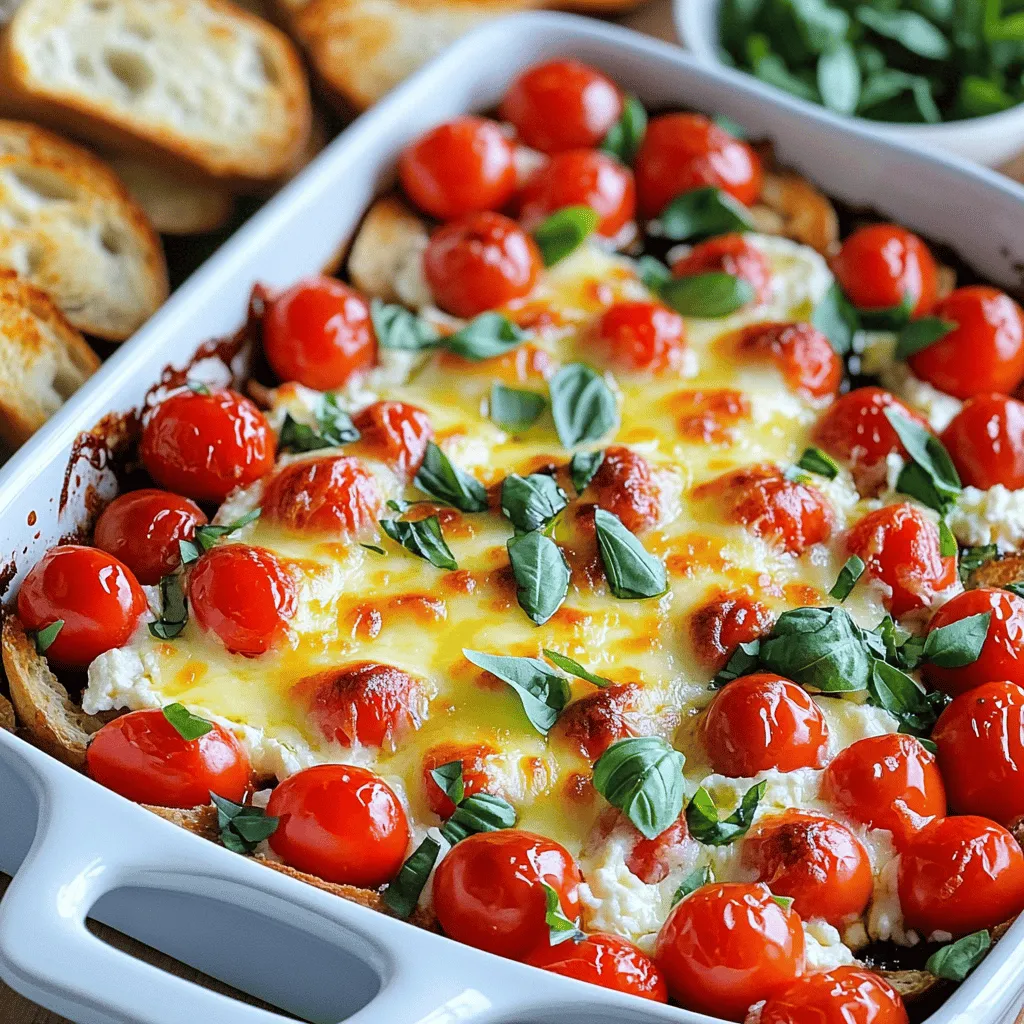 - Fresh produce for flavor: Use ripe cherry tomatoes for sweetness. Fresh basil adds a fragrant touch. Garlic gives a nice kick. These fresh ingredients create a bright and vibrant taste. - Cheese selection for creaminess: Cream cheese provides a smooth base. Shredded mozzarella melts beautifully. Grated Parmesan adds depth and richness. Together, they create a creamy and rich texture. - Seasonings for enhanced taste: A splash of balsamic vinegar brings acidity. Olive oil adds richness. Salt and pepper enhance the flavors. Italian seasoning gives an extra layer of taste. - 2 cups cherry tomatoes, diced - 1 cup fresh basil leaves, chopped - 1 clove garlic, minced - 1 tablespoon balsamic vinegar - 1 tablespoon olive oil - Salt and freshly ground black pepper, to taste - 1 cup cream cheese, softened - 1 cup shredded mozzarella cheese - 1/2 cup grated Parmesan cheese - 1 teaspoon Italian seasoning - Baguette slices, toasted for serving - How to choose the best tomatoes and basil: Look for firm, bright tomatoes. They should feel heavy for their size. Choose basil with vibrant, green leaves. Avoid wilted or brown leaves for the best flavor. - Selection of cheeses for optimal results: Use full-fat cream cheese for creaminess. Fresh mozzarella offers the best melt. For Parmesan, select a block to grate yourself. Pre-grated cheese may lack flavor. To make the tomato mixture, start by dicing the cherry tomatoes. This gives a fresh and juicy bite. Next, chop the basil leaves finely. Adding garlic gives a nice kick. In a mixing bowl, combine the tomatoes, basil, and minced garlic. Pour in the balsamic vinegar and olive oil. A pinch of salt and black pepper will boost the flavor. Mix it all well. Let it marinate for about 10 minutes. This step helps the flavors blend together. You will love how they taste! Now, let’s make the cheese base. In a separate bowl, add the softened cream cheese. It should be easy to mix. Next, add the shredded mozzarella and grated Parmesan. The mix should be rich and creamy. Add one teaspoon of Italian seasoning for extra flavor. Don’t forget a pinch of salt and pepper to taste. Beat the mixture until it is smooth. This creamy base will be the heart of your dip. Preheat your oven to 350°F (175°C). This way, it is hot and ready when you need it. Spread the cheese mixture on the bottom of a medium baking dish. Make sure it is even. Then, scoop the marinated tomato mix on top. Spread it out so every bite has flavor. Bake in the oven for 20-25 minutes. Look for bubbly cheese and a golden top. Once done, take it out and let it cool for a few minutes. This helps the flavors settle before serving. Enjoy your delicious bruschetta dip with toasted baguette slices! To make your bruschetta dip shine, adjust the seasoning. Start with a pinch of salt and some black pepper. Taste it after mixing. If it needs more flavor, add more salt or pepper little by little. You can also add extra balsamic vinegar for a tangy kick. Remember, fresh basil brings a bright taste. Try to use it right before serving for the best flavor. For a creamy dip, mix the cheeses well. Use a hand mixer to beat the cream cheese until smooth. This helps it blend with the other cheeses. When baking, keep the oven at 350°F (175°C). Bake for 20-25 minutes. This gives you a bubbly top and a warm dip inside. Avoid overbaking to keep the dip creamy. Serving matters, so make it fun! Use a nice baking dish to add style. Before serving, sprinkle fresh basil on top. This adds color and freshness. You can also place toasted baguette slices around the dish. This makes it easy for guests to dip. For a creative touch, try using small bowls for individual servings. Your bruschetta dip will look as good as it tastes. For the full recipe, check the recipe section. {{image_4}} You can add different herbs or spices to change the flavor of bruschetta dip. Fresh oregano or thyme gives a nice twist. A pinch of red pepper flakes adds heat. Experiment with fresh herbs like dill or cilantro for a unique touch. You can also try smoked paprika for a hint of smokiness. These simple changes can make the dip exciting. You might want to substitute cheeses or use vegan options. If you prefer a lighter dip, try low-fat cream cheese. For a vegan twist, use cashew cheese or silken tofu. Nutritional yeast can add a cheesy flavor without dairy. Goat cheese provides a tangy alternative that pairs well with the sweet tomatoes. Each option brings a new taste to the dish. Adapting the recipe with seasonal vegetables is fun and fresh. In summer, use ripe heirloom tomatoes for more flavor. In fall, add roasted butternut squash for sweetness. You can incorporate spinach or arugula in spring for a vibrant color. Each season brings new veggies, making this dip versatile. Use what is fresh to keep the dip exciting. To keep your bruschetta dip fresh, place it in an airtight container. This helps prevent moisture loss and keeps flavors intact. Store it in the fridge for up to three days. If you notice any separation, simply stir it well before serving. When you’re ready to enjoy leftovers, reheat gently. The best method is to use an oven set to 350°F (175°C). Place the dip in an oven-safe dish and cover it with foil. Heat for about 15 minutes, or until warm. Avoid high heat to keep the cheese from becoming rubbery. You can freeze bruschetta dip, but it may change texture. To freeze, place the dip in a freezer-safe container. Make sure to leave some space at the top for expansion. It can last up to two months frozen. When ready to eat, thaw it overnight in the fridge and reheat as described. Enjoy your flavorful dip any time! Bruschetta dip can last for about 3 to 5 days in the fridge. The main ingredients, like cream cheese and tomatoes, influence this time. If you keep the dip in an airtight container, it will stay fresh longer. However, the flavor may fade as the days go by. To keep it tasting great, eat it within a few days. Yes, you can make this dip ahead of time! I recommend preparing the cream cheese layer and the tomato mixture separately. Store them in the fridge in airtight containers. When you are ready to serve, layer them and bake. This way, you can enjoy your time with guests without rushing. Just don't bake it until you're ready to eat! Bruschetta dip pairs well with toasted baguette slices, perfect for dipping. You can also offer crackers or pita chips for a crunchy option. Fresh veggies, like cucumber or bell pepper strips, add a nice touch too. For a full spread, include some sliced meats or cheeses. This makes for a delicious and colorful appetizer table! This blog post covered key ingredients and steps for a delicious Bruschetta Dip. We explored great produce choices, cheese tips, and seasoning for flavor. You learned how to mix and bake for the best texture. We also discussed variations, storage methods, and serving ideas. By focusing on quality ingredients and preparation tips, you can create a perfect dip. Enjoy your cooking journey and impress your guests!