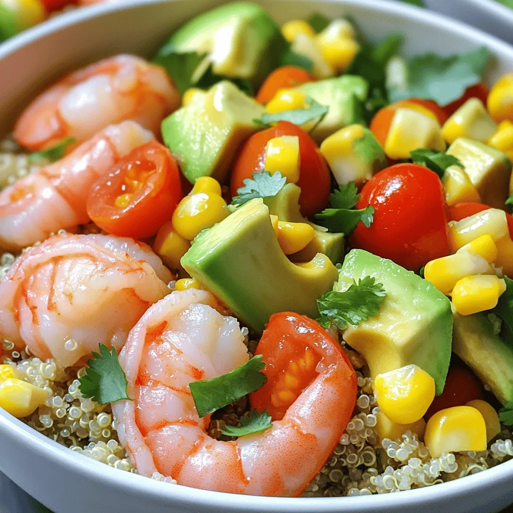 - 1 lb large shrimp, peeled and deveined - 2 ripe avocados, diced - 1 cup cherry tomatoes, halved - 1 cup corn (fresh or frozen, thawed) - 1 small red onion, finely diced - Juice of 1 lime - 2 tablespoons olive oil - 1 teaspoon ground cumin - 1 teaspoon smoked paprika - Salt and freshly ground black pepper to taste - Cooked quinoa or brown rice (about 2 cups) - Fresh cilantro, chopped, for garnish This recipe is simple yet full of flavor. You will enjoy how fresh and vibrant these bowls are. The shrimp brings a savory touch, while the creamy avocado adds richness. Each ingredient plays a part in making this dish delightful. The lime juice brightens everything up, making it a perfect choice for a light meal. You can find the full recipe at the end of this article. - Preparing the shrimp: Start with 1 pound of large shrimp. Peel and devein them. This step is key for clean shrimp. - Prepping the vegetables: Dice 2 ripe avocados. Halve 1 cup of cherry tomatoes. Finely dice 1 small red onion. Thaw 1 cup of corn if using frozen. - Heating the skillet: Preheat a large skillet over medium-high heat. A hot skillet cooks shrimp fast and evenly. - Sautéing the shrimp: In a bowl, mix shrimp with 2 tablespoons of olive oil, 1 teaspoon of ground cumin, 1 teaspoon of smoked paprika, and salt and pepper. Toss well. Add shrimp to the hot skillet. Sauté for 3-4 minutes until pink and opaque. Remove from heat. - Layering ingredients: In each bowl, add half a cup of cooked quinoa or brown rice. Top with the avocado mixture of diced avocados, cherry tomatoes, corn, and red onion. - Garnishing and serving: Layer the sautéed shrimp on top. Finish with chopped fresh cilantro. Serve immediately for the best taste. Enjoy your meal! For the complete recipe, check out the Full Recipe. When cooking shrimp, time is key. Sauté them for just 3-4 minutes. This ensures they are juicy and tender. Overcooking can make shrimp rubbery. Look for a vibrant pink color to know they are ready. The shrimp should also be opaque. Once you see these signs, remove them from the heat. Choosing ripe avocados makes a big difference. Look for avocados that yield slightly to gentle pressure. If they feel hard, they need more time. To check if they are ready, hold them in your palm and squeeze gently. To dice without mashing, slice the avocado in half. Use a spoon to scoop out the flesh. Then, cut it into cubes while still in the skin. Finally, use the spoon to scoop the diced avocados out. Make your bowls look great! Start with a base of quinoa or brown rice. Add your avocado mixture on top, then layer shrimp. For a colorful touch, sprinkle fresh cilantro over the top. You can add other toppings too, like sliced radishes or feta cheese. These extra touches make your bowl pop with flavor and color. For more ideas, check out the Full Recipe. {{image_4}} You can switch shrimp for chicken or tofu. Chicken breast works well. Just season it like the shrimp. Cook it until it's golden and safe to eat. Tofu is a great option too. Use firm tofu, press it, and cut it into cubes. Sauté it with the same spices. Both options give you tasty meals. Feel free to mix in different veggies. Bell peppers add color and crunch. Cucumbers bring freshness. You can also use spinach or kale for a nutrient boost. For grains, consider farro or barley. They add a hearty texture. These swaps keep your bowls exciting and new. To boost flavors, try different sauces or dressings. A drizzle of balsamic glaze gives a sweet touch. You can also use a zesty vinaigrette. For heat lovers, add sliced jalapeños or a dash of hot sauce. These changes make your dish pop with flavor. Check the Full Recipe for more ideas. To keep your shrimp and avocado bowls fresh, store them in an airtight container. Place them in the fridge right after your meal. The best practice is to separate the shrimp and avocado from the grains. This helps maintain their texture. You can keep them for up to three days. After that, the quality may drop. You can freeze shrimp and avocado bowls, but it's best to freeze only the shrimp and grains. Avocados do not freeze well. If you need to freeze, use a freezer-safe container. To thaw, place it in the fridge overnight. Reheat the shrimp and grains in a skillet over medium heat. This keeps everything warm and tasty. Making these bowls ahead of time is easy. You can cook the shrimp and grains in advance. Store them separately in the fridge. For a fresh taste, prep the avocado and veggies just before serving. This keeps everything crisp and bright. Consider chopping the vegetables the night before. This way, you save time during the week. The full recipe is here if you want to check back for steps. To cook shrimp perfectly, focus on time. Shrimp cook quickly, so watch them closely. Heat your skillet to medium-high. When you add shrimp, they should sizzle. Cook them for about 3-4 minutes. They will turn pink and opaque when done. Remove them from heat right away to avoid overcooking. Yes, you can use frozen shrimp. Just remember to thaw them first. Place shrimp in cold water for about 15 minutes. This is a quick way to get them ready. After thawing, pat them dry with a paper towel. This helps the shrimp sear better and adds more flavor. If you want alternatives for quinoa or brown rice, consider these options: - Cauliflower rice - Couscous - Barley - Farro - Couscous Each option offers a unique taste and texture. Choose what fits your diet or preference best. Yes, this recipe is great for meal prep. You can make the shrimp and avocado mix ahead. Store them in separate containers. This keeps flavors fresh and prevents sogginess. When ready to eat, just reheat the shrimp. Then, combine with your base for a quick meal. Shrimp and avocado offer great health benefits. Shrimp are low in calories and high in protein. They also contain important nutrients like selenium. Avocados are rich in healthy fats and fiber. They support heart health and help keep you full. Together, they make a balanced meal. Absolutely! To add heat, try these ideas: - Add diced jalapeños to the avocado mix. - Sprinkle red pepper flakes on top. - Mix in hot sauce with the shrimp before cooking. These options let you control the spice level. Enjoy experimenting with flavors! This article covered how to make delicious shrimp and avocado bowls. We talked about the key ingredients and spices, and went through the step-by-step process. I shared tips to cook perfect shrimp and choose ripe avocados. You also learned about variations and meal prep. Incorporating these ideas will make your meals tasty and fun. Enjoy this dish and let your creativity shine!