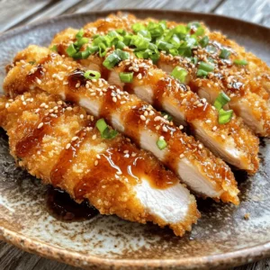 To make crispy chicken katsu, gather these key ingredients: - 2 boneless, skinless chicken breasts - Salt and pepper to taste - 1 cup all-purpose flour - 2 large eggs, beaten - 1 cup panko breadcrumbs - Vegetable oil for frying - 1 tablespoon sesame oil These ingredients create a solid base for your dish. The chicken needs to be tender and juicy. The panko breadcrumbs provide the crunch we all love. You can add these ingredients for extra flavor: - 1 tablespoon soy sauce - 1 tablespoon mirin (you can substitute with more soy sauce) The soy sauce and mirin give a nice umami taste. They make your chicken katsu even more delicious and special. To enjoy with your chicken katsu, consider this sauce: - 1 cup tonkatsu sauce (store-bought or homemade) - Chopped green onions for garnish - Toasted sesame seeds for garnish Tonkatsu sauce adds a tangy taste that pairs well with the crispy chicken. The green onions and sesame seeds make it look great, too. For the full recipe, check out the detailed cooking steps. Start with two boneless, skinless chicken breasts. Place each one between sheets of plastic wrap. Use a meat mallet or rolling pin to gently pound the chicken to about 1/2 inch thick. This helps it cook evenly. Season both sides with salt and pepper. This simple step boosts the chicken's flavor. Next, set up your breading station. Line up three shallow dishes. Fill the first with all-purpose flour, the second with beaten eggs, and the third with panko breadcrumbs. Take one chicken breast and dredge it in flour. Make sure it’s evenly coated, then shake off the extra flour. Dip it in the eggs, letting any excess drip back. Finally, coat it with panko breadcrumbs. Press gently to help the crumbs stick. Repeat this for the second chicken breast. Now it’s time to fry! In a large skillet, pour enough vegetable oil to create a depth of about 1/2 inch. Add a tablespoon of sesame oil for extra flavor. Heat the oil over medium heat. To check if it’s ready, drop in a breadcrumb; it should sizzle right away. Carefully place the breaded chicken into the hot oil. Fry for about 4-5 minutes on one side until it's golden brown. Flip and fry the other side for another 4-5 minutes. Avoid overcrowding; cook in batches if needed. Once done, move the chicken to a plate lined with paper towels to drain excess oil. Allow it to rest for a few minutes before slicing into strips. You can find the full recipe in the earlier section. To get that perfect crunch, use panko breadcrumbs. They are light and airy, which helps to create a crispy layer. Don't rush the frying. Let the chicken cook long enough on each side. This allows the crust to form properly. Use medium heat, so the outside gets crispy while the inside cooks through. Avoid pressing down on the chicken while it cooks. This can squeeze out juice and make it dry. Don’t skip seasoning the flour. It adds flavor to the chicken. Make sure to shake off excess flour before dipping in the egg. Too much flour can lead to a clumpy crust. Lastly, don’t overcrowd the pan. Fry in batches if needed. A meat mallet helps pound the chicken evenly. Use shallow dishes for breading; they make the process easier. A large skillet is best for frying. A thermometer can help you check the oil temperature. Lastly, a slotted spoon lets you remove the chicken without making a mess. For more details, check out the Full Recipe. {{image_4}} You can switch up chicken katsu by using different proteins. Pork is a classic choice. Pork loin or tenderloin works great. You can also try turkey or even tofu for a vegetarian option. Each protein brings its own flavor and texture, making the dish unique. Marinades add depth to your chicken katsu. Try soaking the chicken in a mix of soy sauce, ginger, and garlic. This gives it a rich taste. You can also use citrus juices like lemon or lime for a fresh twist. Experimenting with spices like paprika or cayenne can add some heat. Different regions have their own takes on chicken katsu. In Hawaii, you might find a local version called “katsu curry.” This dish features katsu served with a rich curry sauce. In Japan, people often enjoy katsu with a side of rice and shredded cabbage. Each variant offers a new experience, so don’t hesitate to explore! After you enjoy your crispy chicken katsu, store leftovers right. Let the chicken cool to room temperature. Place it in an airtight container. This keeps it fresh and prevents it from drying out. Store it in the fridge for up to three days. To reheat and keep that crunch, use the oven. Preheat it to 375°F (190°C). Place the katsu on a baking tray. Bake for about 10-15 minutes until hot. This method crisps up the coating again. Avoid microwaving, as it can make the chicken soggy. You can freeze your chicken katsu for longer storage. Wrap each piece tightly in plastic wrap, then place it in a freezer bag. It will stay fresh for about three months. When ready to eat, thaw it overnight in the fridge. Reheat in the oven to restore that crispy texture. Chicken katsu is a Japanese dish. It features breaded and fried chicken. You use boneless chicken breasts, panko breadcrumbs, and seasonings. The result is crispy, golden chicken with a tender inside. It’s often served with tonkatsu sauce, which adds a sweet and savory flavor. This dish is a favorite in many households and restaurants. Yes, you can bake chicken katsu. Baking can be a healthier option. Preheat your oven to 400°F (200°C). After breading the chicken, place it on a baking sheet. Spray or brush the chicken lightly with oil. Bake for about 20-25 minutes, turning halfway. Keep an eye on it to ensure it gets crispy. Making tonkatsu sauce is simple. You need a few basic ingredients. Combine the following in a bowl: - 1/2 cup ketchup - 1/4 cup Worcestershire sauce - 2 tablespoons soy sauce - 1 tablespoon sugar - 1 teaspoon Dijon mustard Mix these well until smooth. Adjust the taste to your liking. This sauce pairs perfectly with crispy chicken katsu. Several side dishes complement chicken katsu nicely. Here are some great options: - Steamed rice - Cabbage salad - Pickled vegetables - Miso soup - Japanese potato salad These sides add flavor and balance to your meal. You can find chicken katsu at many Japanese restaurants. Look for izakayas or ramen shops. Many places offer it as a main dish or in a combo. You can also find it in specialized katsu restaurants. Try asking locals for their favorite spots. Enjoying it out can inspire your cooking at home. For the full recipe, check out the section above. In this blog post, I shared how to make crispy chicken katsu. We covered key ingredients, step-by-step cooking instructions, and tips for the best results. I also explored variations and storage advice to keep your katsu fresh. Remember, achieving that perfect crispiness takes practice, so don’t rush. Experiment with flavors and enjoy this tasty dish at home. With these tips, you can create a meal that impresses all. Happy cooking!