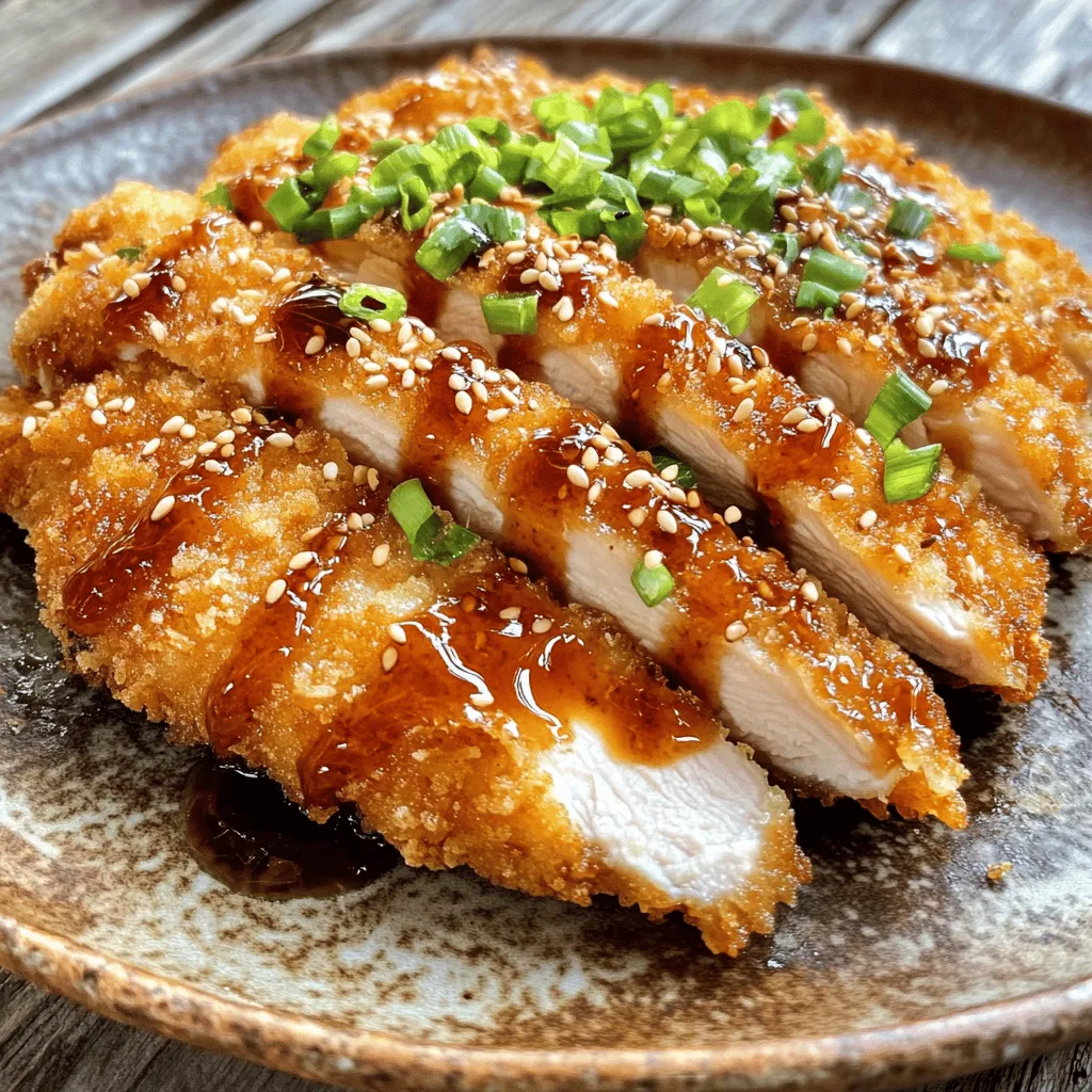 To make crispy chicken katsu, gather these key ingredients: - 2 boneless, skinless chicken breasts - Salt and pepper to taste - 1 cup all-purpose flour - 2 large eggs, beaten - 1 cup panko breadcrumbs - Vegetable oil for frying - 1 tablespoon sesame oil These ingredients create a solid base for your dish. The chicken needs to be tender and juicy. The panko breadcrumbs provide the crunch we all love. You can add these ingredients for extra flavor: - 1 tablespoon soy sauce - 1 tablespoon mirin (you can substitute with more soy sauce) The soy sauce and mirin give a nice umami taste. They make your chicken katsu even more delicious and special. To enjoy with your chicken katsu, consider this sauce: - 1 cup tonkatsu sauce (store-bought or homemade) - Chopped green onions for garnish - Toasted sesame seeds for garnish Tonkatsu sauce adds a tangy taste that pairs well with the crispy chicken. The green onions and sesame seeds make it look great, too. For the full recipe, check out the detailed cooking steps. Start with two boneless, skinless chicken breasts. Place each one between sheets of plastic wrap. Use a meat mallet or rolling pin to gently pound the chicken to about 1/2 inch thick. This helps it cook evenly. Season both sides with salt and pepper. This simple step boosts the chicken's flavor. Next, set up your breading station. Line up three shallow dishes. Fill the first with all-purpose flour, the second with beaten eggs, and the third with panko breadcrumbs. Take one chicken breast and dredge it in flour. Make sure it’s evenly coated, then shake off the extra flour. Dip it in the eggs, letting any excess drip back. Finally, coat it with panko breadcrumbs. Press gently to help the crumbs stick. Repeat this for the second chicken breast. Now it’s time to fry! In a large skillet, pour enough vegetable oil to create a depth of about 1/2 inch. Add a tablespoon of sesame oil for extra flavor. Heat the oil over medium heat. To check if it’s ready, drop in a breadcrumb; it should sizzle right away. Carefully place the breaded chicken into the hot oil. Fry for about 4-5 minutes on one side until it's golden brown. Flip and fry the other side for another 4-5 minutes. Avoid overcrowding; cook in batches if needed. Once done, move the chicken to a plate lined with paper towels to drain excess oil. Allow it to rest for a few minutes before slicing into strips. You can find the full recipe in the earlier section. To get that perfect crunch, use panko breadcrumbs. They are light and airy, which helps to create a crispy layer. Don't rush the frying. Let the chicken cook long enough on each side. This allows the crust to form properly. Use medium heat, so the outside gets crispy while the inside cooks through. Avoid pressing down on the chicken while it cooks. This can squeeze out juice and make it dry. Don’t skip seasoning the flour. It adds flavor to the chicken. Make sure to shake off excess flour before dipping in the egg. Too much flour can lead to a clumpy crust. Lastly, don’t overcrowd the pan. Fry in batches if needed. A meat mallet helps pound the chicken evenly. Use shallow dishes for breading; they make the process easier. A large skillet is best for frying. A thermometer can help you check the oil temperature. Lastly, a slotted spoon lets you remove the chicken without making a mess. For more details, check out the Full Recipe. {{image_4}} You can switch up chicken katsu by using different proteins. Pork is a classic choice. Pork loin or tenderloin works great. You can also try turkey or even tofu for a vegetarian option. Each protein brings its own flavor and texture, making the dish unique. Marinades add depth to your chicken katsu. Try soaking the chicken in a mix of soy sauce, ginger, and garlic. This gives it a rich taste. You can also use citrus juices like lemon or lime for a fresh twist. Experimenting with spices like paprika or cayenne can add some heat. Different regions have their own takes on chicken katsu. In Hawaii, you might find a local version called “katsu curry.” This dish features katsu served with a rich curry sauce. In Japan, people often enjoy katsu with a side of rice and shredded cabbage. Each variant offers a new experience, so don’t hesitate to explore! After you enjoy your crispy chicken katsu, store leftovers right. Let the chicken cool to room temperature. Place it in an airtight container. This keeps it fresh and prevents it from drying out. Store it in the fridge for up to three days. To reheat and keep that crunch, use the oven. Preheat it to 375°F (190°C). Place the katsu on a baking tray. Bake for about 10-15 minutes until hot. This method crisps up the coating again. Avoid microwaving, as it can make the chicken soggy. You can freeze your chicken katsu for longer storage. Wrap each piece tightly in plastic wrap, then place it in a freezer bag. It will stay fresh for about three months. When ready to eat, thaw it overnight in the fridge. Reheat in the oven to restore that crispy texture. Chicken katsu is a Japanese dish. It features breaded and fried chicken. You use boneless chicken breasts, panko breadcrumbs, and seasonings. The result is crispy, golden chicken with a tender inside. It’s often served with tonkatsu sauce, which adds a sweet and savory flavor. This dish is a favorite in many households and restaurants. Yes, you can bake chicken katsu. Baking can be a healthier option. Preheat your oven to 400°F (200°C). After breading the chicken, place it on a baking sheet. Spray or brush the chicken lightly with oil. Bake for about 20-25 minutes, turning halfway. Keep an eye on it to ensure it gets crispy. Making tonkatsu sauce is simple. You need a few basic ingredients. Combine the following in a bowl: - 1/2 cup ketchup - 1/4 cup Worcestershire sauce - 2 tablespoons soy sauce - 1 tablespoon sugar - 1 teaspoon Dijon mustard Mix these well until smooth. Adjust the taste to your liking. This sauce pairs perfectly with crispy chicken katsu. Several side dishes complement chicken katsu nicely. Here are some great options: - Steamed rice - Cabbage salad - Pickled vegetables - Miso soup - Japanese potato salad These sides add flavor and balance to your meal. You can find chicken katsu at many Japanese restaurants. Look for izakayas or ramen shops. Many places offer it as a main dish or in a combo. You can also find it in specialized katsu restaurants. Try asking locals for their favorite spots. Enjoying it out can inspire your cooking at home. For the full recipe, check out the section above. In this blog post, I shared how to make crispy chicken katsu. We covered key ingredients, step-by-step cooking instructions, and tips for the best results. I also explored variations and storage advice to keep your katsu fresh. Remember, achieving that perfect crispiness takes practice, so don’t rush. Experiment with flavors and enjoy this tasty dish at home. With these tips, you can create a meal that impresses all. Happy cooking!