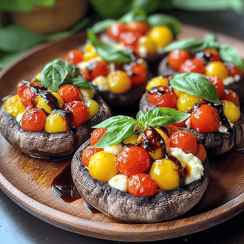 - 4 large Portobello mushrooms - 1 cup cherry tomatoes - 1 cup fresh mozzarella balls - 1/4 cup fresh basil leaves - 2 tablespoons balsamic glaze - 2 tablespoons extra virgin olive oil - 1 teaspoon garlic powder - Salt and pepper to taste Pair these stuffed mushrooms with a fresh salad or garlic bread. A light pasta dish also complements them well. For sides, consider serving with roasted vegetables or a classic caprese salad to enhance the meal. Each bite of the mushrooms offers a delightful mix of flavors and textures, making them a hit at any gathering. Enjoy exploring these options! For the complete cooking process, check out the Full Recipe for detailed instructions. Start by preheating your oven to 375°F (190°C). This temperature helps the mushrooms cook evenly. While the oven heats up, gather your baking sheet and a mixing bowl. You want to have everything ready for a smooth cooking process. Next, take your Portobello mushrooms. Use a damp paper towel to gently clean each mushroom. This step is key to remove dirt without soaking them. Place the cleaned mushrooms on the baking sheet with the gill side facing up. This creates a perfect little cup for your delicious filling. Now, let’s make the Caprese filling. In your mixing bowl, combine the halved cherry tomatoes, mozzarella balls, and finely chopped basil leaves. Drizzle the mixture with balsamic glaze and extra virgin olive oil. Add garlic powder, salt, and black pepper to taste. Toss everything gently until all the ingredients are well-coated. This mix brings fresh flavors together. Carefully spoon the Caprese mixture into each mushroom cap. Press down lightly to pack the filling in securely. Place the baking sheet in the oven. Bake for 20-25 minutes. The mushrooms should soften, and the cheese should melt beautifully. Once done, let the mushrooms cool for a few minutes. For serving, arrange them on a platter. Drizzle with more balsamic glaze for that glossy finish. Garnish with whole basil leaves around the mushrooms. This makes for a lovely presentation. For the full recipe, check the section above. To make your Portobello mushrooms shine, choose fresh ingredients. Fresh mozzarella and ripe tomatoes really boost flavor. Here are some tips to enhance your dish: - Use high-quality extra virgin olive oil. It adds richness and depth. - Add a pinch of salt to your filling. This highlights the natural flavors. - Try fresh herbs like basil. They bring a bright taste to every bite. - Drizzle extra balsamic glaze on top before serving. It adds a sweet and tangy finish. When making these filled mushrooms, there are a few common errors to watch for: - Don't skip cleaning the mushrooms. Dirt can ruin the taste. - Avoid overstuffing the mushrooms. They need space to cook evenly. - Make sure your oven is fully preheated. This ensures even cooking. - Don't forget to let them cool slightly after baking. This helps the flavors settle. Having the right tools makes cooking much easier. Here are some handy items for this recipe: - Baking sheet: A sturdy, flat surface for even baking. - Mixing bowl: A large bowl helps combine your filling ingredients well. - Spoon: A sturdy spoon makes filling the mushrooms easy. - Damp paper towel: This is great for cleaning the mushrooms quickly. These tips will help you create a delicious and flavorful dish. For the full recipe, check out the details above! {{image_4}} You can change the cheese for more fun. Try goat cheese for a tangy taste. Feta works well too, adding a salty kick. You could even use a mix of cheeses for depth. For veggies, consider adding spinach or bell peppers. They bring extra color and flavor to the dish. Seasonal ingredients can brighten your mushrooms. In summer, add zucchini for a fresh crunch. In fall, swap in roasted butternut squash for a sweet touch. Each season gives you a chance to play with tastes and colors. This recipe is easy to adapt for special diets. For vegans, swap mozzarella with cashew cheese. You can also use nutritional yeast for a cheesy flavor. If you need it gluten-free, check your balsamic glaze and olive oil. These small changes keep the dish tasty and friendly for everyone. For the full recipe, check out the Caprese Delight Portobello Mushrooms. To keep your stuffed Portobello mushrooms fresh, use an airtight container. Glass or plastic containers with tight lids work well. Place parchment paper between layers if stacking. This helps prevent sticking. Make sure the mushrooms cool down before sealing them. This step keeps moisture inside the container at bay. For the best taste, reheat your mushrooms in the oven. Preheat the oven to 350°F (175°C). Place the mushrooms on a baking sheet. Heat for about 10-15 minutes. This method keeps the mushrooms soft while melting the cheese again. You can also use a microwave, but the oven method keeps them from getting soggy. You can store the stuffed mushrooms in the fridge for up to three days. Make sure they stay in an airtight container. If you want to keep them longer, freeze them. They can last up to three months in the freezer. When ready to eat, thaw them in the fridge overnight before reheating. You can prep these mushrooms early. Start by cleaning the Portobello mushrooms. Remove the stems and wash them well. In a bowl, mix the tomatoes, mozzarella, and basil. Add olive oil, balsamic glaze, garlic powder, salt, and pepper. Store this filling in the fridge. When ready to cook, fill the mushrooms with the mixture and bake. This makes dinner quick and easy! Yes, you can try different mushrooms! Cremini or shiitake mushrooms work well. They have a nice texture and flavor. Just follow the same steps for filling and baking. You will enjoy the taste of these other mushrooms too! These stuffed mushrooms pair nicely with a fresh salad. A simple arugula salad adds a nice crunch. You can also serve them with crusty bread. This will help soak up the delicious juices. Pasta or rice can also make a great side dish. Look for a few signs. The mushrooms should feel soft and tender. The cheese on top should be melted and slightly golden. You can also poke a fork into the center; it should feel warm. If they meet these points, they are ready to enjoy! Portobello mushrooms filled with Caprese delight are simple and tasty. We covered the main ingredients, seasonings, and step-by-step instructions. You learned tips to enhance flavor and avoid common mistakes. Remember, many variations can add your own twist. Store leftovers wisely to enjoy later. When you follow these steps, you create a meal that's easy and fun. Trust me, it's worth trying! Enjoy your cooking adventure and impress family or friends with your delicious dish.