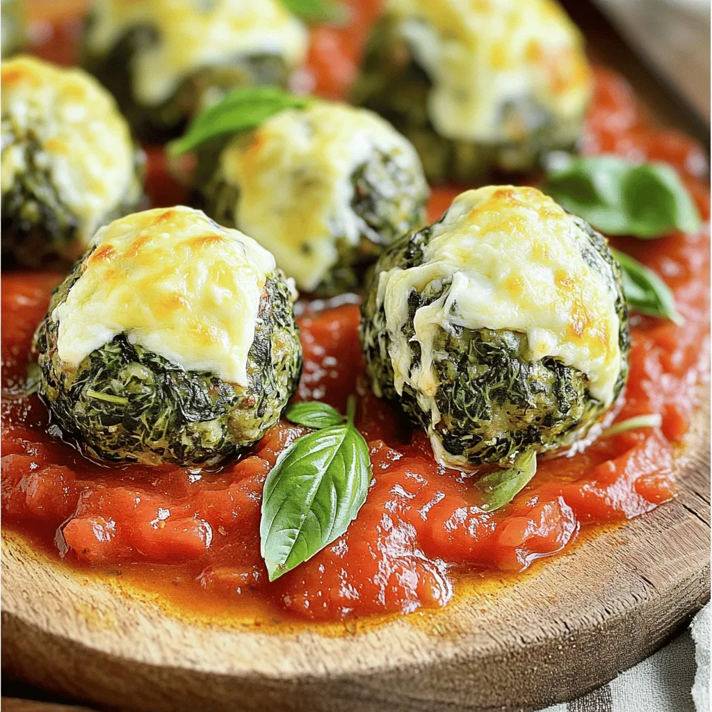 - 1 pound of ground beef or turkey - 1 cup of fresh spinach, finely chopped - 3 cloves of garlic, minced - 1 cup of mozzarella cheese, cut into small cubes - 1/4 cup of grated Parmesan cheese For my Spinach Garlic Meatballs, I often choose beef or turkey. Both meats work well and keep the meatballs juicy. Fresh spinach adds a vibrant color and is packed with nutrients. The minced garlic gives a strong flavor that pairs well with the meat. For cheese, I use mozzarella for its melting quality. It creates a delightful surprise when you bite into the meatball. Parmesan adds a salty kick and depth to the mix. - 1/2 cup of breadcrumbs - 1 large egg - 1 teaspoon of dried oregano - 1 teaspoon of salt - 1/2 teaspoon of black pepper For binding, I add breadcrumbs and an egg. This keeps the meatballs from falling apart. Dried oregano, salt, and pepper bring out the flavors in the meat and spinach. I love using these spices because they are classic and easy to find. - 2 cups of marinara sauce (for serving) - Fresh basil leaves (for garnish) - Optional olive oil When serving, I like to pour warm marinara sauce over the meatballs. The sauce adds moisture and extra flavor. A sprinkle of fresh basil on top makes the dish even better. If you want a touch of richness, drizzle olive oil over the meatballs. You can follow the [Full Recipe] to make this dish even more special. Start by preheating your oven to 400°F (200°C). This high heat helps make the meatballs crispy on the outside. Next, line a baking sheet with parchment paper. This prevents sticking and makes for easy clean-up. Now it’s time to make the meatball mixture. In a large bowl, combine the ground beef or turkey, finely chopped spinach, and minced garlic. Add breadcrumbs, grated Parmesan cheese, the egg, dried oregano, salt, and black pepper. Use your hands or a wooden spoon to mix everything well. Ensure each ingredient is mixed evenly. For stuffing the meatballs, take a small amount of the mixture. It should be about the size of a golf ball. Flatten it slightly in your palm. Place a cube of mozzarella in the center. Carefully fold the meat around the cheese, sealing it inside. Roll it into a smooth ball. This helps keep the cheese from leaking during cooking. Repeat this process until all your mixture is shaped into stuffed meatballs. Make sure each meatball is uniform in size. This guarantees even cooking. Place the stuffed meatballs on the prepared baking sheet. Make sure they have space between them. This allows hot air to circulate, cooking them evenly. Bake the meatballs in your preheated oven for 20 to 25 minutes. They should be fully cooked, golden brown outside, and reach an internal temperature of 165°F (74°C). You can check this with a meat thermometer. Stick it in the thickest part of a meatball to get an accurate reading. Following these steps will result in flavorful, cheesy meatballs. They are perfect for serving with marinara sauce, as noted in the Full Recipe. To make your meatballs, mix the ingredients gently. Overworking the meat makes it tough. Use your hands or a spoon to fold everything together. Aim for a uniform mixture without squishing it too much. Keep your meatballs moist while baking by not overcrowding the pan. Space them out to help them cook evenly. Adding a bit of milk or broth to the mixture can also help keep them juicy. For extra flavor, try adding herbs like parsley or thyme. A touch of red pepper flakes can add some heat if you like spice. You can also swap the mozzarella for other cheeses like gouda or cheddar for a twist. If you want a different meat, ground chicken or pork can work great too. When serving these meatballs, think about how you plate them. You can serve them over spaghetti with marinara sauce for a classic look. For a fun twist, place them in a sub roll with sauce and cheese on top. Garnish with fresh basil leaves for a pop of color. A drizzle of olive oil and a sprinkle of grated Parmesan adds a nice touch. For a side, garlic bread or a fresh salad pairs well with these meatballs. For the full recipe, check out the [Full Recipe]. {{image_4}} You can easily make these spinach garlic meatballs gluten-free by using gluten-free breadcrumbs. This simple swap keeps the texture and flavor intact. For those who follow a vegetarian or vegan diet, use plant-based meat substitutes. Brands like Beyond Meat or Impossible Burger work well. Just ensure the substitutes are seasoned to match the original recipe. To add more depth, try mixing in herbs like parsley or thyme. These fresh additions can brighten the flavor. You can also play with different cheeses. Try using sharp cheddar or creamy feta instead of mozzarella for a unique twist. Spices, like crushed red pepper or smoked paprika, can give the meatballs a kick. Experimenting with these options keeps the dish exciting. These meatballs shine in various serving styles. You can place them in a sub sandwich, topped with marinara and cheese, for a hearty meal. For an appetizer, serve them on skewers with toothpicks. This makes them easy to grab and enjoy. You can also adapt them for meal prep. Just make a big batch and store them for easy family-style dining. They reheat well and stay tasty, making them perfect for busy weeknights. For the complete recipe on making these delicious meatballs, check out the Full Recipe section. To store leftovers properly, let the meatballs cool first. Place them in an airtight container. This keeps them fresh and prevents odors from mixing. In the fridge, they last about 3 to 4 days. Freezing meatballs is simple. First, let them cool completely. Then, arrange them on a baking sheet. Freeze them for about 1 hour until firm. After that, transfer them to a freezer-safe bag. Remove as much air as possible. They can last up to 3 months in the freezer. When you want to enjoy them again, thaw them overnight in the fridge. For best results, reheat them in the oven. This keeps them from getting soggy and helps them stay flavorful. To retain moisture and flavor, I recommend reheating in the oven. Preheat it to 350°F (175°C). Place the meatballs on a baking sheet and cover them with foil. Heat for about 15 to 20 minutes until warmed through. You can also use a microwave, but keep in mind it may dry them out. If using the microwave, place them on a plate and cover with a damp paper towel. This helps keep them moist, but the oven method is better for taste. For the full recipe of Spinach Garlic Meatballs Stuffed with Mozzarella, check out the details above. How can I ensure my meatballs aren't dry? To keep your meatballs moist, use ground meat with some fat. Adding fresh herbs and using an egg helps too. Do not overmix the meat mixture. This keeps the meatballs tender. Can I use frozen spinach instead of fresh? Yes, you can use frozen spinach! Just thaw it first and drain any excess water. This helps avoid soggy meatballs. How long do I need to bake these meatballs? Bake the meatballs for 20 to 25 minutes. Check them around the 20-minute mark to avoid overcooking. What temperature should the meatballs reach to be fully cooked? Your meatballs should reach an internal temperature of 165°F (74°C). A meat thermometer will help you check this easily. What can I substitute for mozzarella cheese? If you need a substitute for mozzarella, use provolone or gouda. Both melt well and add great flavor. Are there alternatives for breadcrumbs in meatball recipes? You can use crushed crackers or oats as a breadcrumb alternative. Both bind the meatballs and add texture. For a full recipe, check out Spinach Garlic Meatballs Stuffed with Mozzarella. In this blog post, we explored how to make delicious meatballs. We covered main ingredients, including meat, spinach, garlic, and cheese. We also shared tips for flavor, cooking techniques, and serving ideas. Remember, the key to great meatballs lies in proper mixing and baking. Whether you stick to the recipe or get creative with variations, delicious results await. Follow these steps, and you’ll enjoy tasty meatballs perfect for any meal. Enjoy your cooking adventure!