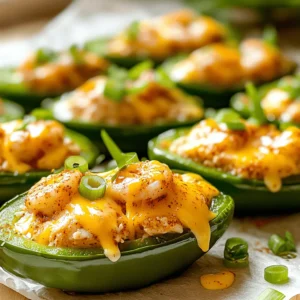 To make Fiery Cajun Shrimp Stuffed Jalapeños, you need these fresh ingredients: - 12 large jalapeño peppers - 1 pound shrimp, peeled and deveined - 1 tablespoon Cajun seasoning - 1 cup cream cheese, softened - 1/2 cup shredded sharp cheddar cheese - 1/4 cup green onions, finely chopped - 2 cloves garlic, minced - 1 tablespoon olive oil - Salt and freshly cracked black pepper Each ingredient plays a key role in the flavor. The jalapeños give the dish its kick. The shrimp adds a juicy texture and the Cajun seasoning brings heat and depth. Cream cheese and cheddar cheese create a rich, creamy filling. Fresh green onions add a pop of flavor, while garlic enhances it all with a warm aroma. You can find the full recipe to guide you through the cooking process. Ensuring you have these ingredients prepped will make your cooking experience smooth and fun. Enjoy crafting these spicy treats! 1. Preheat the oven: Start by preheating your oven to 375°F (190°C). This makes sure it’s hot enough for the jalapeños. 2. Slice and clean jalapeños: Carefully cut each jalapeño in half lengthwise. Use a small spoon to scoop out the seeds and membranes. This helps tone down the heat if you prefer. Set the cleaned jalapeños aside on a plate. 1. Sauté garlic in olive oil: In a medium skillet, add the olive oil. Turn the heat to medium. Once hot, add the minced garlic. Cook it for about 1 minute until it smells great and turns light golden. 2. Add shrimp and Cajun seasoning: Next, add the peeled and deveined shrimp to the skillet. Sprinkle the Cajun seasoning over the shrimp. Cook, stirring often, until the shrimp turn pink and opaque. This should take about 3 to 4 minutes. Remove the skillet from heat and let the shrimp cool slightly. 1. Mix shrimp filling: In a large bowl, combine the softened cream cheese, shredded cheddar cheese, chopped green onions, and the cooked shrimp. Mix well until everything is blended. Add salt and freshly cracked black pepper to taste. 2. Stuff jalapeños with filling: Take the mixture and fill each jalapeño half generously. Make sure to heap the filling for extra flavor. 3. Bake until golden: Place the stuffed jalapeños on a baking sheet lined with parchment paper. Bake them in the preheated oven for 20 to 25 minutes. They should be tender and the tops golden brown. You can find the full recipe [here](#). To enjoy a milder bite, remove the seeds from the jalapeños. The seeds hold most of the heat. If you want a different pepper, try using banana or Anaheim peppers. They have less heat and can still pack a flavorful punch. You can change up the taste by using different cheeses. Cream cheese is great, but try pepper jack for a kick or mozzarella for a milder flavor. Adding fresh herbs like cilantro or parsley can also lift the dish. A squeeze of lemon juice adds brightness and balance. When serving, place the stuffed jalapeños on a colorful platter. This makes the dish pop. You can garnish with extra chopped green onions or a sprinkle of paprika for color. Drizzle some hot sauce on top for extra flair and flavor. {{image_4}} If you want a meat-free dish, swap shrimp with mushrooms or tofu. Mushrooms add a nice, earthy flavor. Tofu absorbs all the spices well. This option is perfect for plant lovers. Just sauté the mushrooms or tofu until golden before mixing. Mix things up by using pepper jack or blue cheese. Pepper jack brings a spicy kick to the dish. Blue cheese adds a rich and bold flavor. You can use one or a mix of both. Cheese lovers will enjoy the depth of flavor in each bite. For a fun twist, add corn or black beans to the filling. Both ingredients boost flavor and texture. They also add some color, making your dish pop. Corn brings sweetness, while black beans give you protein. This twist keeps the dish exciting and fresh. For the full recipe, check out the detailed instructions above. To store leftovers, place the stuffed jalapeños in an airtight container. Keep them in the fridge for up to three days. When you want to enjoy them again, simply reheat in a 350°F (175°C) oven. This method helps maintain their crispy texture. Heat for about 10-15 minutes or until warm throughout. You can freeze stuffed jalapeños for longer storage. After baking, let them cool completely. Arrange them on a baking sheet and freeze until solid. Then, transfer them to a freezer bag. This way, they won't stick together. They can last up to three months in the freezer. To thaw, move them to the fridge overnight. You can also cook them straight from frozen. If cooking from frozen, add an extra 10-15 minutes to your baking time. This method ensures they heat through without drying out. For the full recipe, check the earlier section. To reduce the heat, remove the seeds and membranes from the jalapeños. This step makes a big difference. You can also choose milder peppers, like Anaheim or poblano, for a gentler bite. Another option is to mix in more cream cheese to balance the spice. Adding a bit of sugar can help cut through the heat, too. Yes, you can! To make them ahead, prepare the stuffed jalapeños and place them in the fridge. Cover them tightly with plastic wrap. You can store them like this for up to 24 hours. When ready, bake them straight from the fridge. Just add a few minutes to the baking time to ensure they heat through properly. These stuffed jalapeños pair well with many sides. Try serving them with a fresh salad, like a simple green or a spicy coleslaw. Rice dishes, such as Cajun rice or cilantro lime rice, also complement the flavors nicely. For a fun twist, serve with tortilla chips and salsa for a complete feast. Check the Full Recipe for more ideas! You now have all the tools to make Cajun shrimp stuffed jalapeños. We covered ingredients, preparation, and baking steps. You also learned how to customize the heat and flavor. Remember to experiment with variations like vegetarian options or different cheeses. For storage, save leftovers in the fridge or freeze them for later. Enjoy your creation as a savory snack or fun party dish! You can impress your friends and family with this delicious recipe. Happy cooking!