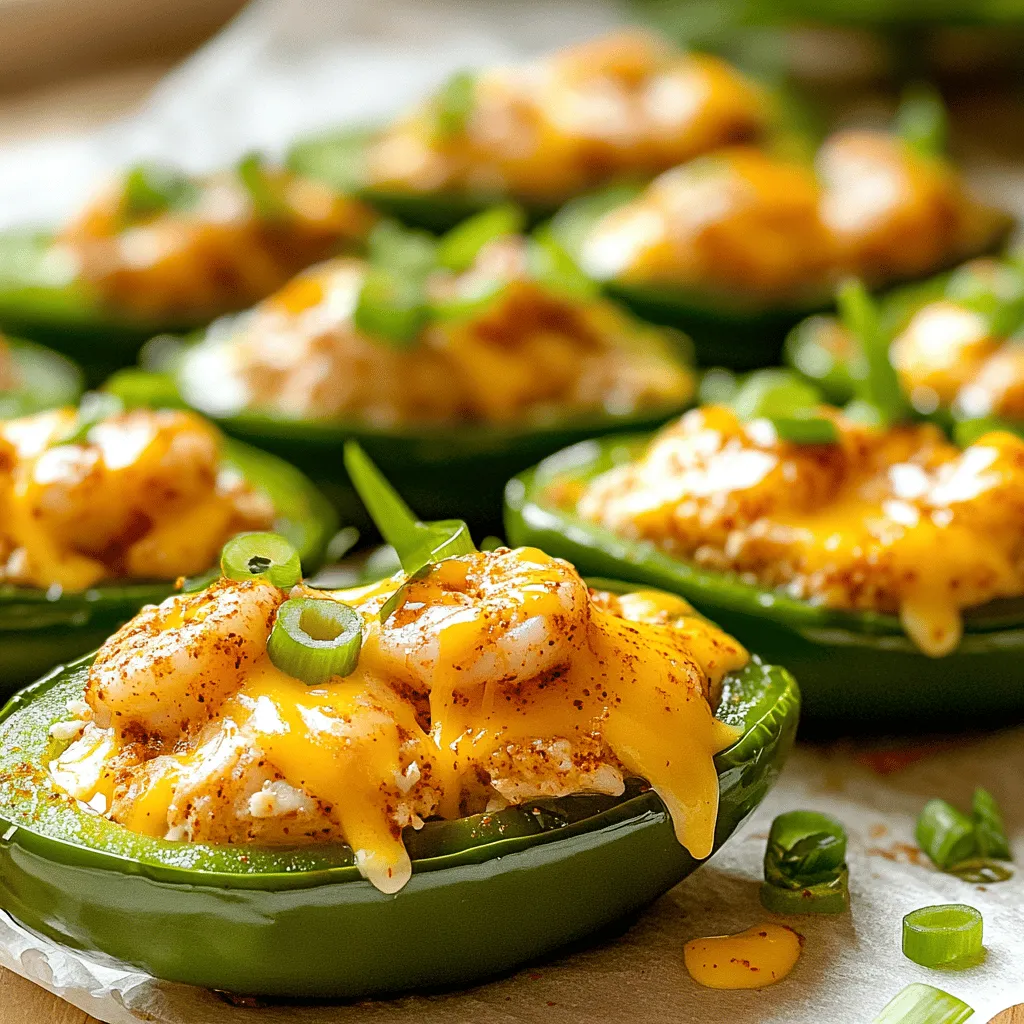 To make Fiery Cajun Shrimp Stuffed Jalapeños, you need these fresh ingredients: - 12 large jalapeño peppers - 1 pound shrimp, peeled and deveined - 1 tablespoon Cajun seasoning - 1 cup cream cheese, softened - 1/2 cup shredded sharp cheddar cheese - 1/4 cup green onions, finely chopped - 2 cloves garlic, minced - 1 tablespoon olive oil - Salt and freshly cracked black pepper Each ingredient plays a key role in the flavor. The jalapeños give the dish its kick. The shrimp adds a juicy texture and the Cajun seasoning brings heat and depth. Cream cheese and cheddar cheese create a rich, creamy filling. Fresh green onions add a pop of flavor, while garlic enhances it all with a warm aroma. You can find the full recipe to guide you through the cooking process. Ensuring you have these ingredients prepped will make your cooking experience smooth and fun. Enjoy crafting these spicy treats! 1. Preheat the oven: Start by preheating your oven to 375°F (190°C). This makes sure it’s hot enough for the jalapeños. 2. Slice and clean jalapeños: Carefully cut each jalapeño in half lengthwise. Use a small spoon to scoop out the seeds and membranes. This helps tone down the heat if you prefer. Set the cleaned jalapeños aside on a plate. 1. Sauté garlic in olive oil: In a medium skillet, add the olive oil. Turn the heat to medium. Once hot, add the minced garlic. Cook it for about 1 minute until it smells great and turns light golden. 2. Add shrimp and Cajun seasoning: Next, add the peeled and deveined shrimp to the skillet. Sprinkle the Cajun seasoning over the shrimp. Cook, stirring often, until the shrimp turn pink and opaque. This should take about 3 to 4 minutes. Remove the skillet from heat and let the shrimp cool slightly. 1. Mix shrimp filling: In a large bowl, combine the softened cream cheese, shredded cheddar cheese, chopped green onions, and the cooked shrimp. Mix well until everything is blended. Add salt and freshly cracked black pepper to taste. 2. Stuff jalapeños with filling: Take the mixture and fill each jalapeño half generously. Make sure to heap the filling for extra flavor. 3. Bake until golden: Place the stuffed jalapeños on a baking sheet lined with parchment paper. Bake them in the preheated oven for 20 to 25 minutes. They should be tender and the tops golden brown. You can find the full recipe [here](#). To enjoy a milder bite, remove the seeds from the jalapeños. The seeds hold most of the heat. If you want a different pepper, try using banana or Anaheim peppers. They have less heat and can still pack a flavorful punch. You can change up the taste by using different cheeses. Cream cheese is great, but try pepper jack for a kick or mozzarella for a milder flavor. Adding fresh herbs like cilantro or parsley can also lift the dish. A squeeze of lemon juice adds brightness and balance. When serving, place the stuffed jalapeños on a colorful platter. This makes the dish pop. You can garnish with extra chopped green onions or a sprinkle of paprika for color. Drizzle some hot sauce on top for extra flair and flavor. {{image_4}} If you want a meat-free dish, swap shrimp with mushrooms or tofu. Mushrooms add a nice, earthy flavor. Tofu absorbs all the spices well. This option is perfect for plant lovers. Just sauté the mushrooms or tofu until golden before mixing. Mix things up by using pepper jack or blue cheese. Pepper jack brings a spicy kick to the dish. Blue cheese adds a rich and bold flavor. You can use one or a mix of both. Cheese lovers will enjoy the depth of flavor in each bite. For a fun twist, add corn or black beans to the filling. Both ingredients boost flavor and texture. They also add some color, making your dish pop. Corn brings sweetness, while black beans give you protein. This twist keeps the dish exciting and fresh. For the full recipe, check out the detailed instructions above. To store leftovers, place the stuffed jalapeños in an airtight container. Keep them in the fridge for up to three days. When you want to enjoy them again, simply reheat in a 350°F (175°C) oven. This method helps maintain their crispy texture. Heat for about 10-15 minutes or until warm throughout. You can freeze stuffed jalapeños for longer storage. After baking, let them cool completely. Arrange them on a baking sheet and freeze until solid. Then, transfer them to a freezer bag. This way, they won't stick together. They can last up to three months in the freezer. To thaw, move them to the fridge overnight. You can also cook them straight from frozen. If cooking from frozen, add an extra 10-15 minutes to your baking time. This method ensures they heat through without drying out. For the full recipe, check the earlier section. To reduce the heat, remove the seeds and membranes from the jalapeños. This step makes a big difference. You can also choose milder peppers, like Anaheim or poblano, for a gentler bite. Another option is to mix in more cream cheese to balance the spice. Adding a bit of sugar can help cut through the heat, too. Yes, you can! To make them ahead, prepare the stuffed jalapeños and place them in the fridge. Cover them tightly with plastic wrap. You can store them like this for up to 24 hours. When ready, bake them straight from the fridge. Just add a few minutes to the baking time to ensure they heat through properly. These stuffed jalapeños pair well with many sides. Try serving them with a fresh salad, like a simple green or a spicy coleslaw. Rice dishes, such as Cajun rice or cilantro lime rice, also complement the flavors nicely. For a fun twist, serve with tortilla chips and salsa for a complete feast. Check the Full Recipe for more ideas! You now have all the tools to make Cajun shrimp stuffed jalapeños. We covered ingredients, preparation, and baking steps. You also learned how to customize the heat and flavor. Remember to experiment with variations like vegetarian options or different cheeses. For storage, save leftovers in the fridge or freeze them for later. Enjoy your creation as a savory snack or fun party dish! You can impress your friends and family with this delicious recipe. Happy cooking!