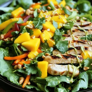 - 2 boneless, skinless chicken breasts - 2 cups mixed greens (a blend of lettuce, spinach, and arugula) - 1 ripe mango, thinly sliced - 1 bell pepper, thinly sliced (choose red or yellow for vibrancy) - 1 medium carrot, julienned - 1/4 cup fresh cilantro, finely chopped - 1/4 cup peanuts or cashews, roughly chopped (for a crunchy topping) - 1 tablespoon fresh ginger, grated (adds zest) - 2 tablespoons fresh lime juice (for brightness) - 2 tablespoons fish sauce (for depth of flavor) - 1 tablespoon honey or maple syrup (for sweetness) - 1 tablespoon sesame oil (for nuttiness) - Additional cilantro - Sliced mango The main ingredients give this salad its fresh and vibrant taste. The chicken adds protein, while the mixed greens create a crisp base. Sliced mango brings sweetness, and colorful bell peppers and carrots add crunch and texture. Nuts like peanuts or cashews provide a delightful finish. The dressing is key to balancing flavors. Fresh ginger gives it a spicy kick. Lime juice brightens the salad, while fish sauce adds umami. Honey or maple syrup balances the spice, and sesame oil brings a rich, nutty flavor. Optional garnishes like more cilantro or extra mango slices will elevate the dish. You can find the full recipe [here]. To start, season the chicken breasts well with salt and pepper. This simple step boosts flavor. Cook them on a grill or in a pan over medium heat. Aim for about 6-7 minutes on each side. You want them fully cooked and golden brown. When done, let the chicken rest for about 5 minutes. This resting time helps keep it juicy. Now, slice the chicken into thin strips. While the chicken cooks, let’s prepare the dressing. In a small bowl, mix the grated ginger, lime juice, fish sauce, honey (or maple syrup), and sesame oil. Use a whisk to blend everything together. You want the dressing smooth and well mixed. The flavors should balance sweet and tangy. In a large salad bowl, combine the mixed greens, thinly sliced mango, bell pepper, julienned carrot, and chopped cilantro. Gently toss these ingredients. This helps mix them without bruising the greens. After slicing the chicken, add it to the salad bowl. Drizzle the dressing over the top. Toss everything together to coat the ingredients evenly. For a fun crunch, sprinkle the chopped peanuts or cashews on top. Taste the salad and adjust with salt or pepper if needed. Enjoy this fresh delight! For a detailed recipe, see Full Recipe. To cook chicken perfectly, I like to grill it. Start by seasoning the chicken with salt and pepper. Place it on a hot grill. Aim for about 6-7 minutes on each side. You want nice grill marks and a golden color. If you don’t have a grill, you can bake or poach the chicken. For baking, set your oven to 375°F and cook for 20-25 minutes. If poaching, simmer the chicken in water until it reaches 165°F. To save time, prepare your salad ingredients ahead of time. You can chop the veggies and store them in the fridge. Keep the chicken cooked and sliced, too. For the dressing, mix it but store it separately. This keeps the salad fresh until you are ready to serve. Presentation makes a big difference. Serve the salad in individual bowls or on a large platter. Add a few slices of fresh mango on top for color. Garnish with extra cilantro for a bright touch. This salad pairs wonderfully with rice or spring rolls. The crunch from the nuts and the freshness of the greens make it a delight. For the full recipe, check out the complete details! {{image_4}} You can switch up the protein in this Thai chicken salad. Try using shrimp for a seafood twist. Shrimp cooks quickly, so it’s a great choice. Just sauté them until pink and tender. If you prefer a plant-based option, tofu works well too. Use firm tofu, and sauté it until golden. Both options add a new flavor without losing the salad's charm. Want to spice things up? Add chili flakes to your dressing. Just a little can give your salad a nice kick. If you want a different taste, swap the fish sauce for soy sauce. This will change the flavor but still keep it tasty. You can also replace honey with agave syrup for a vegan-friendly option. Adjust your salad with seasonal fruits. In summer, ripe tomatoes can add a fresh burst. In the fall, try avocado for creaminess. You can also play with different greens. Kale or arugula can give a new texture. Mixing greens creates a fun look and keeps things interesting. Each season brings new flavors to explore. For a complete guide to making this delicious salad, check out the Full Recipe. To keep your Thai chicken salad fresh, store it right. Use airtight containers. This prevents air from getting in and helps keep the flavors intact. You can separate the salad and dressing. This way, the greens stay crisp longer. When ready to eat, just mix the dressing back in. Can you freeze the salad? It's not the best idea. The greens will lose their crunch. However, you can freeze individual parts. Cooked chicken and dressing freeze well. Place them in freezer bags, and remove all the air. This keeps flavors bright and fresh. How long does the salad stay fresh? When stored in the fridge, it lasts about 3 days. After that, it may spoil. Look for signs of spoilage. If the greens are slimy or smell off, toss it out. Always trust your senses when it comes to food safety. For a detailed recipe, check the Full Recipe for Thai Mango Ginger Chicken Salad. The key flavors in Thai Chicken Salad come from the dressing and fresh herbs. The dressing combines lime juice, fish sauce, and honey. This mix gives a bright, tangy, and sweet taste. Fresh ginger adds a warm kick. Using herbs like cilantro makes the salad fresh and aromatic. Each bite bursts with flavor, thanks to these simple yet bold ingredients. Yes, you can easily make this salad vegan! For the chicken, try using grilled tofu or tempeh. These options provide great texture and protein. For the dressing, swap fish sauce with soy sauce or tamari. Use maple syrup instead of honey for sweetness. These changes keep the salad tasty and satisfying without any animal products. Pairing side dishes enhances your meal. You can serve Thai Chicken Salad with jasmine rice for a filling option. Spring rolls or fresh vegetable rolls complement the salad well too. For a light option, try a bowl of coconut soup. These sides add variety and make your meal complete. This blog post guides you through making a delicious Thai Chicken Salad. We covered key ingredients, from chicken and mixed greens to a flavorful dressing. I shared tips for cooking the chicken, assembling the salad, and ways to store leftovers. You can customize the salad with proteins or seasonal fruits, making it a versatile choice. Enjoy this vibrant dish, and let your creativity shine with each new variation!