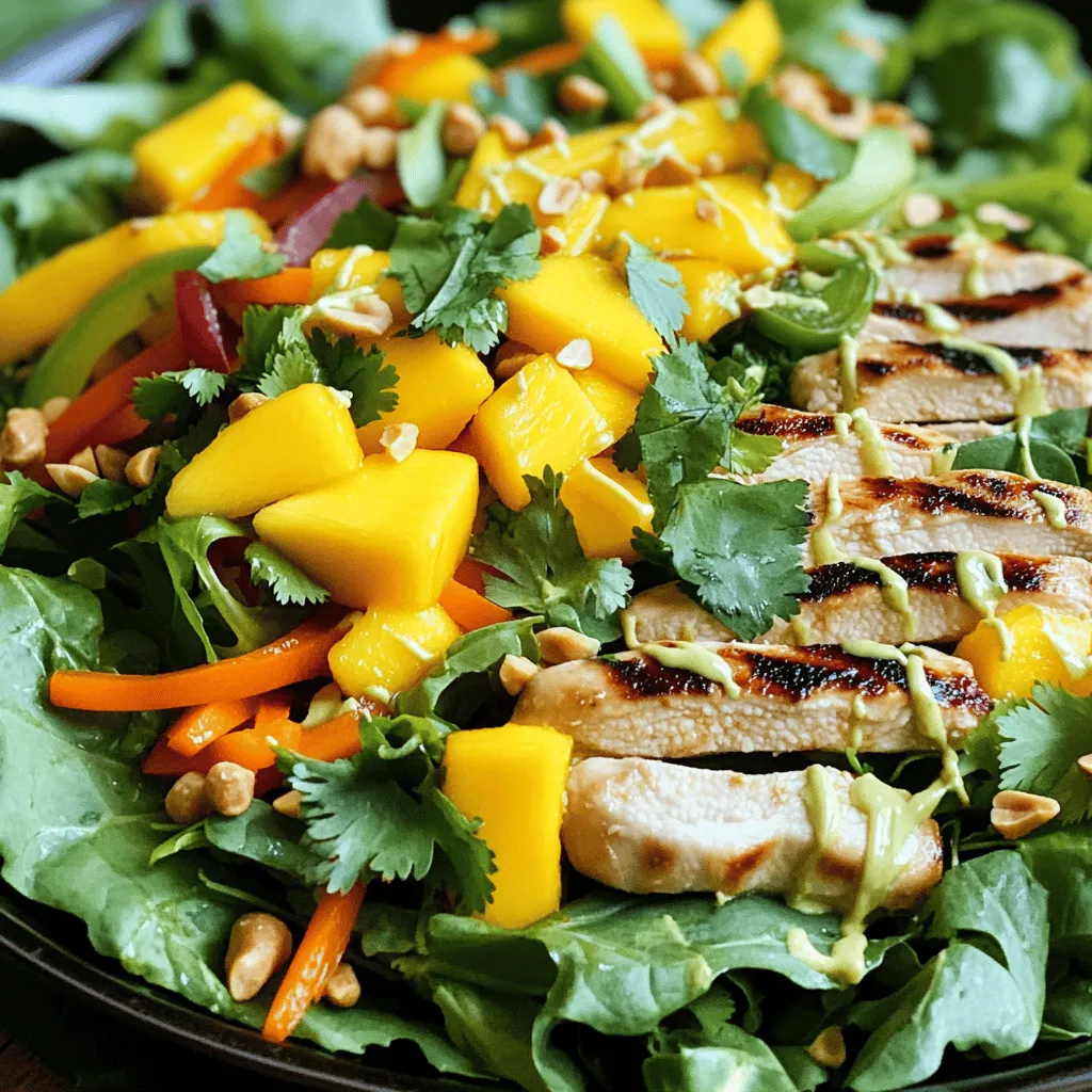 - 2 boneless, skinless chicken breasts - 2 cups mixed greens (a blend of lettuce, spinach, and arugula) - 1 ripe mango, thinly sliced - 1 bell pepper, thinly sliced (choose red or yellow for vibrancy) - 1 medium carrot, julienned - 1/4 cup fresh cilantro, finely chopped - 1/4 cup peanuts or cashews, roughly chopped (for a crunchy topping) - 1 tablespoon fresh ginger, grated (adds zest) - 2 tablespoons fresh lime juice (for brightness) - 2 tablespoons fish sauce (for depth of flavor) - 1 tablespoon honey or maple syrup (for sweetness) - 1 tablespoon sesame oil (for nuttiness) - Additional cilantro - Sliced mango The main ingredients give this salad its fresh and vibrant taste. The chicken adds protein, while the mixed greens create a crisp base. Sliced mango brings sweetness, and colorful bell peppers and carrots add crunch and texture. Nuts like peanuts or cashews provide a delightful finish. The dressing is key to balancing flavors. Fresh ginger gives it a spicy kick. Lime juice brightens the salad, while fish sauce adds umami. Honey or maple syrup balances the spice, and sesame oil brings a rich, nutty flavor. Optional garnishes like more cilantro or extra mango slices will elevate the dish. You can find the full recipe [here]. To start, season the chicken breasts well with salt and pepper. This simple step boosts flavor. Cook them on a grill or in a pan over medium heat. Aim for about 6-7 minutes on each side. You want them fully cooked and golden brown. When done, let the chicken rest for about 5 minutes. This resting time helps keep it juicy. Now, slice the chicken into thin strips. While the chicken cooks, let’s prepare the dressing. In a small bowl, mix the grated ginger, lime juice, fish sauce, honey (or maple syrup), and sesame oil. Use a whisk to blend everything together. You want the dressing smooth and well mixed. The flavors should balance sweet and tangy. In a large salad bowl, combine the mixed greens, thinly sliced mango, bell pepper, julienned carrot, and chopped cilantro. Gently toss these ingredients. This helps mix them without bruising the greens. After slicing the chicken, add it to the salad bowl. Drizzle the dressing over the top. Toss everything together to coat the ingredients evenly. For a fun crunch, sprinkle the chopped peanuts or cashews on top. Taste the salad and adjust with salt or pepper if needed. Enjoy this fresh delight! For a detailed recipe, see Full Recipe. To cook chicken perfectly, I like to grill it. Start by seasoning the chicken with salt and pepper. Place it on a hot grill. Aim for about 6-7 minutes on each side. You want nice grill marks and a golden color. If you don’t have a grill, you can bake or poach the chicken. For baking, set your oven to 375°F and cook for 20-25 minutes. If poaching, simmer the chicken in water until it reaches 165°F. To save time, prepare your salad ingredients ahead of time. You can chop the veggies and store them in the fridge. Keep the chicken cooked and sliced, too. For the dressing, mix it but store it separately. This keeps the salad fresh until you are ready to serve. Presentation makes a big difference. Serve the salad in individual bowls or on a large platter. Add a few slices of fresh mango on top for color. Garnish with extra cilantro for a bright touch. This salad pairs wonderfully with rice or spring rolls. The crunch from the nuts and the freshness of the greens make it a delight. For the full recipe, check out the complete details! {{image_4}} You can switch up the protein in this Thai chicken salad. Try using shrimp for a seafood twist. Shrimp cooks quickly, so it’s a great choice. Just sauté them until pink and tender. If you prefer a plant-based option, tofu works well too. Use firm tofu, and sauté it until golden. Both options add a new flavor without losing the salad's charm. Want to spice things up? Add chili flakes to your dressing. Just a little can give your salad a nice kick. If you want a different taste, swap the fish sauce for soy sauce. This will change the flavor but still keep it tasty. You can also replace honey with agave syrup for a vegan-friendly option. Adjust your salad with seasonal fruits. In summer, ripe tomatoes can add a fresh burst. In the fall, try avocado for creaminess. You can also play with different greens. Kale or arugula can give a new texture. Mixing greens creates a fun look and keeps things interesting. Each season brings new flavors to explore. For a complete guide to making this delicious salad, check out the Full Recipe. To keep your Thai chicken salad fresh, store it right. Use airtight containers. This prevents air from getting in and helps keep the flavors intact. You can separate the salad and dressing. This way, the greens stay crisp longer. When ready to eat, just mix the dressing back in. Can you freeze the salad? It's not the best idea. The greens will lose their crunch. However, you can freeze individual parts. Cooked chicken and dressing freeze well. Place them in freezer bags, and remove all the air. This keeps flavors bright and fresh. How long does the salad stay fresh? When stored in the fridge, it lasts about 3 days. After that, it may spoil. Look for signs of spoilage. If the greens are slimy or smell off, toss it out. Always trust your senses when it comes to food safety. For a detailed recipe, check the Full Recipe for Thai Mango Ginger Chicken Salad. The key flavors in Thai Chicken Salad come from the dressing and fresh herbs. The dressing combines lime juice, fish sauce, and honey. This mix gives a bright, tangy, and sweet taste. Fresh ginger adds a warm kick. Using herbs like cilantro makes the salad fresh and aromatic. Each bite bursts with flavor, thanks to these simple yet bold ingredients. Yes, you can easily make this salad vegan! For the chicken, try using grilled tofu or tempeh. These options provide great texture and protein. For the dressing, swap fish sauce with soy sauce or tamari. Use maple syrup instead of honey for sweetness. These changes keep the salad tasty and satisfying without any animal products. Pairing side dishes enhances your meal. You can serve Thai Chicken Salad with jasmine rice for a filling option. Spring rolls or fresh vegetable rolls complement the salad well too. For a light option, try a bowl of coconut soup. These sides add variety and make your meal complete. This blog post guides you through making a delicious Thai Chicken Salad. We covered key ingredients, from chicken and mixed greens to a flavorful dressing. I shared tips for cooking the chicken, assembling the salad, and ways to store leftovers. You can customize the salad with proteins or seasonal fruits, making it a versatile choice. Enjoy this vibrant dish, and let your creativity shine with each new variation!
