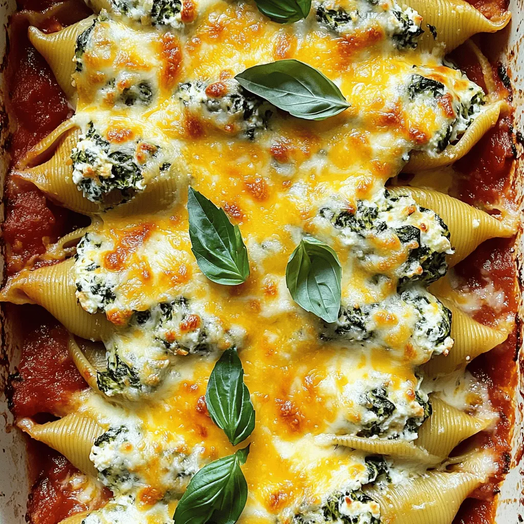 - 20 large pasta shells - 2 cups fresh spinach, finely chopped - 1 cup ricotta cheese - 1 cup shredded mozzarella cheese, divided - 1/2 cup grated Parmesan cheese - 1 large egg - 2 cloves garlic, minced - 1 teaspoon dried oregano - Salt and black pepper to taste - 3 cups marinara sauce - Fresh basil leaves, for garnish To make Easy Spinach and Ricotta Stuffed Shells, start with fresh ingredients. I love using large pasta shells because they hold a lot of the tasty filling. You want them to be big enough to stuff well, yet not too big to handle. Spinach adds a nice color and flavor. I always chop it finely so it mixes well with the cheeses. Ricotta is creamy and gives a rich taste. Mixing it with mozzarella creates a gooey texture that melts nicely when baked. Don’t forget the Parmesan! It adds a salty kick and depth to the filling. One egg binds everything together. You need it to keep the mixture from falling apart. For seasoning, garlic gives a strong flavor. Oregano adds warmth, while salt and pepper balance it all out. Marinara sauce is the perfect base. I suggest using a good quality sauce for the best taste. Finally, fresh basil leaves make a lovely garnish. They add a nice color and a fresh taste that brightens up the dish. Check out the Full Recipe for step-by-step instructions on how to bring it all together! - Boil and cook the pasta shells until al dente. - Cool the cooked shells on a clean kitchen towel. To begin, I boil a large pot of salted water. I cook the pasta shells, following the package instructions. I want them firm but not hard. Once cooked, I drain the shells gently and spread them on a clean kitchen towel to cool. This helps prevent them from sticking together. - Sauté garlic and spinach mixture. - Combine ricotta, mozzarella, Parmesan, egg, and spices. Next, I heat a skillet over medium heat. I add a tablespoon of olive oil and let it warm. Then, I toss in minced garlic and sauté it for about one minute. It should smell nice. After that, I add the chopped spinach. I cook it for 2-3 minutes until it wilts. Then, I remove the skillet from heat to cool. In a mixing bowl, I combine ricotta cheese, half of the mozzarella, grated Parmesan, and a large egg. I also add the wilted spinach, dried oregano, and a bit of salt and black pepper. I mix everything well until smooth. - Spread marinara sauce in the baking dish. - Stuff the shells and arrange them in the dish. - Cover with remaining marinara and mozzarella. Now, I take a 9x13 inch baking dish and spread one cup of marinara sauce on the bottom. This helps keep the shells from drying out. I carefully stuff each shell with the ricotta filling. I place them open side up in the dish for a nice look. Once they are all arranged, I pour the remaining marinara sauce over the shells. I sprinkle the leftover mozzarella cheese on top. - Cover with foil and bake. - Remove foil for finishing bake. Next, I cover the dish tightly with aluminum foil. I place it in my preheated oven at 375°F (190°C). I bake for 25 minutes. After that, I remove the foil and bake for another 10-15 minutes. I want the cheese to be bubbly and golden brown. Once done, I let it cool a bit before serving. For a fun touch, I garnish with fresh basil leaves. If you want the full recipe, check the [Full Recipe]. To cook the pasta shells without breaking, follow these steps: - Use plenty of salted water for boiling. - Stir the shells gently while cooking. - Cook the shells until they are al dente. This keeps them firm. For a creamy filling, make sure to: - Mix the ricotta cheese well with the spinach. - Add a little egg to bind the filling. - Avoid over-mixing, which can make the filling too runny. To amp up the taste, consider these seasonings: - Try adding a pinch of red pepper flakes for heat. - Mix in fresh herbs like basil or parsley for a fresh kick. - Use a touch of lemon zest for brightness. When it comes to marinara, I recommend: - Making your own for deeper flavor. - If using store-bought, choose a brand with no added sugars. - A good sauce enhances the stuffed shells greatly. For side dishes, think about these ideas: - Garlic bread pairs well with the dish. - A simple green salad adds freshness. - Roasted vegetables can bring more color to your plate. For plating, aim for elegance: - Place a shell in the center of the plate. - Drizzle some marinara around it for contrast. - Sprinkle grated Parmesan cheese on top for a lovely finish. Explore the [Full Recipe] for more details on making these delicious stuffed shells! {{image_4}} You can make these stuffed shells even better for you. Here are a few swaps: - Whole wheat or gluten-free pasta: This change adds fiber and nutrients. - Low-fat cheese options: Try using low-fat ricotta or mozzarella. You get the same flavor with fewer calories. Want to change things up? Here are some tasty ideas: - Adding ground meat or sausage: Mix in cooked meat for a heartier filling. It adds protein and a savory taste. - Experimenting with herbs and spices: Add fresh basil, thyme, or a pinch of red pepper flakes for a kick. Each herb brings a unique flavor. If you want to keep it meat-free, consider these options: - Incorporating mushrooms or zucchini: Both add a nice texture and flavor. Just sauté them before mixing with the cheese. - Vegan adaptations using plant-based cheese: Use cashew or almond cheese instead of dairy. You can still enjoy creamy stuffed shells! For the full recipe, check out the easy spinach and ricotta stuffed shells. To keep your stuffed shells fresh, place them in an airtight container. This helps keep moisture in and prevents the shells from drying out. You can store them in the fridge for up to three days. This way, you can enjoy leftovers without losing taste or texture. If you want to save some for later, freezing is a great option. First, let the shells cool completely. Then, place them in a freezer-safe container. You can also use plastic wrap to keep them safe from freezer burn. Properly frozen shells last for about three months. When you’re ready to eat, thaw in the fridge overnight. Reheat them in the oven at 350°F (175°C) until heated through. You can prepare the shells in advance for busy days. Cook the pasta and make the filling a day or two ahead. Store them separately in the fridge. When you’re ready to cook, stuff the shells and bake. This way, you have a quick and easy meal ready to go! Yes, you can prepare these shells in advance. After you stuff the shells, cover them and refrigerate for up to 24 hours. This saves time on busy nights. Just bake them when you're ready to eat. You may need to add a few extra minutes to the bake time. Great side dishes include: - Garlic bread - Simple green salad - Steamed vegetables - Roasted broccoli These sides balance the meal and add freshness. Absolutely! You can try different cheeses like: - Cottage cheese - Goat cheese - Feta cheese Each cheese adds a unique flavor. Mix and match to find your favorite! To keep your shells from sticking, follow these tips: - Cook them al dente. - Rinse them gently with cold water after cooking. - Lay them out on a clean towel. These steps help them stay separate. If you want to switch up the sauce, consider these options: - Alfredo sauce - Pesto sauce - A simple olive oil and garlic mix These alternatives add new flavors to your dish. In this blog post, we explored making easy Spinach and Ricotta Stuffed Shells. We covered the key ingredients, from pasta shells to cheese, and detailed each cooking step. I shared tips for perfect texture and flavor, plus variations to fit your taste. Finally, we discussed storage and meal prep for leftovers. Enjoying this dish can be simple and fun. You can adjust flavors and ingredients to make it your own. Embrace this recipe for a tasty meal any night!