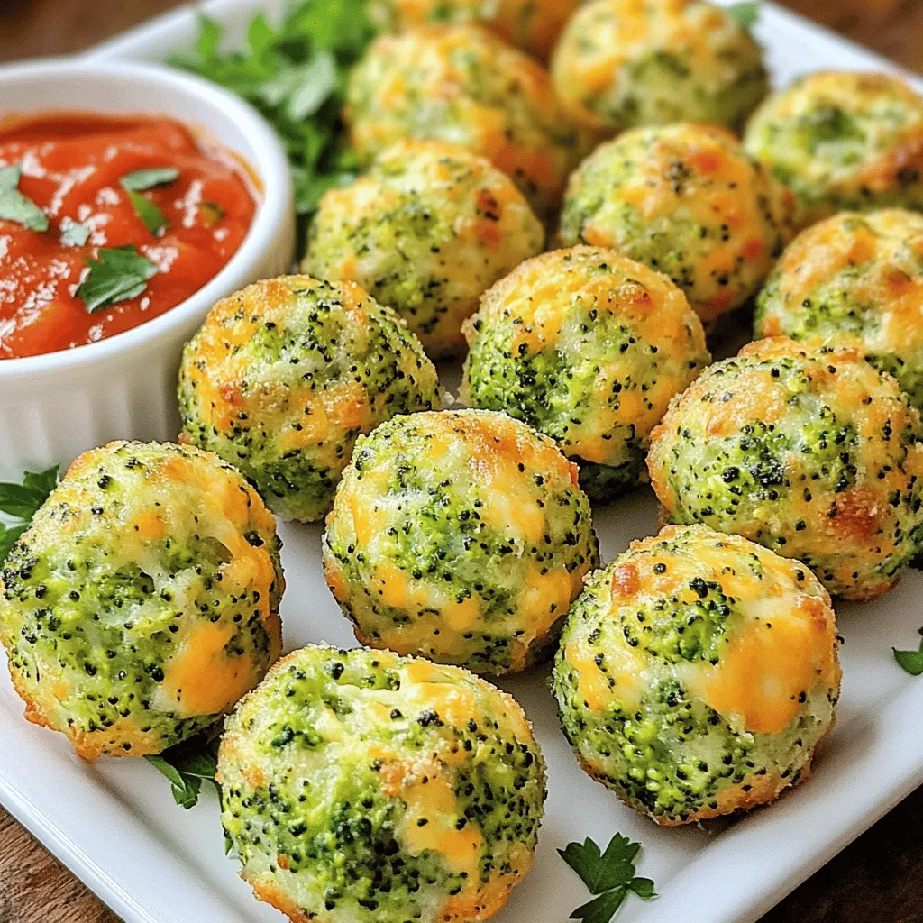 To make delicious Baked Broccoli Cheese Balls, you'll need: - 2 cups fresh broccoli florets, finely chopped - 1 cup sharp cheddar cheese, shredded - 1/2 cup whole wheat breadcrumbs - 1/4 cup freshly grated Parmesan cheese - 2 large eggs, beaten - 2 cloves garlic, minced - 1 teaspoon onion powder - 1/2 teaspoon paprika - Salt and freshly ground black pepper to taste - Olive oil spray These ingredients create a tasty mix that holds well together when baked. The broccoli adds nutrition, while the cheese provides a rich flavor. If you want to boost the flavor, you can add: - 1/2 teaspoon red pepper flakes for heat - 1/4 cup chopped fresh herbs, like parsley or basil - 1/4 cup cooked quinoa for extra protein - 1/4 cup diced bell peppers for crunch These add-ins let you customize your cheese balls. Feel free to experiment and find your favorite mix! When choosing broccoli, look for: - Bright green color with firm florets - No yellowing or wilting - A fresh, mild scent Fresh broccoli makes a big difference in taste. Buy organic if possible, as it often has better flavor and nutrients. A good head of broccoli will give your cheese balls a vibrant look and a great taste. For the full recipe, check out the details above. Enjoy your cooking! Start by gathering all your ingredients. You need fresh broccoli, cheese, breadcrumbs, eggs, and spices. I recommend chopping the broccoli into tiny pieces. This helps it blend well with the cheese. You can use a knife or a food processor for this. Next, shred the sharp cheddar cheese. Grate the Parmesan cheese as well. Set everything aside in a bowl. This makes mixing easier later. Now it's time to mix your ingredients. In a large bowl, combine the chopped broccoli, cheddar cheese, breadcrumbs, and Parmesan. Add the beaten eggs, garlic, onion powder, paprika, salt, and pepper. Mix everything well with a spoon or your hands. When the mixture is ready, take some in your hands and roll it into small balls, about 1 to 2 inches wide. Place the balls on a lined baking sheet. Make sure to leave space between them. This helps them cook evenly. Next, lightly spray the tops with olive oil. This step is key for achieving a crispy outside. Bake them in a preheated oven at 400°F for 20 to 25 minutes. Keep an eye on them! Turn them halfway through to get even browning. When they turn golden brown, they are done. To get that perfect crispiness, watch the baking time closely. If you like them extra crispy, you can leave them in for a few extra minutes. Just be careful not to burn them. The olive oil helps, but the key is not to crowd the baking sheet. This allows the heat to circulate around each ball. Once baked, let them cool for a few minutes before serving. This helps them hold their shape better. For a fun twist, serve with marinara sauce or ranch dressing. Enjoy your delicious Baked Broccoli Cheese Balls! For the full recipe, refer to the earlier section. For the best texture, chop the broccoli very finely. This helps the balls hold together. Use sharp cheddar cheese for a stronger flavor. Whole wheat breadcrumbs add a nice crunch. Make sure to mix everything well. This ensures even flavor and texture. Lightly spray the tops with olive oil. This gives a golden, crispy finish. One common mistake is overcooking the broccoli. Steam it just until tender. If the broccoli is too mushy, the balls won’t hold their shape. Another mistake is not using enough cheese. The cheese helps bind the mixture together. Also, avoid crowding the baking sheet. Space them out for even cooking. Turning them halfway is key to getting that perfect crunch. Serve your baked broccoli cheese balls on a colorful platter. Pair them with marinara sauce or ranch dressing for dipping. A sprinkle of fresh parsley adds color and flavor. You can also serve them as an appetizer or snack at parties. They make a fun addition to any meal. For a delightful twist, try adding a side of spicy aioli. These tips will make your dish stand out and taste great! Check out the Full Recipe for more details. {{image_4}} To make gluten-free broccoli cheese balls, swap the whole wheat breadcrumbs for gluten-free ones. Look for brands that use almond flour or oat flour. You can also use crushed rice cereal as a tasty alternative. This change keeps the texture nice while making it safe for those with gluten issues. If you want to mix up the cheese, try using mozzarella or pepper jack. Both add unique flavors that change the taste of your cheese balls. You can also use a dairy-free cheese for a vegan twist. Just ensure it melts well, so your balls stay delicious and creamy. Adding extra veggies is a great way to boost nutrition. Consider mixing in finely chopped spinach, carrots, or bell peppers. These additions not only enhance the flavor but also add color. You can sneak in more fiber and vitamins without losing that tasty cheese goodness. For the full recipe, remember to check out the detailed guide! To keep your Baked Broccoli Cheese Balls fresh, let them cool completely. Place the cooled balls in an airtight container. Layer them with parchment paper to prevent sticking. Store the container in the fridge. They stay good for about three to four days. When you want to enjoy leftovers, preheat your oven to 350°F (175°C). Place the cheese balls on a baking sheet. Heat them for about 10 to 15 minutes until warm. This keeps them crispy. You can also use a microwave, but they may lose their crunch. To freeze, follow these steps. First, make the cheese balls but do not bake them. Place them on a baking sheet in a single layer. Freeze for about an hour until firm. Then, transfer the balls to a freezer-safe bag. They can last up to three months in the freezer. When you're ready to eat, bake them straight from the freezer. Just add a few extra minutes to the baking time. Enjoy your cheesy treat anytime! Baked Broccoli Cheese Balls keep well for about 3 to 4 days in the fridge. Store them in an airtight container to keep them fresh. If you want to enjoy them later, freeze them. They last about 2 to 3 months in the freezer. Yes, you can prepare these cheese balls ahead of time. You can form them and keep them in the fridge for a day. Just bake them when you are ready to eat. This makes it easy for meal prep or party snacks. If you need a substitute for breadcrumbs, consider using crushed crackers or oats. You can also use ground nuts for a gluten-free option. Each choice gives a unique texture and flavor, so feel free to experiment. For the best result, ensure your substitute binds well with the other ingredients. For the full recipe, check out the complete guide. Baked broccoli cheese balls are fun and tasty snacks. We discussed essential and optional ingredients, along with helpful tips for perfecting your dish. I shared how to prepare, cook, and serve them with flair. You learned about variations to fit your diet and ways to store leftovers. Remember, it's all about using fresh broccoli and keeping an eye on texture. With these tips, your broccoli cheese balls will impress everyone. Enjoy these snacks and get creative with flavors!