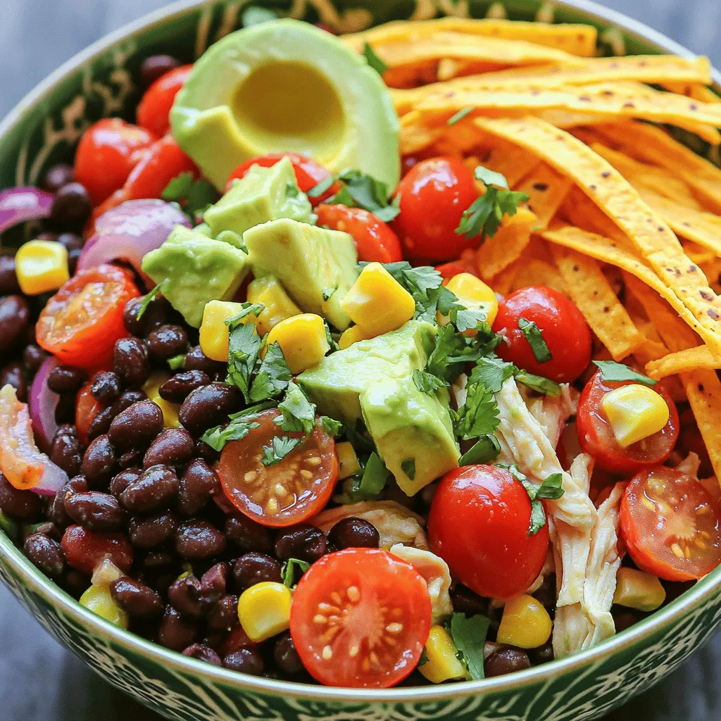- 2 cups cooked chicken breast, shredded - 1 can (15 oz) black beans, rinsed and drained - 1 cup corn kernels (fresh or frozen) - 1 red bell pepper, finely diced - ½ cup red onion, finely chopped - 1 ripe avocado, diced - 1 cup cherry tomatoes, halved - ¼ cup fresh cilantro, finely chopped - 3 tablespoons freshly squeezed lime juice - 3 tablespoons extra virgin olive oil - 1 teaspoon chili powder - 1 teaspoon ground cumin - Salt and freshly ground black pepper to taste - ½ cup crispy tortilla strips (for garnish) In this salad, I use simple, fresh ingredients that burst with flavor. The cooked chicken gives you protein. Black beans add fiber and texture. Corn brings a sweet crunch, and the red bell pepper adds color and zest. The avocado adds creaminess, while cherry tomatoes provide juiciness. Fresh cilantro adds a burst of freshness. Lime juice and olive oil create a tangy dressing, while chili powder and cumin give it a nice kick. This salad is not just fun to eat; it looks great too! The vibrant colors make it a feast for the eyes. You can find the full recipe in the section above. Enjoy creating this delicious dish! To start, gather your ingredients. You need cooked chicken, black beans, corn, red bell pepper, red onion, avocado, cherry tomatoes, and cilantro. In a large bowl, add the shredded chicken, rinsed black beans, and corn. Next, toss in the diced red bell pepper, chopped red onion, diced avocado, halved cherry tomatoes, and chopped cilantro. Gently fold everything together. This helps keep the avocado nice and intact. In a small bowl, combine lime juice, olive oil, chili powder, ground cumin, and salt and pepper. Whisk these together until they form a smooth mixture. This dressing adds a zesty kick to our salad. The lime juice brightens the flavors, while the spices give it that Southwest flair. Now, drizzle the dressing over your salad mixture. Use a spatula or a large spoon to toss the ingredients. Make sure everything is well coated. Taste your salad. If you want more spice, add extra chili powder. Let the salad sit for about 10 minutes. This waiting time allows the flavors to blend nicely. When you’re ready to serve, place the salad into bowls or on a platter. Top it with crispy tortilla strips for a fun crunch. For a special touch, add a lime wedge and a sprig of cilantro on each bowl. This makes the salad look fresh and inviting. Enjoy your flavorful and fresh zesty Southwest chicken salad! To make the best Zesty Southwest Chicken Salad, focus on balance. Use cooked chicken that is moist and tender. I like to shred mine to help mix all the flavors well. Make sure your veggies are crunchy and fresh. This gives each bite a nice texture. Toss the salad gently to keep everything intact. This way, your salad stays vibrant and colorful. Fresh ingredients make a huge difference. Always choose ripe avocados and bright red bell peppers. If using frozen corn, let it thaw first. Rinsing black beans helps remove extra salt and makes them taste better. When possible, buy organic and local produce. This supports farmers and ensures great flavor. Always wash your ingredients before you start cooking. It keeps your salad safe and clean. To boost flavor, add a squeeze of lime juice right before serving. It brightens up the taste. You can also mix in extra spices like paprika or chipotle for heat. For texture, crispy tortilla strips add a fun crunch. You can even try roasted nuts for a nutty twist. Each element you add should complement the others, creating a tasty experience. For the full recipe, visit the section above. {{image_4}} You can change the protein in this salad. Try using shrimp or beef for a twist. Grilled steak gives a rich taste, while shrimp adds a light feel. If you want a smoky flavor, add some chorizo. Just cook it well, then mix it in. Each choice brings its own flavor, making the salad fun and unique. If you want a meat-free option, use beans or tofu. Black beans are a great choice. They add protein and fiber. You can use cooked quinoa for a nutty taste. For a vegan option, skip the chicken and add extra veggies. Roasted sweet potatoes or grilled zucchini work well. These swaps keep the salad hearty and filling. Feel free to mix and match ingredients! Swap corn for diced mango for a sweet touch. You can replace red onion with green onions for a milder taste. Want more heat? Add jalapeños or spicy salsa. If you love cheese, sprinkle in some feta or cotija. These simple changes help you find your favorite flavor combo. For the full recipe, check out the complete guide. To keep your Zesty Southwest Chicken Salad fresh, place it in an airtight container. This helps keep moisture in and air out. Store it in the fridge for up to three days. If you notice any sogginess from the dressing, consider placing the ingredients separately. You can mix them just before serving. When prepping this salad, cut and store ingredients separately. Keep the dressing in a small jar. This way, you can mix everything together fresh each day. For best flavor, do not combine the ingredients until you are ready to eat. This keeps the salad crisp and zesty. You can freeze parts of the salad but not the whole dish. Store cooked chicken in a freezer-safe bag for up to three months. Black beans can also freeze well, so you can keep them in a separate bag. Avoid freezing fresh items like avocado and tomatoes as they won't hold their texture. When you're ready, just thaw and add fresh ingredients! Remember to check our Full Recipe for more tips. You can use beans or tofu instead of chicken. These options add protein. For a meatier taste, try shredded pork or turkey. Grilled shrimp or fish also works well. Each choice brings its own flavor. Experiment to find what you like best! Yes, you can make this salad ahead. Prepare the salad base and store it in the fridge. Keep the dressing separate until you’re ready to serve. This keeps the ingredients fresh and crisp. Mix them together just before serving for the best taste. This salad is quite healthy! It has lean protein from chicken and healthy fats from avocado. The veggies add fiber and vitamins. With black beans and corn, it’s filling and nutritious. Light dressing keeps the calories lower. Enjoy this salad as a guilt-free meal. For the full recipe, check out the Zesty Southwest Chicken Salad. This blog post covered how to make a Zesty Southwest Chicken Salad. We went over the key ingredients, from chicken and black beans to fresh veggies. I shared simple steps for prep, dressing, and mixing. I included tips to enhance flavor and make ingredient swaps. Storage advice helps you keep leftovers and meal prep easy. Whether you want a healthy dish or something unique, this salad has it all. Enjoy your tasty creation and feel proud of your kitchen skills!