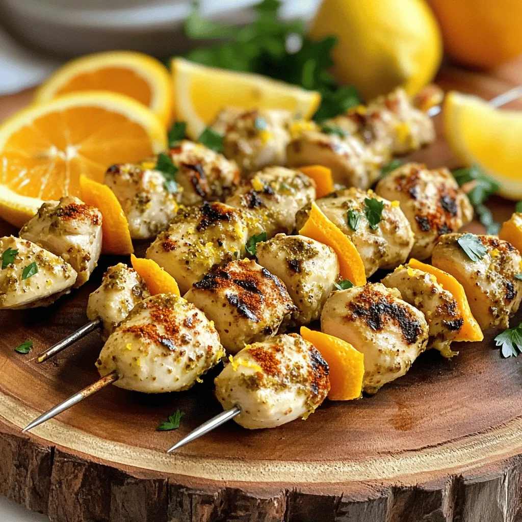 To make Zesty Citrus Chicken Tenderloin Skewers, gather these main ingredients: - 1 lb (450g) chicken tenderloins - 2 tablespoons extra virgin olive oil - Zest and juice of 1 juicy orange - Zest and juice of 1 tart lemon - 2 cloves garlic, finely minced - 1 teaspoon smoked paprika - 1 teaspoon ground cumin - 1 teaspoon honey - Salt and freshly ground black pepper to taste - Fresh parsley, finely chopped, for garnish - Wooden skewers, soaked in water for 30 minutes These ingredients blend together to create a bright and tasty meal. The chicken tenderloins soak up the citrus flavors well. Besides the basic spices, you can add other seasonings for unique tastes. Try some of these: - Chili powder for heat - Dried oregano for herbal notes - Fresh thyme for a fresh twist - Lemon pepper for extra zest These options can change the dish's flavor. Feel free to mix and match to find your favorite. Serving your skewers with the right sides can elevate the meal. Here are some great pairs: - Grilled vegetables like bell peppers and zucchini - A fresh salad with greens and citrus dressing - Quinoa or rice to soak up juices - Tzatziki sauce for a cool contrast These sides add color and nutrients to your meal. They also make your plate look beautiful. For the full recipe, check out the complete instructions! To start, gather your ingredients. You need olive oil, orange zest, orange juice, lemon zest, lemon juice, minced garlic, smoked paprika, ground cumin, honey, salt, and pepper. In a medium bowl, mix the olive oil, orange zest, orange juice, lemon zest, lemon juice, minced garlic, smoked paprika, ground cumin, honey, salt, and pepper. Whisk them together well. This marinade gives the chicken a bright, zesty flavor. Next, add the chicken tenderloins to the bowl. Make sure each piece is coated with the marinade. Cover the bowl tightly with plastic wrap or a lid. Place it in the fridge to marinate. It’s best to let it sit for at least 30 minutes. For even better flavor, marinate for up to 2 hours. This helps the chicken absorb all the tasty flavors. About 15 minutes before you grill, preheat your grill or grill pan to medium-high heat. This ensures it’s hot enough to cook the chicken well. Carefully take the chicken out of the marinade. Let any excess marinade drip off. Now, thread the marinated chicken tenderloins onto soaked wooden skewers. Space them out evenly. Place the skewers on the grill. Cook for about 4-5 minutes on each side. The chicken should reach a safe internal temperature of 165°F (75°C). You'll see nice grill marks as a sign it's ready. After grilling, let the skewers rest for a couple of minutes. This allows the juices to settle back into the chicken. Right before you serve, sprinkle freshly chopped parsley over the skewers. This adds a pop of color and flavor. For a lovely presentation, arrange the skewers on a large platter. Add lemon and orange wedges for a bright touch. You can drizzle some reserved marinade over the top for extra flavor. Enjoy your delicious chicken tenderloin skewers! When you grill chicken tenderloins, aim for medium-high heat. This helps cook them evenly. Always preheat your grill for the best results. Make sure to oil grates lightly to prevent sticking. Keep the lid closed while grilling to keep moisture in. This technique helps your chicken stay juicy and tender. Marinades can turn a simple meal into something special. Use a mix of acid, oil, and spices. Citrus juice, like orange or lemon, adds brightness. Garlic and herbs bring depth and aroma. The longer you marinate, the more flavor your chicken will soak up. Aim for at least 30 minutes, but 2 hours is even better. Don’t skip the marinating step. It’s key for flavor. Avoid cooking chicken straight from the fridge. Let it sit at room temperature for 15 minutes before grilling. This helps it cook evenly. Also, don’t rush the cooking process; check the internal temperature. Chicken should reach 165°F (75°C) for safety. Overcooking makes it dry and tough, so watch it closely. {{image_4}} You can change the taste of chicken tenderloins with different marinades. Here are a few ideas: - Teriyaki Marinade: Mix soy sauce, ginger, garlic, honey, and sesame oil. This gives a sweet and salty flavor. - BBQ Marinade: Blend your favorite barbecue sauce with apple cider vinegar and a touch of brown sugar. This adds a smoky and sweet taste. - Herb Marinade: Combine olive oil, lemon juice, garlic, and fresh herbs like rosemary or thyme. This creates a fresh and fragrant option. Each marinade brings its unique flavor, making every meal feel special. You can cook chicken tenderloins in many ways. Each method has its benefits: - Baking: This method is easy and healthy. Preheat your oven to 400°F (200°C). Place the marinated chicken on a baking sheet and cook for 20-25 minutes. You get juicy chicken with less mess. - Grilling: Grilling adds a wonderful smoky flavor. Preheat your grill to medium-high heat. Grill the chicken for 4-5 minutes on each side, just like in the Full Recipe. You’ll love those grill marks! - Frying: Frying gives a crispy texture. Heat oil in a pan over medium heat. Cook the tenderloins for about 3-4 minutes on each side. This method is quick and tasty but can be heavier. Pair your chicken tenderloins with the right sides and dips. Here are some ideas: - Side Dishes: Serve with roasted veggies, rice, or a fresh salad. These options balance the meal and add color. - Dips: Try ranch, tzatziki, or a spicy sriracha mayo. Dips bring fun and flavor to each bite. Mix and match these suggestions to create your perfect chicken tenderloin meal! Store leftover chicken tenderloins in an airtight container. Make sure they cool down first. Place them in the fridge for up to three days. For best taste, eat them within 24 hours. If you plan to keep them longer, freezing is a better option. If you want to freeze marinated chicken tenderloins, put them in a freezer bag. Remove as much air as possible. Label the bag with the date. You can freeze them for up to three months. When ready to use, thaw them overnight in the fridge. This keeps them safe and tasty. To reheat chicken tenderloins, use the oven or skillet. Preheat the oven to 350°F (175°C). Bake for about 15 to 20 minutes. Use a skillet on low heat for about 5 to 7 minutes. This helps keep them juicy. Always check the internal temperature. It should reach 165°F (75°C) before serving. The best way to cook chicken tenderloins is grilling. Grilling gives them a nice char and juicy texture. You can also pan-sear them for a quick meal. Baking is another option if you prefer a hands-off method. Always make sure to cook them until they reach the right internal temperature. Yes, you can use chicken breasts instead of tenderloins. However, chicken tenderloins are more tender and cook faster. If using breasts, cut them into smaller pieces for even cooking. Adjust cooking times accordingly, as breasts may take longer to cook. You should marinate chicken tenderloins for at least 30 minutes. For the best flavor, aim for up to 2 hours. This allows the chicken to absorb the marinade. Avoid marinating too long, as the meat can become mushy. The ideal internal temperature for cooked chicken is 165°F (75°C). Use a meat thermometer to check the temperature. This ensures that the chicken is safe to eat and still juicy. Always let it rest for a few minutes before serving. In this blog post, we explored how to make Zesty Citrus Chicken Tenderloin Skewers. We covered the key ingredients, preparation steps, and cooking tips to get the best results. I shared helpful variations and storage tips to keep meals fresh. Remember, cooking is about trying new things and having fun. Enjoy experimenting with flavors and methods. Your next meal can be great with just a few simple steps.