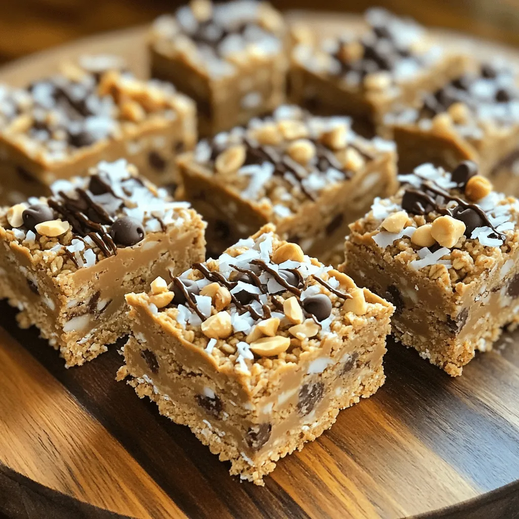 To make these no-bake peanut butter bars, gather these simple ingredients: - 1 cup creamy peanut butter - 1 cup rolled oats - 1/2 cup honey or maple syrup - 1/2 cup chocolate chips (semi-sweet or dark) - 1/4 cup shredded coconut (unsweetened) - 1/4 teaspoon salt - Optional toppings: chopped nuts, seeds, or a drizzle of melted chocolate These ingredients are easy to find and combine well for a tasty treat. I love using creamy peanut butter for smoothness, but you can switch to crunchy if you prefer a bit of texture. Rolled oats provide a hearty base, while honey or maple syrup adds just the right amount of sweetness. Chocolate chips give a rich flavor, and coconut adds a fun twist. Feel free to customize your bars! You can add chopped nuts or seeds for more crunch. A drizzle of melted chocolate on top makes them even more special. These bars are not only simple to prepare but also fun to adapt. Check out the Full Recipe for detailed steps! 1. Mixing the peanut butter and honey Start by adding the creamy peanut butter and honey to a large bowl. Use a spatula to mix them well. Keep mixing until the blend is smooth and creamy. 2. Combining dry ingredients with the wet mixture Next, add the rolled oats, shredded coconut, and salt to the bowl. Gently fold these dry ingredients into the peanut butter mix. Make sure everything is well combined. You don’t want any dry spots left behind. 3. Lining the baking dish and pressing the mixture Grab an 8x8 inch baking dish and line it with parchment paper. Leave some paper hanging over the edges. This will help you lift the bars out later. Once lined, pour the peanut butter mix into the dish. Use your hands or a spatula to press it down firmly. Make sure you create an even layer. 1. Refrigeration time and conditions Cover the dish with plastic wrap. Place it in the fridge for about 1 to 2 hours. This will let the bars set and become firm. Check after an hour to see if they feel solid. 2. How to slice the bars evenly Once the bars are set, use the parchment paper to lift them out. Place the slab on a cutting board. Use a sharp knife to slice it into squares or rectangles. Try to cut evenly for a nice look. For a detailed recipe, check out the Full Recipe. To make your no-bake peanut butter bars smooth, mix the peanut butter and honey well. Use a spatula and blend until creamy. This smooth base keeps the bars from being gritty. After mixing, fold in the oats and coconut gently. This helps keep the texture light and airy. When pressing the mixture into the baking dish, use your hands or a spatula. Press firmly and evenly to create a solid layer. If you don’t press hard enough, the bars may crumble later. Aim for a flat top for better slicing later. For a beautiful presentation, serve the bars chilled on a nice platter. You can add a sprinkle of shredded coconut on top. This adds a pop of color and makes them look more appealing. You can also place a few whole nuts around the bars for a rustic touch. Pair these bars with a glass of cold milk or a warm cup of coffee. They make a great snack or dessert. If you want to impress guests, try serving them with fresh fruit. Berries or banana slices add a nice balance to the rich peanut flavor. {{image_4}} You can mix flavors in many fun ways. First, try using different nut butters. Almond or cashew butter can add a unique taste. Each nut butter brings its own flair. You can also experiment with toppings. Crushed pretzels add crunch and a salty bite. Dried fruits like cranberries or apricots give a sweet twist. These small changes keep your bars fresh and exciting. If you follow a vegan diet, swap honey for maple syrup. This simple switch makes your bars plant-based. For a gluten-free option, use gluten-free oats. These changes keep the taste without losing texture. If you want to lower sugar, consider using a sugar substitute. Stevia or monk fruit can work well here. You can enjoy the same great flavor while being mindful of sugar intake. To keep your no-bake peanut butter bars fresh, use an airtight container. A glass or plastic container works well. Layer parchment paper between bars to prevent sticking. This keeps them intact and easy to grab. Store the bars in the fridge. The cool air helps maintain their texture and taste. These bars can last about one week in the fridge. After that, they may start to lose flavor and texture. Look for a change in smell or color as signs they have gone bad. If they feel too soft or sticky, it’s best to toss them. Always check before you take a bite! Can I use crunchy peanut butter instead of creamy? Yes, you can use crunchy peanut butter. It adds a fun texture. Just keep in mind, it may change the bar's consistency slightly. The flavors will still be great! How can I make these bars healthier? To make these bars healthier, you can: - Use natural peanut butter with no added sugar. - Replace honey or maple syrup with mashed bananas. - Add more oats for fiber. - Incorporate seeds like chia or flax for extra nutrients. What can I substitute for honey or maple syrup? You can use agave nectar or brown rice syrup. If you want a lower-calorie option, try stevia or monk fruit sweetener. Just adjust the amount based on sweetness. What to do if the mixture is too crumbly? If the mixture is too crumbly, add a bit more peanut butter or honey. Mix it well until it sticks together. You can also try adding a splash of water or milk. How to fix overly sticky bars? If your bars are too sticky, sprinkle in more oats or shredded coconut. Mix until it feels right. You can also chill the bars longer to help them firm up. We covered key ingredients like peanut butter, oats, and honey for your energy bars. I shared step-by-step instructions to help you mix and set them right. You learned useful tips to get the best texture and serving ideas. We also explored tasty variations and storage info to keep your bars fresh. Feel confident to customize your bars and enjoy a delicious snack. Cooking is fun, so get creative!