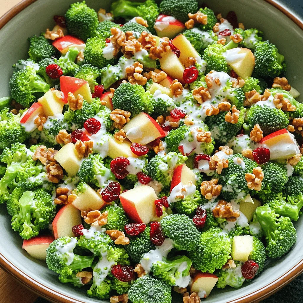 - 2 cups broccoli florets, blanched - 1 Honeycrisp apple, diced into bite-sized pieces - 1/4 cup red onion, finely chopped - 1/2 cup dried cranberries - 1/3 cup walnuts, toasted and chopped - 1/2 cup plain Greek yogurt - 2 tablespoons pure honey - 1 tablespoon apple cider vinegar - Salt and freshly ground black pepper Let’s break down the ingredients for this delightful salad. First, the main ingredients include fresh broccoli, which gives a nice crunch. Blanching the broccoli helps keep its bright color. Then, we add a Honeycrisp apple for a sweet bite. The red onion adds a little zing to the mix. Next, we have the additional ingredients. Dried cranberries bring a chewy sweetness, while toasted walnuts add a nutty flavor. The plain Greek yogurt gives a creamy texture and helps bind everything together. Finally, for the dressing components, we use pure honey for natural sweetness. Apple cider vinegar adds a tangy touch. Salt and freshly ground black pepper round out the flavors. This simple blend of fresh ingredients creates a salad that is both fresh and crunchy. For the full recipe, check out the Full Recipe link. Enjoy making this tasty dish! Start by blanching the broccoli florets. Boil a pot of water and add the florets. Let them cook for 1-2 minutes. They should turn bright green and feel a bit tender. Quickly remove the florets and place them into an ice bath. This ice bath is a bowl filled with cold water and ice cubes. It stops the cooking right away. After a few minutes, drain the broccoli well and set it aside to cool completely. In a large bowl, combine the cooled broccoli florets, diced Honeycrisp apple, chopped red onion, dried cranberries, and toasted walnuts. Gently toss everything together. You want to ensure each ingredient mixes well with the others. This step is key for a tasty salad. In a small bowl, whisk together the plain Greek yogurt, pure honey, apple cider vinegar, salt, and freshly ground black pepper. Keep whisking until the mixture is smooth and well combined. This dressing adds creaminess and a hint of sweetness. Once done, drizzle the yogurt dressing over the salad mixture. Then, use a spatula or large spoon to toss everything together. Make sure each bite is coated in the dressing. Taste the salad and adjust the seasoning with more salt and pepper if needed. For the best flavor, cover the bowl with plastic wrap or put the salad in an airtight container. Chill it in the fridge for at least 30 minutes. This time helps the flavors come together nicely. For the Full Recipe, refer back to the ingredients list. To get the best broccoli, blanch it just right. Start by boiling water in a pot. Once boiling, add the broccoli florets. Let them cook for 1-2 minutes. You want them bright green and slightly tender. Then, quickly move them to an ice bath. This step stops the cooking and keeps the color. After a few minutes, drain the broccoli and let it cool. Chopping Honeycrisp apples is easy. First, wash the apple well. Then, slice it into quarters. Remove the core and seeds. Next, cut each quarter into bite-sized pieces. This size makes them easy to eat and mix in the salad. For a stunning look, serve the salad in a bright bowl. A colorful bowl draws the eye and lifts spirits. You can also sprinkle extra chopped walnuts on top. This adds a nice crunch and visual appeal. A light drizzle of honey gives a glossy finish. Adding a sprig of fresh herbs, like mint or parsley, brightens the dish even more. Taste is key! After mixing the salad, taste it. Adjust the seasoning with salt and freshly ground black pepper. You want a balance that makes each bite pop. If you want a lighter dressing, use less yogurt and more vinegar. For a richer flavor, add a bit more honey. This allows you to customize the salad to your liking. For the Full Recipe, check the earlier sections. Enjoy making this fresh and crunchy dish! {{image_4}} If you want to change things up, you can swap out the dried cranberries. Try raisins, chopped dates, or even fresh berries. Each option brings a different flavor and texture. For nuts, feel free to use pecans, almonds, or sunflower seeds. These choices add crunch and taste. To make this salad gluten-free, ensure your nuts and any added ingredients are certified gluten-free. You can also use quinoa or rice for added texture. For a vegan dressing, replace Greek yogurt with a plant-based yogurt. You can mix in maple syrup instead of honey for sweetness. In summer, add fresh berries like strawberries or blueberries. They brighten the dish and add sweetness. In fall, consider adding roasted sweet potatoes or butternut squash. These ingredients bring warmth and heartiness to the salad. You can adjust this recipe for holiday gatherings or seasonal picnics by changing the flavors to match the occasion. To store your Honeycrisp Apple Broccoli Salad, use an airtight container. This keeps the salad fresh and crunchy. Make sure to cover it well. You can expect it to last three to four days in the refrigerator. The flavors mix nicely as it sits, so it might taste even better the next day. This salad is best enjoyed cold, so I do not recommend reheating it. If you want to revive it, just give it a good toss. Add a splash of fresh yogurt or a bit more honey for flavor. Avoid reheating when the salad has yogurt dressing. It could change the texture and taste. You can freeze this salad, but it is not ideal. Freezing can make the broccoli mushy and the apples mealy. If you really want to freeze it, leave out the dressing and apples. Store the broccoli and nuts separately. When you are ready to eat, mix everything fresh. You can use sour cream or dairy-free yogurt. Both will give a creamy texture. If you want a lighter option, try using cottage cheese. Blend it first for smoothness. Each substitute brings a slightly different taste to the salad. You can store this salad for up to three days. Keep it in an airtight container. The flavors will deepen over time, making it even more tasty. However, the apples may lose some crunch. Blanching the broccoli is not required, but it helps keep the color bright. It also softens the texture just a bit. If you prefer a raw crunch, feel free to skip this step. Yes, you can make this salad a day ahead. Just mix the salad and dressing separately. Combine them right before serving. This keeps the salad fresh and crunchy. Honeycrisp apples are high in fiber and vitamin C. They also add natural sweetness to the salad. The crunchiness of the apples pairs well with the broccoli. This makes the dish both healthy and delicious. You can find the Full Recipe for Honeycrisp Apple Broccoli Salad earlier in this article. The recipe gives you step-by-step instructions for making this tasty dish. This blog post covered how to make a tasty Honeycrisp Apple Broccoli Salad. We discussed the main and additional ingredients, tasty tips, and ways to store leftovers. You can make this salad your own by adding different fruits, nuts, or dressing options. Remember, you can enjoy it fresh or even save some for later. I hope this guide helps you create a healthy and delicious meal! Enjoy your cooking and the fresh flavors!