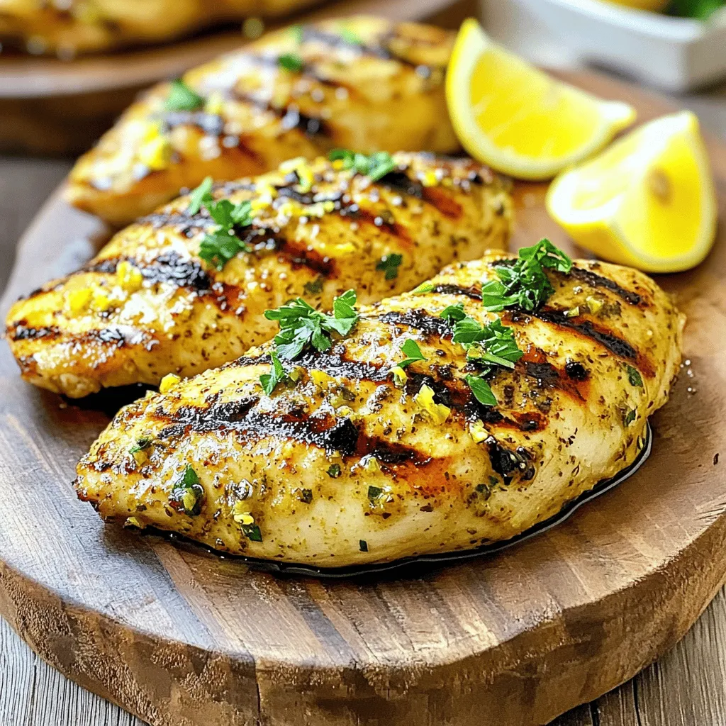 - 4 boneless, skinless chicken breasts - 4 cloves of garlic, freshly minced - 1/4 cup freshly squeezed lemon juice (about 2 lemons) - 1 tablespoon finely grated lemon zest - 1/4 cup extra virgin olive oil - 2 teaspoons liquid honey - 1 teaspoon dried oregano - 1 teaspoon sea salt - 1/2 teaspoon freshly ground black pepper - Fresh parsley, finely chopped (for garnish) The chicken breasts are the star of this dish. I choose boneless and skinless for easy cooking and a tender bite. They soak up the marinade well, making every bite flavorful. The marinade is where the magic happens. Garlic adds a strong, rich flavor that pairs perfectly with lemon. Fresh lemon juice gives the chicken a bright zing. Lemon zest boosts the citrus flavor and adds aroma. Extra virgin olive oil keeps the chicken moist while grilling. Honey adds a touch of sweetness, balancing the tanginess of the lemon. Dried oregano brings an earthy note that rounds out the flavor. Sea salt and black pepper enhance all the tastes, ensuring each bite is delicious. Lastly, fresh parsley adds color and freshness when you serve the chicken. All these ingredients come together to create a zesty, mouth-watering dish. You can find the Full Recipe for full cooking instructions and tips. To make the marinade, start by mixing the garlic, lemon juice, lemon zest, olive oil, honey, oregano, salt, and pepper in a bowl. Use a whisk for a smooth blend. This mix brings out bold flavors that make your chicken shine. Let it sit for a few minutes. This resting time allows the flavors to meld. Marinating the chicken is key for taste. Place the chicken in a bag or dish, and pour the marinade over it. Make sure each piece is coated well. Seal the bag or cover the dish and refrigerate it for at least one hour. For the best flavor, let it marinate for up to four hours. Before grilling, preheat your grill to medium-high heat. Aim for about 400°F (200°C). This high heat gives the chicken a nice char. Remove the chicken from the marinade and let the excess drip off. Discard the leftover marinade. Place the chicken on the grill. Cook it for about six to seven minutes on each side. The chicken is done when it reaches an internal temperature of 165°F (75°C). You want those lovely grill marks to show off. After grilling, let the chicken rest for about five minutes. This step keeps the juices inside, making the chicken tender and juicy. For serving, I like to place the grilled chicken on a nice platter. Add bright lemon wedges for color and a sprinkle of fresh parsley. This not only looks great but also adds a fresh taste. Pair your chicken with a salad or grilled veggies for a lovely meal. For the best flavor, marinate your chicken for at least one hour. If you have extra time, let it sit for four hours. This longer time helps the chicken soak in the zesty lemon garlic flavor. Use a large resealable plastic bag or a shallow dish to hold the chicken and marinade. The bag makes it easy to coat the chicken well. - Best practices for effective marination: - Use fresh ingredients for the marinade. - Make sure the chicken is fully covered. - Massage the bag gently to spread the marinade. To get perfect grill marks, preheat your grill to medium-high heat. Aim for about 400°F (200°C). Place the chicken on the grill and leave it alone for a few minutes. This helps form those lovely grill marks. - Avoiding common grilling mistakes: - Don’t flip the chicken too soon; let it sear. - Avoid overcrowding the grill; it can lower the temperature. - Use a meat thermometer to check for doneness. Aim for 165°F (75°C) to ensure it is safe to eat. Following these tips will help you create a flavorful delight with your Zesty Lemon Garlic Grilled Chicken. For more details, check out the Full Recipe. {{image_4}} You can switch chicken with other proteins. Try shrimp or tofu for a fun twist. Both cook quickly and soak up the zesty marinade well. For a meatier option, use pork chops or turkey breast. Each offers a unique taste while keeping the lemon garlic flavor. Flavor variations can enhance your dish. Add fresh herbs like basil or thyme for a different taste. You can also spice things up with a pinch of red pepper flakes. This will give your grilled chicken a nice kick. Or, use smoked paprika for a deeper, richer flavor. Feel free to experiment with your favorite herbs and spices. If you don't have a grill, you can bake or pan-sear your chicken. For baking, set your oven to 375°F (190°C) and cook for about 25-30 minutes. Check the chicken's internal temperature to ensure it's 165°F (75°C). For pan-searing, use a skillet on medium heat. Add a little oil and cook each side for about 6-8 minutes. This method gives you a nice crust and keeps the inside juicy. You can also use an indoor grill. These grills are great for making grilled chicken all year long. Preheat your indoor grill and follow the same cooking instructions as you would for an outdoor grill. Enjoy the same great flavor and grill marks without stepping outside. To keep your zesty lemon garlic grilled chicken fresh, store it right. First, let the chicken cool to room temperature. Then, place it in an airtight container. This helps keep moisture in and air out. Refrigerate the chicken within two hours of cooking. It stays fresh for about three to four days. For reheating, use an oven or stovetop. Set your oven to 350°F (175°C). Cover the chicken with foil to keep it juicy. Heat for about 15-20 minutes, or until warm. You can add a splash of lemon juice for extra flavor. Enjoy every bite just like the first time! Freezing grilled chicken is easy. Start by cooling it down. Wrap each piece tightly in plastic wrap. Then, place the wrapped chicken in a freezer bag. Remove as much air as possible to avoid freezer burn. Label the bag with the date. It can last up to three months in the freezer. When you're ready to eat, thaw the chicken in the fridge overnight. This slow thaw keeps it tender. If you're in a hurry, you can use the microwave. Set it to defrost mode, but be cautious. You don’t want to cook the edges. Once thawed, heat it as you like. For the full recipe, check out the complete guide on zesty lemon garlic grilled chicken. Marinate your chicken for at least 1 hour. For the best flavor, aim for 4 hours. Longer marination allows the lemon and garlic to soak in well. This gives the chicken a zesty and rich taste. Just avoid marinating for more than 24 hours. The acid in lemon juice can break down the meat too much. This chicken pairs well with many sides. You can serve it with a fresh salad or roasted vegetables. Grilled corn on the cob also makes a great side. For a hearty option, try serving it with quinoa or rice. Each of these sides enhances the bright flavors of the chicken. Yes, you can use chicken thighs. They have more fat, making them juicy. Cooking time will change a bit. Thighs usually take about 8-10 minutes per side on the grill. Always check that the internal temperature reaches 165°F (75°C) for safety. Grilling chicken from frozen is not safe. It takes too long to cook evenly. This can lead to bacteria growth. Always thaw chicken in the fridge before grilling. For best results, plan ahead and take it out the night before. This ensures your chicken cooks well and stays juicy. You learned how to make Zesty Lemon Garlic Grilled Chicken. We covered the key ingredients and their roles. I shared step-by-step instructions for marinating and grilling. You now know resting and serving tips, plus storage advice for leftovers. With my marinating techniques and grilling tips, you’ll avoid common mistakes. Explore variations with other proteins and cooking methods to keep meals exciting. Experiment and enjoy this dish; it’s simple and packed with flavor.