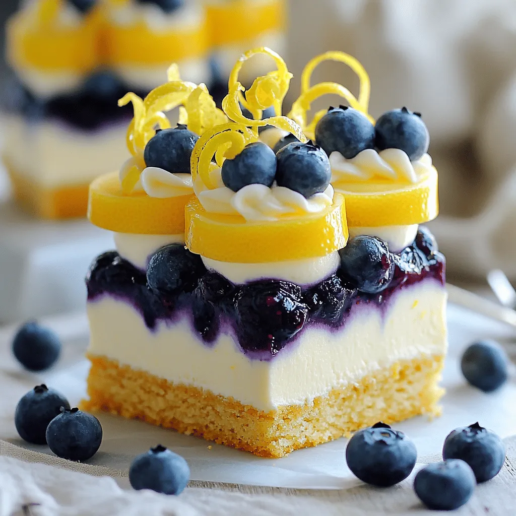 - 200g all-purpose flour - 100g unsalted butter, softened at room temperature - 50g powdered sugar - 1/2 teaspoon salt - 300ml heavy cream - 100g granulated sugar - Zest and juice of 2 large, fresh lemons - 3 large egg yolks - 2 teaspoons gelatin powder - 3 tablespoons cold water - 200g fresh blueberries - 50g granulated sugar - 1 tablespoon freshly squeezed lemon juice - 1 teaspoon cornstarch mixed with 2 tablespoons water - Extra fresh blueberries - Zest of a lemon for decoration The ingredients for the Lemon Blueberry Shortbread Mousse Cake come together to create a delightful treat. Each part plays a role in the overall flavor and texture. The shortbread base gives a buttery crunch. The lemon mousse adds a creamy and zesty layer. Fresh blueberries provide a burst of sweetness. This cake is truly a feast for the senses. You can find the full recipe for more detailed steps on how to make this cake. Enjoy the process of gathering these ingredients and get ready for a yummy experience! - Preheat your oven to 180°C (350°F). - Combine butter and powdered sugar, blend until light and fluffy. - Add flour and salt to create a smooth dough, then press into the springform pan. - Bake for 15-20 minutes until edges are lightly golden and cool completely. - Bloom gelatin in cold water for 5 minutes. - Dissolve sugar in lemon juice and zest, add bloomed gelatin, and whisk. - Whisk egg yolks until frothy and mix with lemon mixture. - Heat gently to thicken, let cool, and fold in whipped heavy cream. - Combine blueberries, sugar, and lemon juice in a saucepan, heating for 5-7 minutes. - Add cornstarch-water mixture and stir until thickened, then cool. - Pour lemon mousse over the cooled shortbread in the springform pan. - Refrigerate for 30 minutes to slightly set. - Add blueberry layer on top and refrigerate at least 4 hours until fully set. - Run a knife around the edge of the pan and release the sides. - Slice and garnish with extra blueberries and lemon zest. This method gives you a light, zesty cake with a buttery base. For the full recipe, check out the detailed steps above. To get the best texture for your cake, use room temperature ingredients. This helps them blend better. When making the mousse, avoid over-mixing. It keeps the mousse light and airy. Want to boost the flavor? Try adding a splash of vanilla extract to the mousse. It adds warmth and depth. You can also use lemon extract. It gives the cake an extra citrus kick that you will love. When whipping cream, ensure your bowl and beaters are cold. This helps create better whipped cream. Whip the cream just to soft peaks. This stops it from curdling and keeps your mousse smooth. For more details, check the Full Recipe for Lemon Blueberry Shortbread Mousse Cake. {{image_4}} You can switch up the flavor by using different fruits. Substitute blueberries with raspberries or strawberries for a fresh twist. Both options add a bright color and taste. Another fun idea is to combine mixed berries. This mix gives a burst of flavor and a lovely texture. If you need a gluten-free dessert, you can easily make one. Just use a gluten-free flour blend for the shortbread base. This swap keeps the cake delicious while meeting dietary needs. For a vegan version, replace eggs with aquafaba. This chickpea liquid works great as an egg substitute. Also, swap heavy cream for coconut cream. This change keeps the mousse rich and smooth without dairy. Store the cake in the fridge, covered with plastic wrap for freshness. This keeps it safe from drying out. It can be kept for up to 3 days in the refrigerator. However, the cake tastes best within the first two days. You can freeze individual slices for easy serving later. Wrap each slice tightly to prevent freezer burn. This way, you can enjoy a slice whenever you like. To serve, thaw the slices in the refrigerator overnight. This ensures they stay creamy and delicious. Yes, it's best to make it a day in advance to allow flavors to meld. This gives the mousse time to set and lets the tastes blend perfectly. I often prepare it the night before a gathering. Agar-agar can be a suitable substitute for gelatin. It works well to help the mousse set. Just follow the package instructions for the right amount to use. Ensure the gelatin is properly bloomed and mixed thoroughly into the lemon mixture. This step is key for a firm mousse. When you mix in the whipped cream, do it gently to keep it light. Yes, consider increasing the lemon juice or zest for a stronger citrus taste. I love to add an extra teaspoon of zest for that bright, fresh kick. You can also use lemon extract for a bolder flavor. For the Full Recipe, check out the detailed instructions above. This lemon blueberry mousse cake combines a buttery shortbread base, zesty lemon mousse, and fresh blueberries. You can easily adapt it for various diets. Ensure you use fresh ingredients for the best taste. Store leftover cake in the fridge or freeze slices for later. With a few simple steps, you create a delightful dessert full of flavor. Enjoy making this treat and sharing it with others! Your friends and family will surely love it.