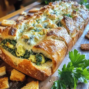 - 1 large round sourdough bread loaf - 1 cup fresh spinach, finely chopped - 1 cup canned artichoke hearts, drained and roughly chopped - 1 cup cream cheese, softened - 1/2 cup sour cream - 1 cup shredded mozzarella cheese - 1/2 cup grated Parmesan cheese - 2 cloves garlic, minced - 1 teaspoon onion powder - 1/2 teaspoon crushed red pepper flakes - Salt and black pepper to taste - 2 tablespoons extra virgin olive oil - Fresh parsley, roughly chopped (for garnish) You can swap out ingredients if needed. Use Greek yogurt instead of sour cream for a tangy twist. If you want a lighter option, try low-fat cream cheese. You can also use fresh artichokes if you prefer. For a cheesy kick, add cheddar or gouda instead of mozzarella. When selecting spinach, look for bright green leaves. Avoid any yellow or wilted ones. For artichokes, choose those that feel heavy and firm. They should have a fresh, earthy smell. When buying cheese, opt for blocks rather than pre-shredded for better flavor and texture. Lastly, smell the garlic; it should be firm and have a strong aroma. Start by preheating your oven to 350°F (175°C). This warms it up for baking. Next, take your large round sourdough bread loaf. Carefully cut off the top to make a lid. Use your hands or a spoon to hollow out the inside. Leave about an inch of bread on the sides. This thick shell holds the filling well. Take the removed bread and tear it into small pieces. Set these pieces aside for later. In a mixing bowl, combine the softened cream cheese, sour cream, and olive oil. Use a hand mixer or whisk to blend until smooth. Now, add the chopped spinach and artichoke hearts. Toss in the shredded mozzarella and grated Parmesan too. Don't forget the minced garlic, onion powder, and crushed red pepper flakes. Season with salt and pepper to taste. Stir everything until well mixed. This filling should be creamy and loaded with flavor. Now, stuff the hollowed-out sourdough bread with your filling. Press it down gently so it fills well. Scatter the torn bread pieces around the stuffed loaf on a baking sheet. Drizzle them with olive oil and sprinkle some salt on top. Cover the stuffed bread with aluminum foil to keep it moist. Bake it in the preheated oven for 25 minutes. After that, remove the foil. Bake for another 10 to 15 minutes until the cheese is bubbly and golden brown. Once done, let it cool for a few minutes. Before serving, sprinkle fresh parsley on top for color. For more details, check the Full Recipe. To get the best results, follow the baking times closely. Start by covering the bread with foil for the first 25 minutes. This helps keep the filling moist. After that, remove the foil and bake for an extra 10 to 15 minutes. This step lets the cheese bubble and the top turn golden brown. Check it often to avoid burning. Having the right tools makes cooking easier. Here are the key items you need: - A large baking sheet for the stuffed bread - A sharp knife for slicing the bread - A mixing bowl for combining the filling - A hand mixer or whisk for blending - Measuring cups and spoons for accuracy - Aluminum foil to cover the bread while baking Using these tools helps ensure your Spinach and Artichoke Stuffed Bread turns out perfectly. To make your dish shine, steer clear of these common errors: - Not hollowing out the bread enough. Leave a thick shell for support. - Overbaking the bread. Keep an eye on it after removing the foil. - Forgetting to season the filling. Salt and pepper enhance the flavors. - Skipping the cooling time. Let the bread cool a bit before serving. By avoiding these mistakes, you’ll create a delicious and beautiful dish every time. For the full recipe, check out the detailed instructions. {{image_4}} You can change the cheese in this recipe for different flavors. Cream cheese is a must for creaminess. Try using goat cheese for a tangy twist. Feta adds a nice saltiness. Cheddar provides a sharp kick. You can even mix cheeses for more depth. Use what you love! Want to make your stuffed bread heartier? Add cooked chicken or crispy bacon. Shred the chicken and mix it into the filling. Chop the bacon into bits and fold it in. You can also use turkey or sausage for variety. This adds great flavor and makes it filling. If you want a vegetarian version, you’re in luck! Just skip the meat and use plant-based cream cheese. Use vegan mozzarella to keep it cheesy. You can also add more veggies, like mushrooms or bell peppers. These swaps keep the dish delicious and satisfying for everyone. For the full recipe, check out the Spinach and Artichoke Stuffed Sourdough Bread. To keep your spinach and artichoke stuffed bread fresh, wrap it tightly in plastic wrap. You can also use aluminum foil for extra protection. Place it in an airtight container. This will help seal in the flavor and moisture. Store it in the fridge for up to three days. If you keep it longer, the bread may get stale. When you are ready to enjoy your leftovers, preheat your oven to 350°F (175°C). Unwrap the bread and place it on a baking sheet. Bake for about 10-15 minutes. This will warm it through and crisp the crust. You can also microwave individual slices for about 30 seconds. However, the crust may not be as crispy. If you want to save your stuffed bread for later, freezing is a great option. Wrap the bread in plastic wrap, then in foil, to protect it from freezer burn. Place it in a freezer bag or airtight container. It can last for up to three months in the freezer. When you're ready to eat it, thaw it in the fridge overnight. Then, reheat it in the oven for the best texture. For the full recipe, check the details above. Yes, you can prepare the filling a day ahead. Keep it in the fridge to stay fresh. You can also hollow the bread and store it. Just assemble and bake when ready to serve. This makes it easy for parties and gatherings. This dish pairs well with a fresh salad. A simple green salad adds crunch. You can also serve it with marinara sauce for dipping. Garlic butter is another tasty option. Pair it with a glass of white wine for a fancy touch. Your bread is ready when the cheese is bubbly and golden. The outer crust should look crisp and brown. If unsure, check with a toothpick; it should come out clean. Let it cool a bit before serving to avoid burns. In this blog post, we explored all you need to know for making delicious stuffed bread. We covered key ingredients and how to pick the best ones. I shared step-by-step instructions for prepping and baking. Tips on timing, tools, and avoiding mistakes will help you succeed. You can choose various cheese, protein options, or adapt recipes to fit your diet. Finally, proper storage methods keep your leftovers fresh. Enjoy your cooking adventure and create something tasty!