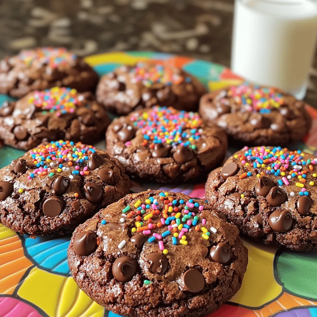 - 1 cup unsalted butter, softened to room temperature - 1 cup granulated sugar - 1 cup packed brown sugar - 2 large eggs - 1 teaspoon pure vanilla extract - 1 ¾ cups all-purpose flour - ⅔ cup unsweetened cocoa powder - 1 teaspoon baking powder - ½ teaspoon baking soda - ½ teaspoon salt - 1 cup semi-sweet chocolate chips - ½ cup rainbow sprinkles (plus extra for topping) Butter gives the cookies a rich and soft texture. Use unsalted butter for better control over saltiness. Granulated sugar adds sweetness and helps with spreading. Brown sugar makes the cookies chewy and moist. Eggs bind the ingredients together and add moisture. Flour is the base for the cookie structure. Cocoa powder gives that classic chocolate flavor. Baking powder and baking soda help the cookies rise and stay soft. Salt balances the sweetness and enhances the flavor. Chocolate chips and rainbow sprinkles add sweetness and fun colors. You can swap unsalted butter for coconut oil or margarine if needed. For sugar, use coconut sugar or a sugar substitute. If you want a vegan option, try flax eggs instead of regular eggs. All-purpose flour can be replaced with whole wheat flour for a healthier twist. Use any chocolate chips you like, or even chunks. If you want to skip sprinkles, add nuts or dried fruit instead. For the full recipe, check out Cosmic Brownie Cookies. First, gather all your ingredients. You will need: - 1 cup unsalted butter, softened to room temperature - 1 cup granulated sugar - 1 cup packed brown sugar - 2 large eggs - 1 teaspoon pure vanilla extract - 1 ¾ cups all-purpose flour - ⅔ cup unsweetened cocoa powder - 1 teaspoon baking powder - ½ teaspoon baking soda - ½ teaspoon salt - 1 cup semi-sweet chocolate chips - ½ cup rainbow sprinkles (plus extra for topping) Start by preheating your oven to 350°F (175°C). This step gets the oven ready for baking your cookies. Next, line a baking sheet with parchment paper. This will stop the cookies from sticking. In a large bowl, cream the softened butter, granulated sugar, and brown sugar together. Use a mixer on medium speed. Mix until smooth and fluffy for about 2-3 minutes. Now, add the eggs one at a time. Mix well after each egg until fully mixed. Then, add the vanilla extract and combine everything well. In another bowl, whisk together the flour, cocoa powder, baking powder, baking soda, and salt. This ensures the dry ingredients mix well. Gradually add this dry mix to the wet mix. Use a spatula to stir gently. Be careful not to overmix. This can make your cookies tough. Finally, fold in chocolate chips and rainbow sprinkles until they are evenly spread. Scoop tablespoon-sized balls of dough and place them on the baking sheet. Leave about 2 inches between each ball. This lets them spread while they bake. Add extra rainbow sprinkles on top for fun colors. Place the baking sheet in the oven and bake for 10-12 minutes. The edges should be set, but the center can look soft. This keeps them chewy. Once baked, let the cookies cool on the baking sheet for about 5 minutes. This helps them firm up a bit. After that, transfer them to a wire rack. Let them cool completely. This allows air to flow and gives the best texture. For a fun presentation, arrange the cookies on a colorful platter. Serve with a chilled glass of milk or a warm cup of hot chocolate for a delightful treat experience. For the complete recipe, check out the Full Recipe. To make chewy cookies, follow a few simple steps. First, use brown sugar. Brown sugar adds moisture, which helps keep cookies soft. Second, do not overmix your dough. Overmixing can lead to tough cookies. Mix just until combined. Third, underbake your cookies slightly. Take them out when the edges are set and the centers look soft. They will continue to cook as they cool. Avoid these common mistakes for perfect cookies. One mistake is using cold butter. Cold butter will not blend well with the sugars. Make sure it is softened. Another mistake is skipping the cooling time. Letting cookies cool on a wire rack helps them firm up. Lastly, do not skip the sprinkles. They add a fun touch and a bit of crunch to each bite. You can easily enhance the flavor and texture of your cookies. Add a pinch of sea salt to the dough. This brings out the sweetness of the chocolate. For more depth, try using different cocoa powders. Dark cocoa can give a richer taste. You can also mix in nuts for added crunch. Pecans or walnuts work well and add a nice texture. Check out the Full Recipe for more ways to customize your Cosmic Brownie Cookies! {{image_4}} You can make Cosmic Brownie cookie sandwiches for a fun twist. Take two cookies and spread frosting or whipped cream in between. You’ll create a dreamy dessert that kids and adults will love. Use chocolate frosting for a rich taste, or try vanilla for a lighter option. These sandwiches look great and taste even better. If you need a gluten-free choice, you can easily adapt this recipe. Replace all-purpose flour with a gluten-free flour blend. Make sure the blend has xanthan gum to help the cookies hold together. The texture may change a bit, but the taste will still be delicious. You won’t miss out on the fun! Mixing in different treats can make these cookies even more exciting! You can add nuts, like chopped walnuts or pecans, for a crunchy bite. Try different types of chocolate chips, like white chocolate or dark chocolate, for a unique flavor. You can also fold in crushed candy bars for a sweet surprise. Be creative! You can discover your favorite mix-ins. To keep your Cosmic Brownie Cookies fresh, store them in an airtight container. This helps to keep them soft and chewy. You can layer the cookies with parchment paper to prevent them from sticking together. If you want to enjoy these cookies later, freezing is a great option. Place the cooled cookies in a single layer on a baking sheet. Freeze them for about two hours. Once frozen, transfer them to a freezer bag. This way, they won’t stick together. These cookies stay fresh for about a week at room temperature. If you freeze them, they can last up to three months. Just remember to thaw them at room temperature for a few hours before enjoying. For more detailed storage tips, check the Full Recipe. Cosmic Brownies are a fun dessert made with rich chocolate. They have a soft, chewy texture and are topped with colorful sprinkles. These cookies mix the classic brownie flavors with a cookie crunch. They are perfect for parties or a sweet treat at home. You can enjoy them fresh from the oven or let them cool for later. Yes, you can use different types of chocolate chips. Milk chocolate, dark chocolate, or even white chocolate work well. Each choice gives a unique taste. You can also mix different kinds of chips for extra flavor. For a fun twist, try using peanut butter chips or caramel bits. To add more color, use vibrant sprinkles on top. You can also mix in colored candy pieces like M&Ms. Another option is to add colored frosting after baking. This way, you can create a fun design on each cookie. Get creative, and let your imagination run wild! Brownies are typically dense and fudgy, while brownie cookies are lighter and crispier. Brownies are baked in a pan, then cut into squares. Brownie cookies are portioned into balls and baked as individual cookies. This gives them a fun shape and texture. Both treats bring chocolate joy, but they offer different eating experiences. This blog post covered how to make delicious cookies with key ingredients and smart tips. We explored ingredient swaps and step-by-step baking instructions. I shared ways to make your cookies chewy and avoid mistakes. Plus, there are tasty variations and storage tips to keep them fresh. You now have all the tools to create perfect Cosmic Brownie Cookies. Enjoy experimenting with your favorite flavors and sharing them with friends!