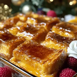 To make Overnight Crème Brûlée French Toast, you will need: - 1 loaf of brioche or challah bread, sliced into thick pieces - 4 large eggs - 2 cups whole milk - 1/2 cup heavy cream - 1/2 cup granulated sugar - 2 teaspoons pure vanilla extract - 1 teaspoon ground cinnamon - A pinch of kosher salt - 1/2 cup brown sugar (for caramelizing the topping) - Fresh berries, for garnish (such as strawberries, blueberries, or raspberries) - Whipped cream, for serving (optional) Choosing the right ingredients makes a big difference in taste. Here are my tips: - Bread: Use fresh brioche or challah. Their rich texture absorbs the custard well. - Eggs: Use large, fresh eggs. They create a better custard and add flavor. - Milk and Cream: Choose whole milk and heavy cream for a rich, creamy texture. - Vanilla: Always opt for pure vanilla extract. It has a deeper flavor than imitation. - Sugar: Use granulated sugar for the custard and brown sugar for the topping. Brown sugar adds a nice caramel flavor. You can still enjoy this recipe with a few swaps. Here are some ideas: - Bread: If you can't find brioche or challah, use French or Texas toast bread. - Milk: You can use almond milk or oat milk for a dairy-free option. - Cream: Replace heavy cream with coconut cream for a lighter texture. - Eggs: For a vegan option, use a flax egg or silken tofu blended until smooth. - Sugar: You can use coconut sugar instead of granulated or brown sugar. These substitutions let you customize the dish while keeping it delicious! For the full recipe, check the details above. To start, you need to prepare the bread. Lightly grease a 9x13-inch baking dish. Use butter or cooking spray for this. Then, slice the brioche or challah bread into thick pieces. Arrange these slices in the dish, overlapping them slightly. Next, make the egg mixture. In a spacious mixing bowl, crack four eggs. Add two cups of whole milk, half a cup of heavy cream, and half a cup of granulated sugar. Also, include two teaspoons of pure vanilla extract, one teaspoon of ground cinnamon, and a pinch of kosher salt. Whisk it all together until smooth. Now, soak the bread. Pour the egg mixture over the sliced bread. Make sure you coat every piece well. Use a spatula to press down gently on the bread. This helps it absorb the custard. Cover the baking dish with plastic wrap. Place it in the fridge for at least four hours, but overnight is best. This soaking time makes the bread soft and flavorful. When you are ready to bake, preheat your oven to 350°F (175°C). Take the dish out of the fridge and let it sit for about 15 minutes. This helps warm it up a bit. Now, it's time to bake. Place the dish in the oven and bake for 30 to 35 minutes. The top should be golden brown, and the custard should set in the center. For the best results, soak the bread long enough. Letting it sit overnight allows all the flavors to blend. If you are short on time, four hours is still fine, but longer is better. Pressing down on the bread helps it soak up more custard. Make sure each piece is covered well to avoid dry spots. After baking, you will caramelize the topping. First, sprinkle a generous layer of brown sugar over the top. To caramelize, use a kitchen torch for best results. Hold the torch a few inches above the sugar. Move it around until it bubbles and turns amber. If you don’t have a torch, you can use the broiler. Place it under the broiler for 3 to 5 minutes, but watch closely to prevent burning. This adds a sweet, crispy layer that makes the dish special. For the full details, check the Full Recipe. To make the best Overnight Crème Brûlée French Toast, start by soaking the bread well. Lay the thick slices of brioche or challah in a baking dish. Whisk the egg, milk, cream, and sugar together. Pour this mix over the bread, making sure every piece gets soaked. Press down gently with a spatula. Cover the dish tightly and let it chill in the fridge overnight. This soaking time makes the bread soft and custardy. Serve this French toast warm for the best taste. Add fresh berries like strawberries, blueberries, or raspberries on top. A drizzle of maple syrup can enhance the flavor. Pair it with whipped cream for a rich touch. You can also serve it with a side of crispy bacon or sausages for a savory contrast. This dish shines at brunch or a special breakfast. If you have leftovers, reheat them in the oven for the best results. Preheat your oven to 350°F (175°C). Place the slices on a baking sheet. Cover them with foil to keep them moist. Heat for about 10-15 minutes until warm. If you want a crispy top, remove the foil for the last few minutes. Avoid using the microwave, as it can make the toast soggy. Enjoy your delicious breakfast again! {{image_4}} You can get creative with flavors in your Overnight Crème Brûlée French Toast. Here are some ideas: - Chocolate: Add chocolate chips or cocoa powder to the egg mixture. This creates a rich, sweet taste. - Nuts: Stir in chopped nuts like pecans or walnuts for a crunchy texture. They add a nice bite. - Fruits: Include fruits like bananas or apples for a fruity twist. They bring natural sweetness and moisture. - Spices: Experiment with spices like nutmeg or cardamom for a unique flavor profile. Just a little will go a long way. While brioche and challah are classic choices, you can use other breads too: - French bread: This bread adds a chewy texture that holds up well. - Sourdough: It brings a tangy flavor that contrasts nicely with the sweet custard. - Whole wheat bread: For a healthier option, whole wheat adds fiber and a nutty taste. - Gluten-free bread: If you're gluten-free, use your favorite gluten-free bread. It works well in this recipe. You can adapt this recipe to fit different diets: - Gluten-free: Use gluten-free bread. Make sure all other ingredients are gluten-free too. - Dairy-free: Substitute whole milk and heavy cream with almond milk or coconut milk. Use a dairy-free cream for a rich taste. - Egg-free: You can use a flaxseed mixture as a substitute. Mix 1 tablespoon of ground flaxseed with 3 tablespoons of water for each egg. - Lower sugar: Replace granulated sugar with a sugar substitute or reduce the amount. The flavor will still shine through. Feel free to mix and match these ideas to make your Overnight Crème Brûlée French Toast unique! For the complete recipe, check out the Full Recipe. To store leftover French toast, let it cool first. Then, place it in an airtight container. Keep it in the fridge for up to three days. This way, it stays fresh and tasty. You can freeze French toast for later use. Wrap each slice in plastic wrap. Then, place the wrapped slices in a freezer bag. They can last for up to three months in the freezer. When you’re ready to eat, simply thaw them in the fridge overnight. To reheat, use the oven for the best taste. Preheat your oven to 350°F (175°C). Place the French toast on a baking sheet. Heat for about 10 to 15 minutes, or until warmed through. You can also use a microwave, but it may lose some crispiness. Enjoy your delicious Overnight Crème Brûlée French Toast just like fresh! Yes, you can. Use a mixture of silken tofu or flaxseed meal with water. This will create a custardy texture. Blend one tablespoon of flaxseed meal with three tablespoons of water per egg. Let it sit for five minutes to thicken. This egg substitute works well in custard recipes. You can keep it in the fridge for up to 24 hours before baking. This helps the bread soak up all the flavors. I recommend letting it sit overnight. The longer it sits, the richer the taste. Just make sure to cover it tightly with plastic wrap. If you can’t find brioche or challah, use French bread or sourdough. Both options work well. They soak up the custard nicely. You can also try gluten-free bread for a friendly option. Just ensure it’s thick enough to hold the mixture. In this article, I covered how to make Overnight Crème Brûlée French Toast. We discussed the key ingredients needed, tips for picking the best ones, and helpful substitutes. I gave clear steps on cooking and how to soak properly. Tricks for preparing ahead and serving were included too. Finally, remember that adding flavors or using different breads can enhance your dish. Store leftovers wisely to maintain flavor, and don't hesitate to play with dietary choices. Enjoy your cooking adventure!