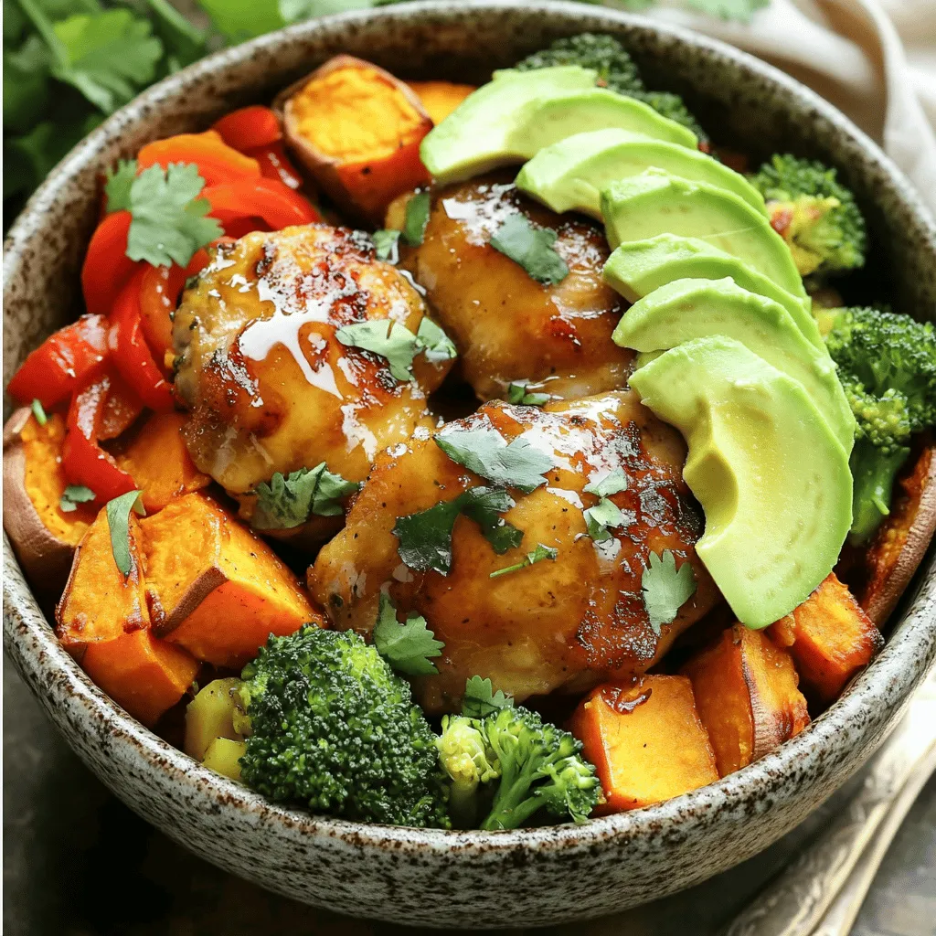 - Sweet potatoes and seasonings - 2 medium sweet potatoes, peeled and cut into 1-inch cubes - 2 tablespoons extra virgin olive oil - Sea salt and freshly ground black pepper, to taste - 1 teaspoon smoked paprika - Chicken and marinade components - 1 pound boneless, skinless chicken thighs - 1 tablespoon low-sodium soy sauce - 1 tablespoon honey - 1 teaspoon freshly grated ginger - 1 tablespoon fresh lime juice - Vegetables and garnishes - 1 red bell pepper, thinly sliced - 1 cup broccoli florets (fresh or frozen) - 1 ripe avocado, sliced - Fresh cilantro leaves, for garnish - Lime wedges, for serving When you gather these ingredients, you set the stage for a fun and tasty meal. I love using sweet potatoes for their natural sweetness and nutrition. The smoked paprika adds a nice depth of flavor. For the chicken, I choose thighs because they stay juicy and cook well in the skillet. Don’t forget the lime juice; it brightens the dish! The fresh veggies and garnishes add color and crunch. This recipe is all about balance and flavor. You will enjoy every bite! For the full recipe, check out the Tropical Chicken & Sweet Potato Bowls. 1. Preheat your oven to 425°F (220°C). 2. Peel and cut two medium sweet potatoes into 1-inch cubes. 3. On a large baking sheet, add the sweet potatoes. 4. Drizzle with 2 tablespoons of extra virgin olive oil. 5. Season with sea salt, black pepper, and 1 teaspoon of smoked paprika. 6. Toss the sweet potatoes to coat them well. Next, prepare the chicken marinade: 1. In a medium bowl, whisk together 1 tablespoon of low-sodium soy sauce, 1 tablespoon of honey, 1 teaspoon of freshly grated ginger, and 1 tablespoon of fresh lime juice. 2. Add 1 pound of boneless, skinless chicken thighs to the bowl. 3. Mix well to coat the chicken. Let it sit for at least 10 minutes. Now, cook the chicken: 1. Heat a splash of olive oil in a large skillet over medium heat. 2. Add the marinated chicken thighs to the skillet. 3. Cook for about 6-7 minutes on each side. 4. Ensure the chicken is fully cooked. The internal temperature should reach 165°F (75°C). 5. Once cooked, remove the chicken from the skillet and let it rest for 5 minutes. Roast the sweet potatoes: 1. Place the baking sheet in the preheated oven. 2. Roast for 20 minutes. Stir them halfway through for even browning. 3. The sweet potatoes are done when they are tender and slightly caramelized. Now, sauté the vegetables: 1. In the same skillet, add freshly sliced red bell pepper and 1 cup of broccoli florets. 2. Sauté for about 5 minutes, stirring often. 3. Cook until the veggies are vibrant and just tender. Assemble the bowl: 1. Place a generous amount of roasted sweet potatoes at the bottom of each bowl. 2. Top with sliced chicken and the sautéed vegetables. 3. Garnish with fresh avocado slices and cilantro. 4. Serve with lime wedges for an extra zesty touch. For the full recipe, follow the detailed steps above to create a delicious Chicken and Sweet Potato Bowl. To ensure perfect roast for sweet potatoes, follow these steps: - Cut sweet potatoes into uniform 1-inch cubes. This helps them cook evenly. - Spread the cubes in a single layer on the baking sheet. Avoid crowding them. - Roasting at 425°F (220°C) gives them a nice caramelized edge. Stir halfway through cooking for even browning. For tender, juicy chicken, keep these points in mind: - Marinate the chicken for at least 10 minutes. This helps infuse flavor. - Cook chicken over medium heat. This allows it to cook through without burning. - Use a meat thermometer. The internal temperature should reach 165°F (75°C). Bowl assembly is key for visual appeal: - Start with a base of roasted sweet potatoes. This adds color and warmth. - Layer sliced chicken on top for a nice contrast. - Add sautéed red bell pepper and broccoli for texture and color. For garnishing options, consider these ideas: - Fresh avocado slices add creaminess and flavor. - A sprinkle of cilantro brightens the dish. - Serve with lime wedges for an extra zesty kick. Check out the Full Recipe for more details! {{image_4}} Gluten-free alternatives You can easily make this dish gluten-free. Use tamari instead of soy sauce. Tamari is a gluten-free soy sauce that keeps the flavor without the gluten. Vegan version ideas To make this bowl vegan, swap chicken for chickpeas or tofu. Roast your sweet potatoes and add veggies like zucchini or cauliflower. Use maple syrup in place of honey for sweetness. Vegetable substitutions Feel free to change the veggies based on what you like. You can use green beans, carrots, or spinach. Each brings a new taste and texture to the dish. Different protein options You can switch chicken thighs for salmon, shrimp, or even tempeh. Each protein has unique flavors. Salmon adds richness, while shrimp cooks quickly and tastes great. To keep your Chicken and Sweet Potato Bowls fresh, store them properly. First, let the bowls cool down to room temperature. Then, place them in airtight containers. This helps keep moisture in and prevents odors from mixing. - Refrigeration: Store the bowls in the fridge for easy meals. Make sure to eat them within three to four days. - Freezing: For longer storage, freeze the components separately. Sweet potatoes and chicken freeze well. Use freezer-safe bags or containers for best results. When you want to enjoy them again, reheat without losing texture. Use the oven or stovetop for best results. Heat at 350°F (175°C) until warmed through. This keeps the chicken juicy and the sweet potatoes tender. How long do these bowls last? In the fridge, they generally last for three to four days. After that, they may spoil. Always check for signs of spoilage. - Signs of spoilage: Look for off smells, discoloration, or mold. If you see any of these, it's best to throw the food away. Keeping track of how long your food sits in the fridge helps avoid waste. Storing your Chicken and Sweet Potato Bowls correctly ensures you enjoy every bite! For the full recipe, check out the Tropical Chicken & Sweet Potato Bowls. Can I use other types of potatoes? Yes, you can use other potatoes if you want. Yukon gold or red potatoes work well. They add a nice texture, but the flavor will change a bit. Try different types to find your favorite. What sides pair well with Chicken and Sweet Potato Bowls? These bowls are quite filling, but some sides can enhance the meal. You might try a fresh salad, steamed green beans, or even a fruit salad. These add color and freshness to your meal. Caloric content and macros Each serving of these bowls has about 450 calories. You get around 30 grams of protein and 45 grams of carbs. This meal is balanced with healthy fats, too. The avocado adds good fats, which are great for your heart. Health benefits of main ingredients Sweet potatoes are full of vitamins A and C. They help with your immune system and skin health. Chicken is a lean protein source, good for muscle growth. Broccoli adds fiber and vitamins, which help digestion and overall health. Can this be made in an Instant Pot? Yes, you can make this dish in an Instant Pot. Simply add the chicken and marinade to the pot. Cook on high pressure for about 10 minutes. Let it release naturally for a few minutes, then shred the chicken. You can roast the sweet potatoes separately or cook them in the pot too. Slow cooker instructions for chicken thighs To use a slow cooker, add the marinated chicken to the pot. Cook on low for 6-8 hours or high for 3-4 hours. The chicken will be tender and fall apart easily. Make sure to roast the sweet potatoes separately for the best texture. For the full recipe, don’t forget to check out Tropical Chicken & Sweet Potato Bowls. This blog post provided a complete guide to making Chicken and Sweet Potato Bowls. We covered ingredients, preparation steps, and tips for cooking and presenting your dish. You learned variations for different diets and how to store leftovers safely. Remember, cooking should be fun! Keep experimenting with flavors and ingredients. Enjoy the process, and you’ll create meals that everyone will love.
