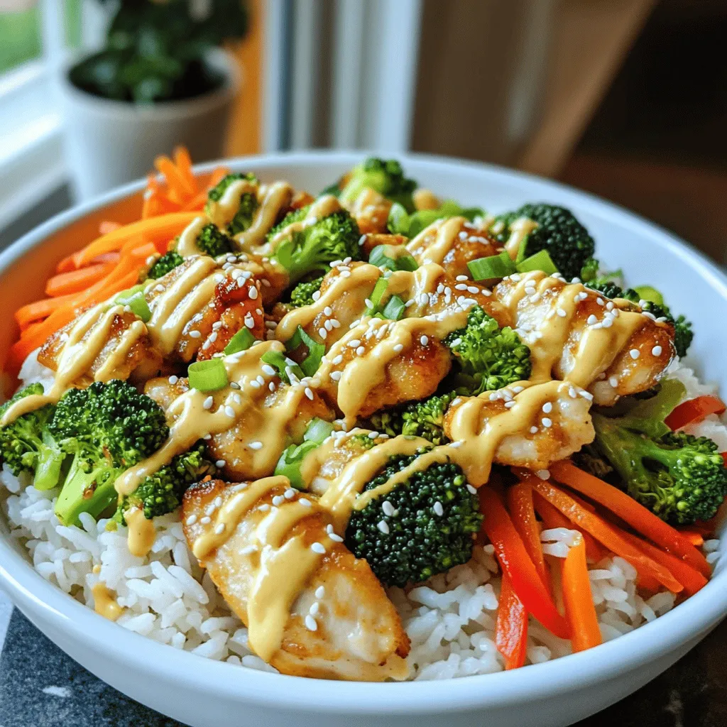 To make a tasty Bang Bang Chicken Bowl, gather these ingredients: - 2 boneless, skinless chicken breasts - 1 cup cooked jasmine rice - 1 cup broccoli florets - 1 carrot, julienned - 1 red bell pepper, sliced - 2 green onions, chopped - 1 tablespoon cornstarch - 2 tablespoons vegetable oil - 1/4 cup mayonnaise - 2 tablespoons sweet chili sauce - 1 tablespoon sriracha (adjust for desired spice level) - Salt and pepper to taste - Sesame seeds for garnish Using fresh ingredients can make a big difference in taste. Fresh chicken and crisp vegetables enhance the flavors. They add color and texture, giving your dish a vibrant look. Store-bought options can save time but might lack freshness. When you can, choose fresh for the best results. If you have allergies, don’t worry! You can make swaps. For gluten-free, use tamari instead of soy sauce. Instead of mayonnaise, try Greek yogurt for a lighter option. If you are allergic to sesame, skip the seeds. These changes keep the dish safe while still being tasty. Always check labels to ensure safety! Start by cutting the chicken breasts into bite-sized pieces. This step is key for even cooking. Next, season the chicken with salt and pepper in a bowl. Sprinkle cornstarch over the chicken pieces. Toss them well to coat each piece evenly. This will give you a nice crispy texture when cooking. Now, let's prepare the vegetables. Wash and cut the broccoli into florets. Peel and julienne the carrot. Slice the red bell pepper. These colorful veggies add crunch and flavor to your bowl. Heat 2 tablespoons of vegetable oil in a large skillet over medium heat. Once the oil is hot, add the chicken in a single layer. Avoid crowding the pan, as this will help the chicken brown nicely. Cook for about 6-8 minutes. Turn the pieces occasionally until they are golden brown and cooked through. They should feel firm to the touch when done. Remove the chicken from the skillet and set it aside on a plate. In a small bowl, mix together 1/4 cup of mayonnaise, 2 tablespoons of sweet chili sauce, and 1 tablespoon of sriracha. Stir well until the sauce is smooth. This sauce is where the magic happens! Taste it and adjust the sriracha if you want more heat. Remember, you can always add more spice, but you can't take it away! Now, you are ready to assemble your Bang Bang Chicken Bowl. Follow the full recipe for a delightful meal. To get the best flavor in your Bang Bang Chicken Bowl, start with the chicken. Cut your chicken breasts into even pieces. This ensures they cook evenly. Season them well with salt and pepper. The cornstarch adds a nice crunch when cooked. When you heat the oil, make sure it’s hot before adding the chicken. This helps to seal in the juices. Cook the chicken until it is golden and crispy. This makes it both tasty and appealing. For a great look, layer your bowl nicely. Start with jasmine rice at the bottom. Add the colorful veggies next. This includes broccoli, carrots, and red bell peppers. They bring vibrant colors to your bowl. Then, place the crispy chicken on top. Drizzle the Bang Bang sauce over everything. Finally, sprinkle with green onions and sesame seeds. If you want, add a lime wedge on the side. This adds freshness and a pop of color. To save time, prep your ingredients ahead. Chop your veggies the night before. Store them in the fridge to keep them fresh. You can also marinate the chicken in advance. This allows deeper flavor. Use leftover rice if you have it. It cuts down on cooking time. Lastly, make the Bang Bang sauce while the chicken cooks. This way, everything comes together quickly. Enjoy your meal without the wait! {{image_4}} To make this dish gluten-free, swap the soy sauce with tamari. This small change keeps the flavor while meeting gluten-free needs. If you want a vegan option, replace the chicken with tofu or tempeh. Use the same steps for cooking. For the sauce, choose a vegan mayonnaise to keep it plant-based. You can still enjoy that creamy, spicy flavor! If you want to change the base, try quinoa or cauliflower rice. Quinoa adds protein and a nutty taste. Just cook it according to the package instructions. Cauliflower rice is a great low-carb choice. Simply pulse fresh cauliflower in a food processor until it resembles rice. Sauté it for a few minutes before adding toppings. Want to make your Bang Bang Chicken Bowl even better? Add toppings like avocado or sliced cucumbers for creaminess and crunch. Chopped cilantro or fresh basil can give a fresh taste. You can even sprinkle crushed peanuts on top for extra texture. These small changes make your bowl fun and full of flavor. Check the Full Recipe for more delicious details! To store leftovers, let the dish cool first. Place the Bang Bang Chicken Bowl in an airtight container. Make sure to separate the rice, chicken, and veggies if possible. This keeps them fresh longer. Store it in the fridge for up to three days. When you're ready to enjoy leftovers, reheat them gently. Use a microwave-safe dish and cover it to keep moisture in. Heat for 1-2 minutes, stirring halfway. If you want a crispy texture, use a skillet. Heat on medium for about 5-7 minutes. This method revives the crunch in the chicken and veggies. You can freeze the Bang Bang Chicken Bowl for up to three months. Use freezer-safe containers to prevent freezer burn. When ready to eat, move it to the fridge for a day to thaw. Reheat as mentioned above, adding a splash of water if it seems dry. Enjoy your meal just as fresh as before! You can find the full recipe here. You can serve a variety of sides with your Bang Bang Chicken Bowl. Some great options are: - Steamed edamame - Crispy wontons - Fresh cucumber slices - A simple green salad - Mango slices for sweetness These sides add color and flavor to your meal. To heat things up, you can add more sriracha to your Bang Bang sauce. Here are a few more ideas: - Use a hotter chili sauce instead of sweet chili sauce. - Add chopped fresh chili peppers to the chicken while cooking. - Sprinkle red pepper flakes over the finished bowl. Adjust the spice to your taste for a delightful kick. Yes, you can prepare parts of the Bang Bang Chicken Bowl ahead of time. Here’s how: - Cook the chicken and veggies in advance and store them in the fridge. - Make the Bang Bang sauce and keep it in a sealed container. - Cook the rice and store it separately. When ready to eat, just reheat everything and assemble your bowl. This makes meal prep easy and fun! For the full recipe, check the link provided. In this post, we explored how to make a Bang Bang Chicken Bowl. We covered the ingredients, cooking steps, and tips for the best flavors. You learned about fresh versus store-bought items, and how to adjust for allergies. Remember to store leftovers well and reheat them for great taste. Try different variations to suit your diet. This dish is versatile and fun. Enjoy your cooking journey!