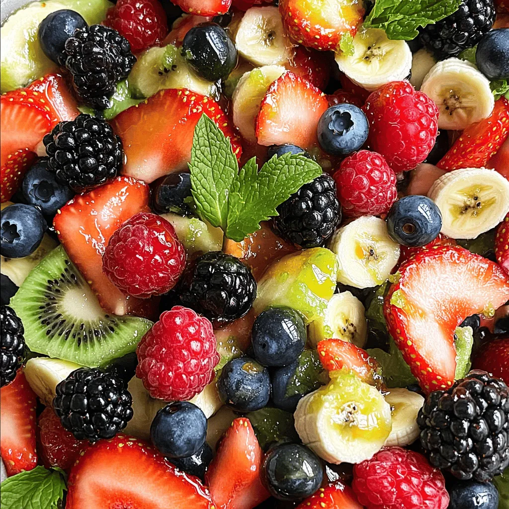 For this berry fruit salad, we need a mix of fresh berries. Here’s what I like to use: - 1 cup fresh strawberries, hulled and quartered - 1 cup plump blueberries - 1 cup juicy blackberries - 1 cup vibrant raspberries These berries bring color and flavor. Each berry adds its own taste and texture. Strawberries are sweet and juicy, while blueberries burst with flavor. Blackberries add a hint of tartness, and raspberries give a lovely balance. The dressing is simple yet tasty. You will need: - 2 tablespoons natural honey - 1 tablespoon freshly squeezed lime juice - Zest of 1 lime (about 1 teaspoon) This honey lime dressing ties the fruit together. The honey adds sweetness, while the lime juice and zest give a fresh zing. It’s all about harmony in flavors. To make the salad pop, consider these garnishes: - Fresh mint leaves Adding mint leaves gives a beautiful look and a refreshing aroma. They enhance the salad's appeal and make it more inviting. For the full recipe, you can check the details above. Start by gathering all your fresh berries. You will need strawberries, blueberries, blackberries, raspberries, a banana, and kiwi. 1. Wash the Berries: Rinse the strawberries, blueberries, blackberries, and raspberries under cold water. Gently pat them dry with a clean towel. 2. Cut the Strawberries: Remove the green tops from the strawberries. Cut them into quarters for bite-sized pieces. 3. Slice the Banana: Peel the banana and slice it into rounds. Aim for about half an inch thick. 4. Dice the Kiwi: Peel the kiwi and chop it into small, bite-sized pieces. In a large bowl, combine all your prepared fruit. Make sure the colors mix well for a bright salad. The dressing adds a sweet and tangy flavor. It’s easy to make. 1. Gather the Ingredients: You will need honey, lime juice, and lime zest. 2. Mix the Dressing: In a small bowl, combine 2 tablespoons of honey, 1 tablespoon of lime juice, and the zest of one lime. 3. Whisk Together: Stir the mixture with a whisk or fork until it is smooth and well-blended. This dressing will enhance the natural flavors of the fruit. Now it’s time to bring everything together. 1. Drizzle the Dressing: Pour the honey-lime dressing over your mixed fruit. 2. Toss Gently: Use a large spoon to gently toss the fruit. Be careful not to crush the berries. You want them to stay whole and pretty. 3. Chill the Salad: Cover the bowl with plastic wrap and place it in the fridge for about 15 minutes. This helps the flavors blend. Before serving, give the salad one last gentle toss. Transfer it to a beautiful serving bowl and garnish with fresh mint leaves. Now you have a lovely berry fruit salad ready to enjoy! For the complete recipe, check the [Full Recipe]. When you pick berries, look for bright colors and firmness. Fresh strawberries should have a shiny red hue. Blueberries should be plump and round. Blackberries need to be deep purple and juicy. Raspberries should feel soft but not mushy. For the best banana, choose one with a few brown spots. This means it is sweet and ripe. Choose kiwi that feels firm with no soft spots. To keep your bananas fresh, store them away from other fruits. Put them in a cool, dry place. If you cut a banana for your salad, sprinkle some lime juice on it. The acid in the juice slows down browning. If you want to save a whole banana, you can wrap it in plastic. This helps keep air away and slows browning. Chill your berry fruit salad for at least 15 minutes before serving. This short time in the fridge lets the flavors mix and taste better. The cool temperature makes the fruit refreshing. If you have more time, chill it for up to an hour. Just remember to toss it gently before serving. This keeps the dressing well-distributed and the fruit looking fresh. If you want to make it ahead, store it in the fridge for up to a day. {{image_4}} You can make this berry fruit salad even more fun by adding other fruits. Try using mango, pineapple, or grapes. These fruits add sweet and tropical flavors. You can also add orange segments for a juicy burst. Just make sure to cut the fruits into small pieces. This way, they mix well with the berries. If you want to change the taste of the salad, try different dressings. For a creamy touch, mix yogurt with honey and lime juice. This adds a rich flavor. You can also use balsamic vinegar for a tangy twist. It pairs well with berries. Experiment with flavors to find your favorite! Choosing seasonal berries can enhance your salad. In summer, look for fresh strawberries and blueberries. In fall, try blackberries and raspberries. These berries taste great when they are in season. They are often sweeter and juicier, making your salad even more delicious. You can find local farms that sell fresh berries, which is a fun way to support your community. To keep your berry fruit salad fresh, you must store it correctly. First, transfer any leftovers to a clean bowl. If you have tossed the salad with the dressing, it's best to store it in the fridge. Use a lid or plastic wrap to cover the bowl tightly. This will help keep the salad fresh and tasty. I recommend using clear, airtight containers for storage. Glass containers work well because they do not absorb smells or stains. If you prefer plastic, choose BPA-free options. Make sure the lid fits snugly to keep air out. This will help maintain the salad's flavor and texture. The berry fruit salad is best when eaten fresh. If stored correctly, it will stay good for about 2 to 3 days in the fridge. After that, the fruit may start to lose its texture and flavor. If you notice any browning or mushiness, it’s time to toss it out. Enjoy it while it's at its best! For the full recipe, check out the complete guide. Yes, you can use frozen berries. They are convenient and tasty. However, they may release more juice than fresh berries. This can make the salad watery. If you use frozen berries, let them thaw and drain excess liquid before mixing. This way, your salad stays fresh and colorful. If you want a honey substitute, try maple syrup or agave nectar. Both give a sweet taste. You can also use stevia or coconut sugar for a healthier option. Just make sure to adjust the amount to get the right sweetness. To make the dressing vegan, simply skip the honey. Use maple syrup instead. It adds a nice flavor that pairs well with lime. Mix maple syrup, lime juice, and lime zest just like you would with honey. This keeps the dressing tasty and vegan-friendly. For the full recipe, check out the Berry Bliss Fruit Salad. This blog post covers making a delicious fruit salad. We discussed fresh berries, dressings, and garnishes. I provided step-by-step instructions, tips for selection, and storage advice. Exploring variations adds fun to your salad. Use different fruits or dressings for new flavors. Remember, fresh ingredients and proper storage keep your salad tasty. Enjoy your creation, and don't be afraid to experiment!